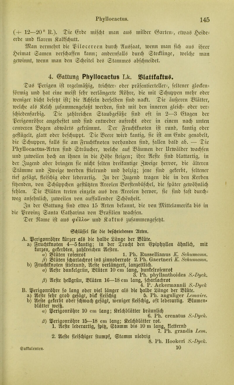 (-4- 12—20° E,). ©ie (Srbe mifdjt man auS milber ©arten;, etinaS §eibe; erbe unb Harem Ätalffd)utt. 3ftan berntef)rt bie ^ßilocereen burd) 5lu3faat, tnentt man fid) au3 il)rcr ^eimat (Santen Derfdjaffen fattit; aitbernfattS burd) Stedlinge, iueldje man gewinnt, h)emt man ben Sdjeitel beö Stammes abfdfneibet. 4. ©attunij Phyllocactus Lk. ©aS ^ßerigon ift regelmäßig, trister; ober präfentiertetler;, feltener gloden; förmig unb l)at eine meift fe^r Oerlängerte Ütöfyre, bie mit Sd) uppen mel)r ober Weniger bid)t befeßt ift; bie 2ld)feln berfelBen finb nadt. ©ie äußeren Blätter, iueldje a13 Kcld) zufammengefaßt toerben, finb mit ben inneren gleid); ober Der; fdjiebenfarbig. ©ie zal)treid)en Staubgefäße finb oft in 2—3 (Stagen ber ^erigonröljre ange^eftet unb finb enüoeber aufredft ober in einem nad) unten conüeren 23ogeit abtoärtS gefrümmt. ©er ^ruepttnoten ift runb, fantig ober geflügelt, glatt ober befdfuppt. ©ie SBcere totrb fantig, fie ift am (Snbe genabelt, bie Schuppen, falls fie am grudptfnoten oorpanben finb, fallen halb ab. — ©ie Pliyllocactus-Slrten finb Sträudfer, toeldfe auf Räumen ber Urtoälber inadjfen unb zuzeiten pod) an iljnen in bie §öpe fteigen; il)re 9lefte finb blattartig, in ber Sugenb aber bringen fie niept feiten breifantige 3toeige perbor, bie älteren Stämme unb 3iliei3e Serben ftielrunb unb potzig; feite finb geferbt, feltener tief gefägt, fleifdjig ober leberartig. 3>it ber ^ugenb tragen bie in ben Serben fißenbeit, ooit Scpüppcpen geftüßten 5lreolen 23orftenbüfcpel, bie fpäter getoöpnlicp fehlen, ©ie ^Blüten treten einzeln aitS ben Areolen perbor, fie finb faft burd); toeg anfepnlicp, zuto eilen Don auffallenber Sdjönpeit. 3n ber ©attung finb ettoa 15 9lrten befannt, bie Don dftittelamerifa bis in bie Sprorinj Santa (Satparina Don 33rafilien toaepfen. ©er üftame ift aus cpvXlov unb KaftuS jufammengefe^t. ©ddüffel für bie befdniebenen Wirten. A. Sperigonröpre fürzer als bie Halbe ßänge ber 23lüte. a) ^rueptfnoten 4—5fantig; in ber Sracpt ben ©pipppden ähnlich, mit furgen, geferbten, zahlreichen Sleften. a) SBlüten rotenrot 1. Ph. Eussellianus K. Schumann. ß) üölüten fcparlacbrot in§ zinnoberrote 2. Ph. Gaertneri K. Schumann. b) $rud)tfnoten ftielrunb, Slefte Derlängert, langettlid). a) riefte bunfelgrün, Blüten 10 cm lang, bunfelrofenrot 3. Ph. phyllanthoides S.-Dyck. ß) 2lefte Hellgrün, 23lüten 16—18 cm lang, fcparlacbrot 4. P. Ackermannii S.-Dyck B. sperigonröljre fo lang ober Diel länger als bie halbe Gärige ber 33litte. a) Slefte fel)r grob gejagt, bid fleifcpig 5. Ph. anguliger Lcmaire. b) 2lefte geferbt ober fepmaeb gefügt, toeniger fleifcbig, oft leberartig. 33Iumens blätter rneiß. a) Sßerigonröbre 10 cm lang; Keldfblätter bräunlicb 6. Ph. crenatus S.-Dyck. ß) SBerigonröpre 15—18 cm lang; Kelchblätter rot. 1. $efte leberartig, fpifc, Stamm bis 10 m lang, fletternb 7. Ph. grandis Jjem. 2. Slefte fleifcbiger ftumpf, Stamm niebrig 8. Ph. Hookeri S.-Dyck. 10 (SufhUenten.