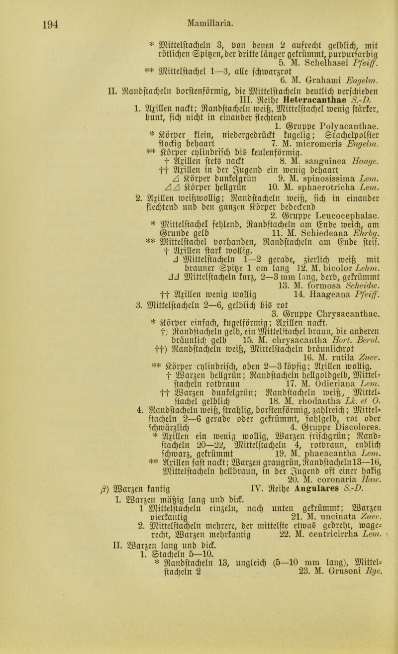 * SJUttelftacheln 3, bon benen 2 aufrecht gelblich, mit rötlichen ©pipcn, ber brüte langer gefriimmt, purpurfarbig 5. M. Schelhasei Pfeift'. ** äJUttelftacpel 1—3, alle fcfjmargrot 6. M. Graliami Engelm. II. sftanbftadjeln borfteuförmig, bie 3Jtittelftacheln beutlich berfcpieben III. 9Ieil)e Heteracanthae S.-D. 1. SljjiHett nacft; fftanbftacheln lueife, üühttelftadhel meuig ftärfer, bunt, fiep nicht in einanber flecfjtenb 1. ©ruppe Polyacanthae. * Körper Eiein, niebergebrücft Eugeltg; ©tacpelpolfter flocfig behaart 7. M. micromeris Engelm. ** Körper cplinbrifd) bi§ feulenförmig. t Sfritlen ftet§ nacEt 8. M. sanguinea Hctage. ff Sizilien in ber 3ugenb ein menig behaart £ Körper bunfelgriin 9. M. spinosissima Lern. AA Körper hellgrün 10. M. sphaerotricha Lern. 2. Sizilien meißmolltg; S^anbftacfjeln meifj, fich in einanber flechtenb unb ben gangen Körper bebccEenb 2. ©ruppe Leucocephalae. * Sbüttelftacpel fehlenb, Sftanbftacpeln am ©nbe meich, am ©runbe gelb 11. M. Schiedeana Ehrbg. ** Slüttelftacpel borpanben, Sftanbftadheln am ©nbe fteif. f Rillen ftarf mollig. A 9Jüttetftacpetn 1—2 gerabe, gierlicp meife mit brauner ©pipe 1 cm lang 12. M. bicolor Lehm. JA äRittelftadpeln furg, 2—3 mm lang, berb, gefrümmt 13. M. formosa Scheidw. ff Sizilien menig mollig 14. Haageana Pfeiff. 3. äßittelftacpeln 2—6, gelblich bi§ rot 3. ©ruppe Chrysacanthae. * Körper einfach, Eugelförmig; Sizilien nacft. f) 9tanbftacpeln gelb, ein Stfcittelftadpel braun, bie anberen bräunlich gelb 15. M. chrysacantha Hort. Berol. ff) sJtanbftacpetn meifj, äftittelftacpetn bräunlichrot 16. M. rutila Zuce. ** Körper cplinbrifd), oben 2—3 föpfig; Sizilien mollig, f SBargen hellgrün; 9tanbftacpetn pellgolbgelb, SOcittel- ftacpeln rotbraun 17. M. Odieriana Lern. ff SBargen bunfelgriin; sJtanbftacpclu meifj, ÜUiitteP ftacpel gelblich 18. M. rhodantha Lk. et 0. 4. fftanbftacpeln meife, ftraplig, borftenförmig, gaplreicp; 2Jüttel= ftacpeln 2—6 gerabe ober gefrümmt, fahlgelb, rot ober fchmärglid) 4. ©ruppe Discolores. * Sizilien ein menig mollig, Margen frifdhgrün; 9tanb= ftadpeln 20—22, äftittelftacpeln 4, rotbraun, enblich fdhmarg, gefrümmt 19. M. phaeacantha Lern. ** Spillen faft nacft; SB argen graugrün, manbftacpeln 13—16, äfttüelftacpeln hellbraun, in ber Qugenb oft einer liaftg 20. M. coronaria Haw. ß) SBargen fautig IV. ^teipe Angulares S.-D. I. SB argen mäßig lang itnb bicf. 1 9Jtittelftadheln eingeln, nad) unten gefrümmt; SBargen bierfantig 21. M. uncinata Zuce. 2. äftittelftacpeln mehrere, ber mittelfte etma§ gebrept, mage= red;t, SBargen meprfantig 22. M. centricirrlia Lern. • II. SB argen lang unb bicf. 1. (Stacheln 5—10. * 9tanbftacheltt 13, ungleich (5—10 mm lang), 2)iittel= ftadjeln 2 23. M. Grusoni Pge.