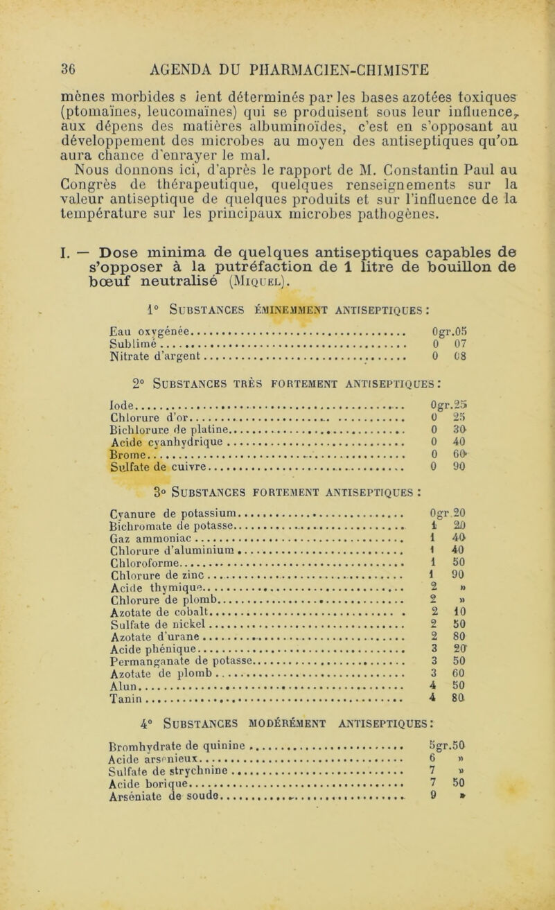 mènes morbides s ient déterminés par les bases azotées toxiques (ptomaïnes, leucoinaïnes) qui se produisent sous leur influence?, aux dépens des matières albuminoïdes, c’est en s’opposant au développement des microbes au moyen des antiseptiques qu'on aura chance d'enrayer le mal. Nous donnons ici, d’après le rapport de M. Constantin Paul au Congrès de thérapeutique, quelques renseignements sur la valeur antiseptique de quelques produits et sur l’influence de la température sur les principaux microbes pathogènes. I. — Dose minima de quelques antiseptiques capables de s’opposer à la putréfaction de 1 litre de bouiHon de bœuf neutralisé (Miquel). 1° Substances éminemment antiseptiques : Eau oxygénée 0gr.05 Sublimé 0 07 Nitrate d’argent 0 08 2° Substances très fortement antiseptiques: Iode Ogr.25 Chlorure d’or .. 0 25 Biclilorure de platine 0 30 Acide cyanhydrique 0 40 Brome 0 60 Sulfate de cuivre .. 0 90 3° Substances fortement antiseptiques : Cyanure de potassium... Bichromate de potasse.... Gaz ammoniac Chlorure d’aluminium ... Chloroforme Chlorure de zinc........ Acide thymique Chlorure de plomb Azotate de cobalt Sulfate de nickel Azotate d’urane Acide phénique Permanganate de potasse, Azotate de plomb Alun Tanin Ogr 20 1 20 1 40 1 40 1 50 1 90 2 » 2 » 2 10 2 50 2 80 3 20 3 50 3 60 4 50 4 80 4° Substances modérément antiseptiques: Bromhydrate de quinine . 5gr.50 Acide arsr-nieux 6 » Sulfate de strychnine 7 » Acide borique 7 50 Arséniate de soude 9 »