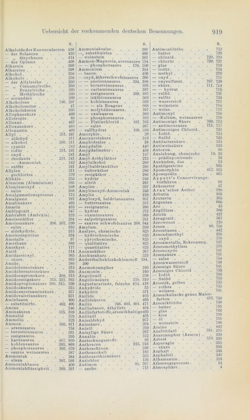 s. — der Solaneen . 430 — ,, Strychneen . . 414 — des Opiums 408 Alkarsin .... . 308 Alkarsine .... 308 Alkohol . 258 Alkohole .... 258 — der Allylreihe . 260 — ,, Cinuamylreihe. 260 — Benzylreihe . . 260 — ,, Methylreihe 260 — secundäre . 260 Alkoholene 196. 297 Alkoholometer . . 47 Alkoholsäuren 305 Allophansäure . . 460 Allotropie .... 88 Alloxan . 467 Alloxansäure . 463 Alloxantin .... . 468 Allyl 231. 241 — aldehyd .... . 311 — alkohol 260. 311 — cyanür .... . 212 — iodür .... 231. 241 — oxyd . 241 — rhodanür . 231. 241 -Ammoniak 242 — sulfür .... 241 Allylen . 311 — gechlortes . 270 Althäin . 355 Alumium (Aluminium) 586 Alumiumoxyd . . 588 — salze .... 5S8 Amalgamationsprocess . . 772 Amalgame 787 Amalinsäure . 469 Amarin .... 453 Amblygonit .... . 547 Ambrafett (Ambräin) . 223 Ameisenäther . 284 Ameisensäure . . 306. 307. 330 — salze . 333 — aldehydirte. 313 Ameisenspiritus . 334 Ametalle .... 97 Amethane . . . . . 389 Amethyst .... 177 Amid . 314 Amidacetoxyl . 365 — säure . 365 A mide 389 AinidobenzoäBäure . . 315 Amidobernsteinsäure . 356 Amidocapronsäure . 268. 315 Amidoessigsäure . 315. 351. 365 Amidopropionsäure 268. 315. 330 Amidosäuren . 315 Amidosuccinaminsäure . . 357 Amidovaleriansäure . 351 Aminbasen .... . 400 — substituirte. 402. 406 Amine . 246 Aminsäuren . 315. 389 Ammelid .... . 523 Ammeiin .... 523 Ammon 386. 871 ■— arsensaures 754 — bernsteinsaures . . 395 — essigsaures. 395 — harnsaures . 467. 890 — kohlensaures . 393. 868 — phosphorsaures . 392. 870 — saures weinsaures . 387 Ammoniak .... . 384 — alaun .... 387. 592 Ammoniakbasen . 400 Ammoniakflüssigkeit . 389. 391 s. Ammoniaksalze. . . . 387 —, substituirtes . . . 40ü — Weinstein .... 501 Ammon-Magnesia, arsensaure 754 phospliorsaure . 170. 580 Ammonium .... 384 — basen 400 — oxyd, ätherschwefelsaures 366 ameisensaures. . 334. 388 bernsteinsaures . . 395 — — carbaminsaures . . 387 essigsaures . . 388. 395 isäthionsaures . . 366 kohlensaures . . 393 als Reagens . . 868 molybdänsaures. . 707 oxalsaures . . . 388 phosphorsaures . . 392 Platinchlorid . . 387. 763 salze .... 387 — sulfhydrat . . . 106. 396 Amorphie 28 Amoxacetsäure .... 3l3 Amphidsalze .... 24 Amygdalin 449 Amygdalinsäur-.: . . . 456 Amyl 197 Amyl-Aethyläther . . 275 Amylalkohol .... 266 Amylbaldrianäther . . 286 — butteräther .... 286 — essigäther .... 286 — hydrür 246 — nitrit 281 Amylen 297 Amylenoxyd-Ammouiak . 243 Amylin 210 Amyloxyd, baldriansaures 287 — buttersaures .... 287 — essigsaures. . . . 286 — hydrat 272 — oxaminsaures . . . 389 — salpetrigsaures . . . 281 — saures schwefelsaures 268. 344 Amylum 209 Analyse, chemische . . 823 — hydrochemische . . . 825 — pyrochemische. . . 825 — qualitative .... 823 — quantitative . . . 823 Ananasäther .... 287 Anchusaharz .... 225 Anderthalbchlorkohlenstoff 194. 290 Anemoncamplier . . . 240 Anemonin 240 Angelicaöl 238 Angelicasäure . . 238. 310 Angusturarinde, falsche 414. 418 Anhydride Anhydrit Anilide Anilidsäuren Anilin 53 . 571 405 . 405 246. 403. 404. 471 Anilinbasen, ätliylirte . . 404 Anilinfarbstoffe,arseniklialtige405 Anilinöl . Anisaldehyd Anissäure . Anisöl . Anisylige Säure Annalin . Ansteckungsstoffe Anthracen . Anthrachinon. Anthracokali Antlirazothionsäui Antichlor Antimon . — asche. 405 267 304 250 267 572 245. 246 246 . 183 523 . 136 88. 707 ! . 713 I Autimonblüthe — butter — chlorid. — chlorür . — glas — iodür. — methyl . — oxyd . — oxysulfuret — säure. hydrat — sultid. — sulfilr . — Wasserstoff — Weinstein — weiss. Antimonyl — -Kalium, weinsaures Antimonige Säure — antimousaure Antimoniges Chlorid . — Iodid. — Sulfid .... Antitartersäure . Antiweinsäure Antozon. Anziehung, chemische — prädisponirende . Anztinden, das Apatitgesteine . Apomorphin . Aposepedin . Appert’s Conserviruu verfahren . Aräometer Aran’scher Aether Arbutin Arctuvin Argentan . Are Argillium . Aricin .... Arragonit. Arrowroot . Arsen .... Arsenbasen . Arsendimethyl — oxyd .... Arsenmetalle, Erkennur Arsenmethylium Arsenoxyde Arsensäure . — salze Arsen Wasserstoff Arsenige Säure Arseniges Chlorid — Iodid . — Sulfid Arsenik, gelbes — rothes — weisses. Arsenikalische grüne M färben .... Arsenikblüthe — butter .... — glas .... — kies .... —öl .... — Weinstein . Arsine .... Asafötidaöl Asarcampher (Asarin) Asbest .... Asparagin . — säure .... Asphalt .... Asphaltöl .... Athamantin . Athmungsprocess . Atmosphäre . 41 gs- 720. 720. 707 711 709. 711. s. 712 720 724 721 713 724 276 711 728 714 715 731 724 711 718 717 718 718 712 717 721 724 725 323 323 99 . 23 19 13 563 413 465 19. aler 67 241 579 88. 7; 93 47 290 205 205 666 45 586 427 567 210 736 442 276 276 737 276 741 751 754 738 741 755 756 755 755 755 741 6. 7 750 736 755 742 736 755 748 442 275 239 593 355 355 244 245 224 14 4