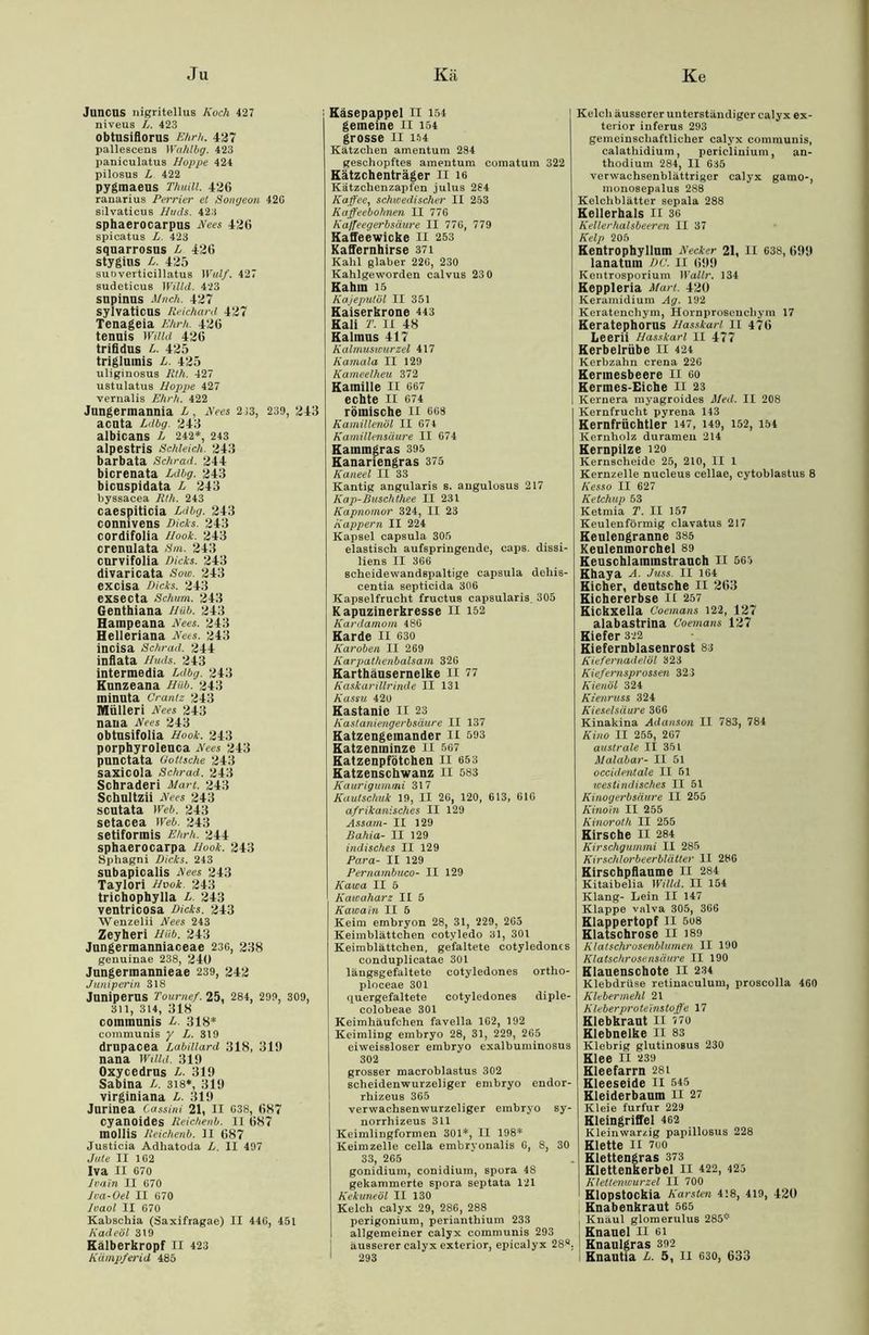 Ju Kä Ke JunCUS nigritellus Koch 427 niveus L. 423 obtusiflorus Ehrh. 427 pallescens Wahlbg. 423 paniculatus Hoppe 424 pilosus L 422 pygmaeus ThuiU. 426 ranarius Perrier et Songeon 42C silvaticus Huds. 42:) sphaerocarpus Hees 426 spicatus L. 423 squarrosns L 426 stygius L. 425 sut> verticillatus Wulf. 427 sudeticus Willd. 423 snpinus Mnch. 427 syivaticus Reichard 427 Tenageia Ehrh. 426 tennis Willd 426 trifidus L. 425 trigluinis L. 425 uliginosus Itth. 427 ustulatus Hoppe 427 vernalis Ehrh. 422 Jungerinannia L, Hees 233, 239, 2 4 3 acnta Ldbg. 243 albicans L 242*, 243 alpestris Schleich. 243 barbata Schrad. 244 bicrenata Ldbg. 243 bicuspidata L 243 byssacea IV.h. 243 caespiticia Ldbg. 243 connivens Picks. 243 cordifolia Hook. 243 crenulata Sm. 243 cnrvifolia Dicks. 243 divaricata Sow. 243 excisa Dicks. 243 exsecta Schum. 243 Gentbiana nab. 243 Hainpeana Hees. 243 Helleriana Hees. 243 incisa Schrad. 244 inflata Huds. 243 intermedia Ldbg. 243 Kunzeana Hüb. 243 minuta Crantz 243 Mülleri Hees 243 nana Hees 243 obtusifolia Hook. 243 porphyroleuca Hees 243 punctata Gotische 243 saxicola Schrad. 243 Schraderi Mart. 243 Scbnltzii Hees 243 scutata Web. 243 setacea Web. 243 setifonnis Ehrh. 244 sphaerocarpa Hook. 243 Sphagni Dicks. 243 subapicalis Hees 243 Taylori Hook. 243 trichophylla L. 243 ventricosa Dicks. 243 Wenzelii Hees 243 Zeyheri Hiib. 243 Jungermanniaceae 236, 238 genuinae 238, 24U Jungennannieae 239, 242 Juniperin 318 Juniperns Tournef. 25, 284, 299, 309, 311, 314, 318 communis L. 318* communis y L. 319 drnpacea Labiiiard 318, 319 nana Willd. 319 Oxycedrus L. 319 Sabina L. 318*, 319 virginiana L. 319 Jurinea Cassini 21, II 038, 687 cyanoides Reichenb. II 687 mollis Reichenb. II 687 Justicia Adhatoda L. II 497 Jute II 162 Iva II 670 Ivain II 670 Ica-Oel II 670 luaol II 670 Kabschia (Saxifragae) II 446, 451 Kadeöl 319 Kälberkropf II 423 Käsepappel II 154 gemeine II 154 grosse II 154 Kätzchen amentum 284 geschöpftes amentum comatum 322 Kätzchenträger II 16 Kätzchenzapfen julus 284 Kaffee, schwedischer II 253 Kaffeebohnen II 776 Kaffeegerbsäure II 776, 779 Kaffeewicke II 253 Kaffernhirse 37i Kahl glaber 226, 230 Kahlgeworden calvus 23 0 Kahm 15 Kajeputül II 351 Kaiserkrone 443 Kali T. 11 48 Kalmus 417 Kalmuswurzel 417 Katnala II 129 Kameelheu 372 Kamille fl 667 echte II 674 römische II 608 Kamillenöl II 674 Kamillensäure II 674 Kammgras 395 Kanariengras 375 Kaneel II 33 Kantig angularis s. angulosus 217 Kap-ßuschthee II 231 Kapnomor 324, II 23 Kappern II 224 Kapsel capsula 305 elastisch aufspringende, caps. dissi- liens II 366 scheidewandspaltige capsula deliis- centia septicida 306 Kapselfrucht fructus capsularis. 305 Kapuzinerkresse II 152 Kardamom 486 Karde II 630 Karoben II 269 Karpathenbalsam 320 Karthäusernelke II 77 Kaskarillrinde II 131 Kassu 420 Kastanie II 23 Kastaniengerbsäure II 137 Katzengeinander 11 593 Katzenminze II 567 Katzenpfötchen II 653 Katzenschwanz 11 583 Kaurigummi 317 Kautschuk 19, II 26, 120, 613, 616 afrikanisches II 129 Assam- II 129 Bahia- II 129 indisches II 129 Para- II 129 Pernambuco- II 129 Kawa II ö Kawaharz II 5 Kawain II 5 Keim embryon 28, 31, 229, 205 Keimblättchen cotyledo 31, 301 Keimblättchen, gefaltete cotyledoncs conduplicatae 301 längsgefaltete cotyledones ortho- ploceae 301 quergefaltete cotyledones diple- colobeae 301 Keimhäufchen favella 162, 192 Keimling embryo 28, 31, 229, 265 eiweissloser embryo exalbuminosus 302 grosser macroblastus 302 scheidenwurzeliger embryo endor- rhizeus 365 verwachsenwurzeliger embryo sy- norrhizeus 311 Keimlingformen 301*, II 198* Keimzelle cella embryonalis 6, 8, 30 33, 265 gonidium, conidium, spora 48 gekammerte spora septata 121 Kekuneöl II 130 Kelch calyx 29, 286, 288 perigonium, perianthium 233 allgemeiner calyx communis 293 äusserer calyx exterior, epicalyx 289, Kelch äusserer unterständiger calyx ex- terior inferus 293 gemeinschaftlicher calyx communis, calathidium, periclinium, an- thodium 284, II 6)5 verwachsenblättriger calyx gamo-, monosepalus 288 Kelchblätter sepala 288 Kellerhals II 36 Kellerhalsbeeren II 37 Kelp 205 Kentrophyllnm Kecker 21, II 638, 699 lanatum DC. II (i99 Kentrosporium Wallr. 134 Keppleria Mart. 420 Keramidium Ag. 192 Keratencliym, Hornproseucliym 17 Keratephorus Hasskarl. II 476 Leerii Hasskarl II 477 Kerbelrübe II 424 Kerbzahn crena 226 Kermesbeere 11 oo Kermes-Eiche II 23 I Kernera myagroides Med. II 208 Kernfrucht pyrena 143 Kernfrüchtler 147, 149, 152, 154 Kernholz durameu 214 Kernpilze 120 Kernscheide 25, 210, II 1 Kernzelle nucleus cellae, cytoblastus 8 Kesso II 627 Ketchup 53 Ketmia T. II 157 Keulenförmig clavatus 217 Keulengranne 385 Keulenmorchel 89 Keuschlammstrauch II 565 Khaya A. Juss. II 164 Kicher, deutsche II 263 Kichererbse 11 257 Kickxella Coemans 122, 127 alabastrina Coemans 127 Kiefer 322 Kiefernblasenrost 83 Kiefernadel öl 323 Kiefet'tisprossen 323 Kienöl 324 Kienruss 324 Kieselsäure 3G6 Kinakina Adanson II 783, 784 Kino II 255, 2G7 australe II 351 Malabar- II 51 occidentale II 51 westindisches II 51 Kinogerbsäure II 255 Kinoin II 255 Kinoroth II 255 Kirsche II 284 Kirschgummi II 285 Kirschlorbeerblätter II 28G Kirschpflaume II 284 Kitaibelia Willd. II 154 Klang- Lein II 147 Klappe valva 305, 3G6 Klappertopf II 508 Klatschrose II 189 Klatschrosenblumen II 190 Klatschrosensäure II 190 Klauenschote II 234 Klebdrüse retinaculum, proscolla 460 Kleber mehl 21 Kleberproteinstoffe 17 Klebkraut II 770 Klebnelke n 83 Klebrig glutinosus 230 Klee II 239 Kleefarrn 28i Kleeseide II 545 Kleiderbaum II 27 Kleie furfur 229 Kleingriffel 462 Kleinwarzig papillosus 228 Klette II 700 Klettengras 373 Klettenkerbel II 422, 425 Klettenwurzel II 700 Klopstockia Karsten 418, 419, 420 Knabenkraut 5G5 , Knäul gloraerulus 285* Knäuel II gi Knaulgras 392