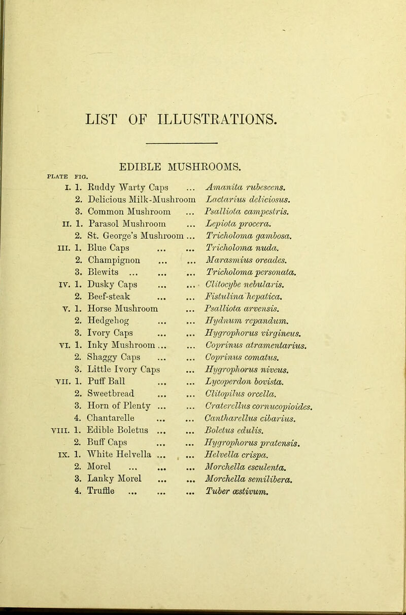 LIST OF ILLUSTRATIONS, EDIBLE MUSHROOMS. FIG. 1. Ruddy Warty Caps 2. Delicious Milk-Mushroom 3. Common Mushroom 1. Parasol Mushroom 2. St. George’s Mushroom ... 1. Blue Caps 2. Champignon 3. Blewits 1. Dusky Caps 2. Beef-steak 1. Horse Mushroom 2. Hedgehog 3. Ivory Caps 1. Inky Mushroom ... 2. Shaggy Caps 3. Little Ivory Caps 1. Puff Ball 2. Sweetbread 3. Horn of Plenty 4. Chantarelle 1. Edible Boletus ... 2. Buff Caps 1. White Helvella ... 2. Morel 3. Lanky Morel 4. Truffle Amanita rubcscens. Lactarius deliciosus. Psalliota campcstris. Lcpiota proccra. Tricholoma gambosa. Tricholoma nuda. Marasmius oreadcs. Tricholoma per sonata. Clitocybe nebularis. Fistulina hcpatica. Psalliota arvensis. Hydnum repandum. Hygrophorus xirgineus. Coprinus atramentarius. Coprinus comatus. Hygrophorus niveus. Lycoperdon bovista. Clitopilus orcella. Cratercllus cornucopioidcs. Cantharellus cilarius. Boletus edulis. Hygrophorus pratensis. Helvella crispa. Morchella esculenta. Morchella semilibera. Tuber cestivum.