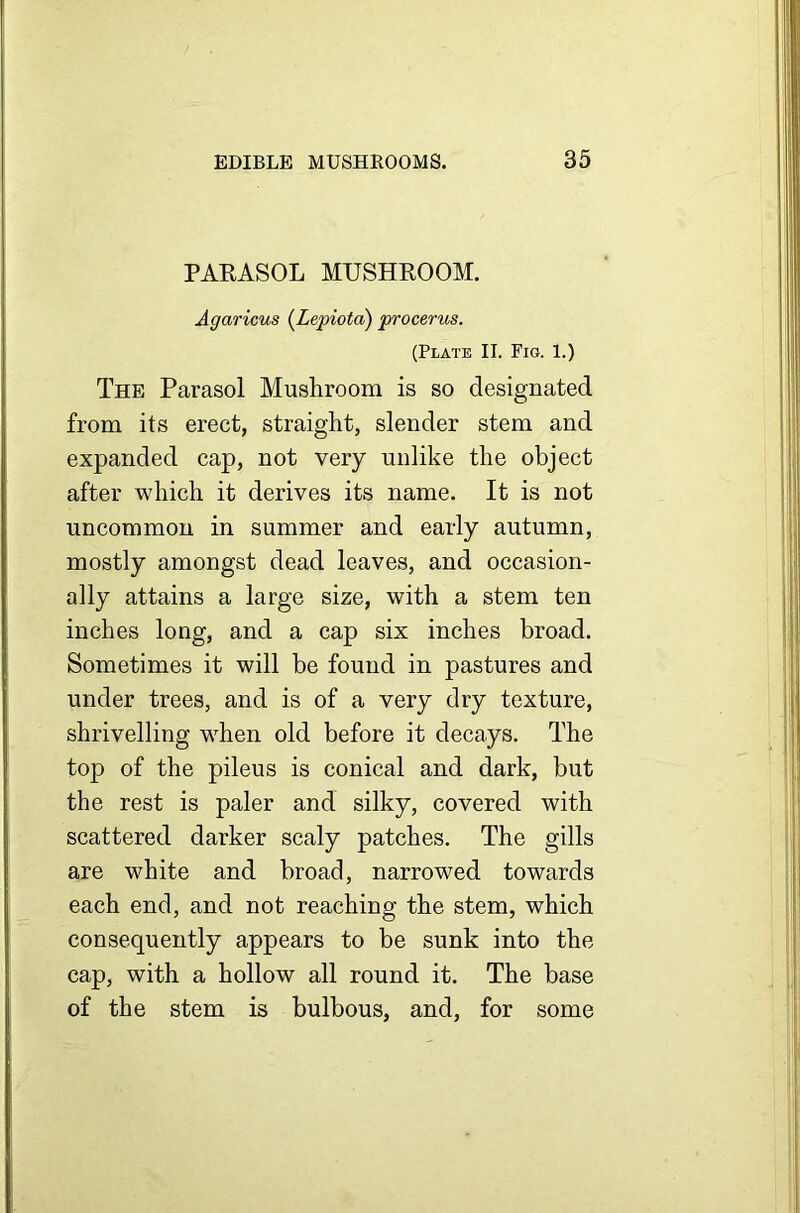 PARASOL MUSHROOM. Agaricus (Lepiota) procerus. (Plate II. Fig. 1.) The Parasol Mushroom is so designated from its erect, straight, slender stem and expanded cap, not very unlike the object after which it derives its name. It is not uncommon in summer and early autumn, mostly amongst dead leaves, and occasion- ally attains a large size, with a stem ten inches long, and a cap six inches broad. Sometimes it will be found in pastures and under trees, and is of a very dry texture, shrivelling when old before it decays. The top of the pileus is conical and dark, but the rest is paler and silky, covered with scattered darker scaly patches. The gills are white and broad, narrowed towards each end, and not reaching the stem, which consequently appears to be sunk into the cap, with a hollow all round it. The base of the stem is bulbous, and, for some