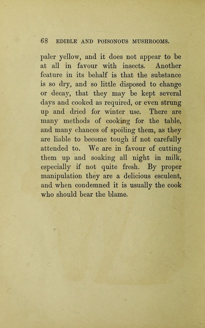 paler yellow, and it does not appear to be at all in favour with insects. Another feature in its behalf is that the substance is so dry, and so little disposed to change or decay, that they may be kept several days and cooked as required, or even strung up and dried for winter use. There are many methods of cooking for the table, and many chances of spoiling them, as they are liable to become tough if not carefully attended to. We are in favour of cutting them up and soaking all night in milk, especially if not quite fresh. By proper manipulation they are a delicious esculent, and when condemned it is usually the cook who should bear the blame.