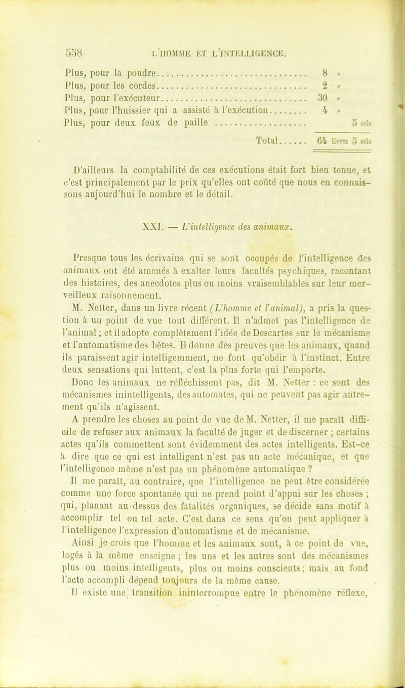 l.’llOM.MK KT 1,’lNI'KU.IGKNCK. Plus, pour la poudre 8 > Plus, pour les cordes 2 » Plus, pour l’exécuteur liO » Plus, pour l’huissier qui a assisté à l’exécution 4 > Plus, pour deux feux de paille o s'jU Total 64 lirrts 5 sois D’ailleurs la comptabilité de ces exécutions était fort bien tenue, et c’est principalement par le prix qu’elles ont coûté que nous en connais- sons aujourd’hui le nombre et le détail. XXI. — L’intelligence des animaux. Presque tous les écrivains qui se sont occupés de l’intelligence des animaux ont été amenés à exalter leurs facultés psychiques, racontant des histoires, des anecdotes plus ou moins vraisemblables sur leur mer- veilleux raisonnement. M. Netter, dans un livre récent (L’homme et l’animal), a pris la ques- tion à un point de vue tout différent. Il n’admet pas l’intelligence de l’animal; et il adopte complètement l’idée de Descartes sur le mécanisme et l’automatisme des bêtes. Il donne des preuves que les animaux, quand ils paraissent agir intelligemment, ne font qu’obéir îi l’instinct. Entre deux sensations qui luttent, c’est la plus forte qui l’emporte. Donc les animaux ne réfléchissent pas, dit M. Netter : ce sont des mécanismes inintelligents, des automates, qui ne peuvent pas agir autre- ment qu’ils n’agissent. A prendre les choses au point de vue de M. Netter, il me paraît diffi- cile de refuser aux animaux la faculté de juger et de discerner ; certains actes qu’ils commettent sont évidemment des actes intelligents. Est-ce à dire que ce qui est intelligent n’est pas un acte mécanique, et que l’intelligence même n’est pas un phénomène automatique ? Il me paraît, au contraire, que l’intelligence ne peut être considérée comme une force spontanée qui ne prend point d’appui sur les choses ; qui, planant au-dessus des fatalités organiques, se décide sans motif à accomplir tel ou tel acte. C’est dans ce sens qu’on peut appliquer à l’intelligence l’expression d’automatisme et de mécanisme. Ainsi je crois que l’homme et les animaux sont, à ce point de vue, logés à la môme enseigne ; les uns et les autres sont des mécanismes plus ou moins intelligents, plus ou moins conscients; mais au fond l’acte accompli dépend toujours de la môme cause. 11 existe une^ transition ininterrompue entre le phénomène rélle.xe.