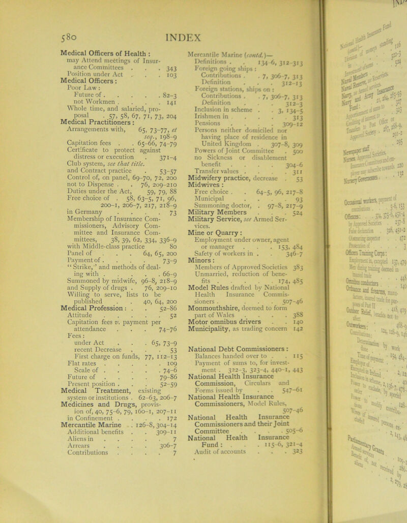 Medical Officers of Health : may Attend meetings of Insur- ance Committees . Position under Act .. Medical Officers: Poor Law : Future of not Workmen .... Whole time, and salaried, pro- „„ Posal • .5.7, 58, 67, 71, 73, 204 Medical Practitioners: Arrangements with, 343 103 82-3 141 65, 73-77. et seg., 198-9 65-66, 74-79 against 371-4 Capitation fees . Certificate to protect distress or execution Club system, see that title. and Contract practice . 53—57 Control of, on panel, 69-70, 72, 200 not to Dispense . . 76, 209-210 Duties under the Act, 59, 79, 88 Free choice of . 58, 63-5, 71, 96, 200-1, 206-7, 217, 218-9 in Germany . . . . 73 Membership of Insurance Com- missioners, Advisory Com- mittee and Insurance Com- mittees, 38, 39, 62, 334, 336-9 with Middle-class practice 80 Panel of 64, 65, 200 Payment of. . . . 73~9 “ Strike,’ and methods of deal- ing with 66-9 Summoned by midwife, 96-8, 218-9 and Supply of drugs . 76, 209-10 Willing to serve, lists to be published . . 40, 64, 200 Medical Profession: . . 52-86 Attitude 52 attendance 74-76 Fees : under Act • 65, 73-9 recent Decrease • 53 First charge on funds, 77, 112-13 Flat rates . 109 Scale of . • 74-6 Future of 79-86 Present position . 52-59 Medical Treatment, existing system or institutions . 62-63, 206-7 Medicines and Drugs, provis- ion of, 40, 75-6, 79, 160-1, 207-11 in Confinement Mercantile Marine Additional benefits Aliens in Arrears Contributions . 172 126-8,304-14 . 309-11 • • 7 306-7 . - 7 Mercantile Marine (could.)— Definitions. , 1346,312-313 Foreign going ships: Contributions . .7, 306 7, 313 Definition . . . 312-13 Foreign stations, ships on : Contributions . . 7, 306-7, 313 Definition . . . 312-3 Inclusion in scheme . . 3, 134-5 Irishmen in 313 Pensions .... 309-12 Persons neither domiciled nor having place of residence in United Kingdom . 307-8, 309 Powers of Joint Committee . 500 no Sickness or disablement benefit .... 304-6 Transfer values . . . . 311 Midwifery practice, decrease . 53 Midwives : Free choice . . 64-5, 96, 217-8 Municipal .... 93 Summoning doctor, . 97-8, 217-9 Military Members . . . 524 Military Service, see Armed Ser- vices. Mine or Quarry: Employment under owner, agent or manager . . . 153, 4S4 Safety of workers in . . 346-7 Minors: Members of Approved Societies 383 Unmarried, reduction of bene- fits 174, 4S5 Model Rules drafted by National Health Insurance Commis- sioners . ... 507-46 Monmouthshire, deemed to form part of Wales .... 3S8 Motor omnibus drivers . 140 Municipality, as trading concern 142 National Debt Commissioners: Balances handed over to . . 115 Payment of sums to, for invest- ment . 322-3. 323-4. 440-1, 443 National Health Insurance Commission, Circulars and Forms issued by . . 547-61 National Health Insurance Commissioners, Model Rules, 507-46 National Health Insurance Commissioners and their Joint Committee .... 505-6 National Health Insurance Fund: . . . 115-6. 32I~4 Audit of accounts . . . 323 -i