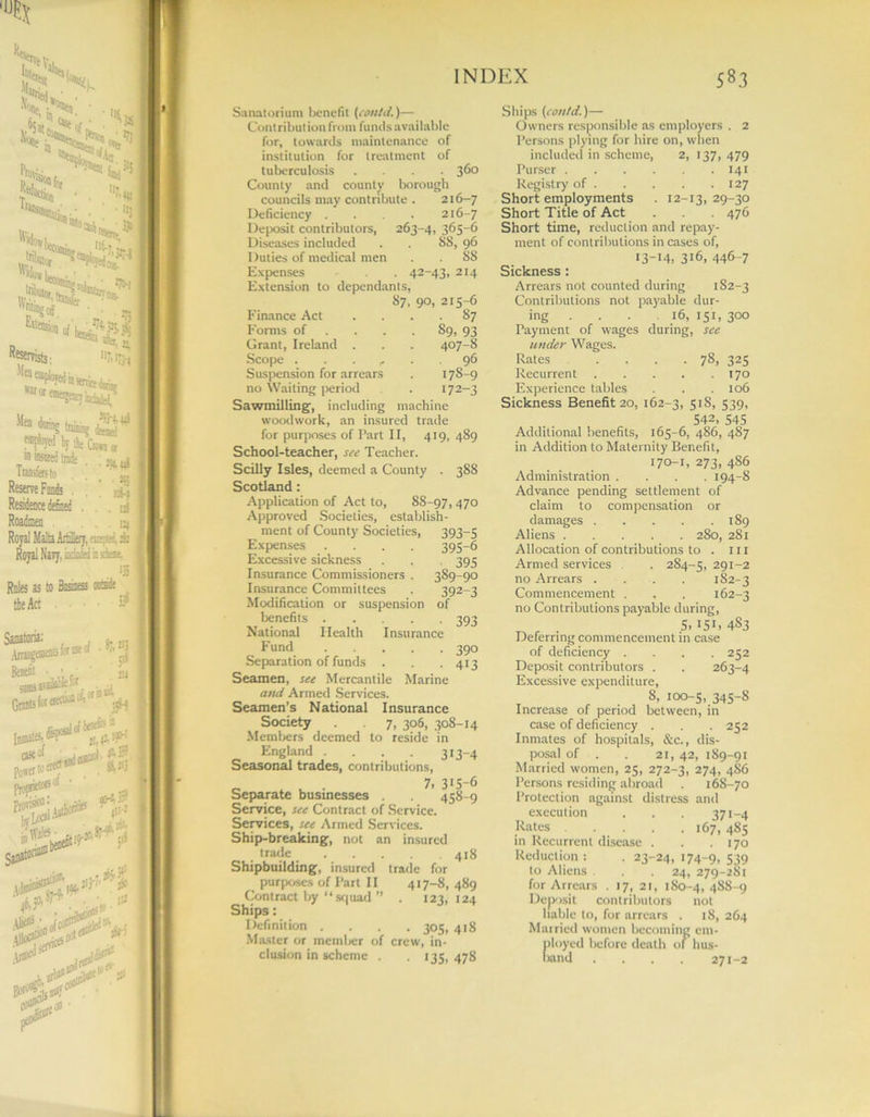Sanatorium benefit (could.)— Contribution from funds available for, towards maintenance of institution for treatment of tuberculosis .... 360 County and county borough councils may contribute . 216-7 Deficiency .... 216-7 Deposit contributors, 263-4, 363-6 Diseases included . . 88, 96 Duties of medical men . . 88 Expenses . 42-43, 214 Extension to dependants, 87, 90, 213-6 Finance Act .... 87 Forms of . . .89, 93 Grant, Ireland . . . 407-8 Scope ....... 96 Suspension for arrears . 17S-9 no Waiting period . 172-3 Sawmilling;, including machine woodwork, an insured trade for purposes of Part II, 419, 489 School-teacher, see Teacher. Scilly Isles, deemed a County . 388 Scotland: Application of Act to, 88-97, 470 Approved Societies, establish- ment of County Societies, 393-5 Expenses .... 395-6 Excessive sickness . . 395 Insurance Commissioners . 389-90 Insurance Committees . 392-3 Modification or suspension of benefits 393 National Health Insurance Fund 390 Separation of funds . . .413 Seamen, see Mercantile Marine and Armed Services. Seamen’s National Insurance Society . 7, 306, 308-14 Members deemed to reside in England . . . 313-4 Seasonal trades, contributions, „ . 7, 3*5-6 Separate businesses . . 458 9 Service, see Contract of Service. Services, see Armed Services. Ship-breaking, not an insured trade 418 Shipbuilding, insured trade for purposes of Part II 417-8, 489 Contract by “squad ” . 123, 124 Ships: Definition .... 305, 418 Master or member of crew, in- clusion in scheme . . 135, 478 Ships (contd.)— Owners responsible as employers . 2 Persons plying for hire on, when included in scheme, 2, 137, 479 Purser 141 Registry of 127 Short employments . 12-13,29-30 Short Title of Act . . 476 Short time, reduction and repay- ment of contributions in cases of, 13-14, 316, 446-7 Sickness : Arrears not counted during 182-3 Contributions not payable dur- ing ... . 16, 151, 300 Payment of wages during, see under Wages. Rates .... 78, 325 Recurrent 170 Experience tables . . .106 Sickness Benefit 20, 162-3, 5*81 539* 542, 545 Additional benefits, 165-6, 486, 487 in Addition to Maternity Benefit, 170-1, 273, 4S6 Administration .... 194-8 Advance pending settlement of claim to compensation or damages 189 Aliens 280, 281 Allocation of contributions to . ill Armed services . 284-5, 291-2 no Arrears .... 1S2-3 Commencement . . . 162-3 no Contributions payable during, 5. 151 > 4S3 Deferring commencement in case of deficiency .... 252 Deposit contributors . . 263-4 Excessive expenditure, 8, 100-5, 345-8 Increase of period between, in case of deficiency . . . 252 Inmates of hospitals, &c., dis- posal of . . 21, 42, 189-91 Married women, 25, 272-3, 274, 486 Persons residing abroad . 168-70 Protection against distress and execution . . . 371-4 Rates . . . . . 167, 4S5 in Recurrent disease . . .170 Reduction : . 23-24, 174-9, 539 to Aliens . .24, 279-281 for Arrears . 17, 21, 180-4, 488-9 Depjsit contributors not liable to, for arrears . 18, 264 Married women becoming em- ployed before death of hus- band . . . . 271-2