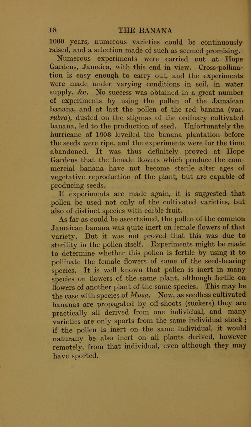 1000 years, numerous varieties could be continuously raised, and a selection made of such as seemed promising. Numerous experiments were carried out at Hope Gardens, Jamaica, with this end in view. Cross-pollina- tion is easy enough to carry out, and the experiments were made under varying conditions in soil, in water supply, &c. No success was obtained in a great number of experiments by using the pollen of the Jamaican banana, and at last the pollen of the red banana (var. rubra), dusted on the stigmas of the ordinary cultivated banana, led to the production of seed. Unfortunately the hurricane of 1903 levelled the banana plantation before the seeds were ripe, and the experiments were for the time abandoned. It was thus definitely proved at Hope Gardens that the female flowers which produce the com- mercial banana have not become sterile after ages of vegetative reproduction of the plant, but are capable of producing seeds. If experiments are made again, it is suggested that pollen be used not only of the cultivated varieties, but also of distinct species with edible fruit. As far as could be ascertained, the pollen of the common Jamaican banana was quite inert on female flowers of that variety. But it was not proved that this was due to sterility in the pollen itself. Experiments might be made to determine whether this pollen is fertile by using it to pollinate the female flowers of some of the seed-bearing species. It is well known that pollen is inert in many species on flowers of the same plant, although fertile on flowers of another plant of the same species. This may be the case with species of Musa. Now, as seedless cultivated bananas are propagated by ofl-shoots (suckers) they are practically all derived from one individual, and many varieties are only sports from the same individual stock; if the pollen is inert on the same individual, it would naturally be also inert on all plants derived, however remotely, from that individual, even although they may have sported.