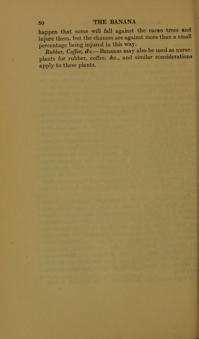 happen that some will fall against the cacao trees and injure them, but the chances are against more than a small percentage being injured in this way. Rubber, Coffee, Bananas may also be used as nurse- plants for rubber, coffee, &c., and similar considerations apply to these plants.