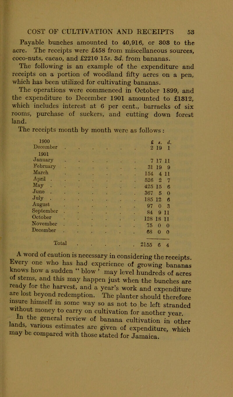Payable bunches amounted to 40,916, or 308 to the acre. The receipts were £458 from miscellaneous sources, coco-nuts, cacao, and £2210 155. 3d. from bananas. The following is an example of the expenditure and receipts on a portion of woodland fifty acres on a pen, which has been utilized for cultivating bananas. The operations were commenced in October 1899, and the expenditure to December 1901 amounted to £1812, which includes interest at 6 per cent., barracks of six rooms, purchase of suckers, and cutting down forest land. The receipts month by month were as follows: 1900 December 1901 January February March April . May June . July . August September October November December £ *. d. 2 19 1 7 17 11 31 19 9 154 4 11 526 2 7 425 15 6 367 5 0 185 12 6 97 0 3 84 9 11 128 18 11 75 0 0 68 0 0 2155 6 4 A word of caution is necessary in considering the receipts. Every one who has had experience of growing bananas knows how a sudden “ blow ’ may level hundreds of acres of stems, and this may happen just when the bunches are ready for the harvest, and a year’s work and expenditure are lost beyond redemption. The planter should therefore insure himself in some way so as not to be left stranded without money to carry on cultivation for another year In the general review of banana cultivation in other ands, various estimates are given of expenditure, which may be compared with those stated for Jamaica.