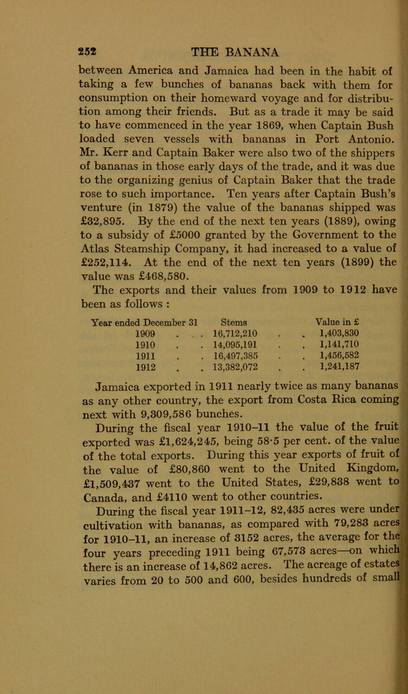 between America and Jamaica had been in the habit of taking a few bimches of bananas back with them for consumption on their homeward voyage and for distribu- tion among their friends. But as a trade it may be said to have commenced in the year 1869, when Captain Bush loaded seven vessels with bananas in Port Antonio. Mr. Kerr and Captain Baker were also two of the shippers of bananas in those early days of the trade, and it was due to the organizing genius of Captain Baker that the trade rose to such importance. Ten years after Captain Bush’s venture (in 1879) the value of the bananas shipped was £32,895. By the end of the next ten years (1889), owing to a subsidy of £5000 granted by the Government to the Atlas Steamship Company, it had increased to a value of £252,114. At the end of the next ten years (1899) the value was £468,580. The exports and their values from 1909 to 1912 have been as follows : Year ended December 31 Stems 1909 . . . 16,712,210 1910 . . 14,096,191 1911 . . 16,497,385 1912 . . 13,382,072 Value in £ 1,403,830 1,141,710 1,456,682 1,241,187 Jamaica exported in 1911 nearly twice as many bananas as any other country, the export from Costa Rica coming next with 9,309,586 bunches. During the fiscal year 1910-11 the value of the fruit exported was £1,624,245, being 58*5 per cent, of the value ■ of the total exports. During this year exports of fruit of j the value of £80,860 went to the United Kingdom, £1,509,437 went to the United States, £29,838 went to Canada, and £4110 went to other countries. During the fiscal year 1911-12, 82,435 acres were under cultivation with bananas, as compared with 79,283 acres for 1910-11, an increase of 3152 acres, the average for the{^ four years preceding 1911 being 67,573 acres—on which| there is an increase of 14,862 acres. The acreage of estate^ varies from 20 to 500 and 600, besides hundreds of smal^