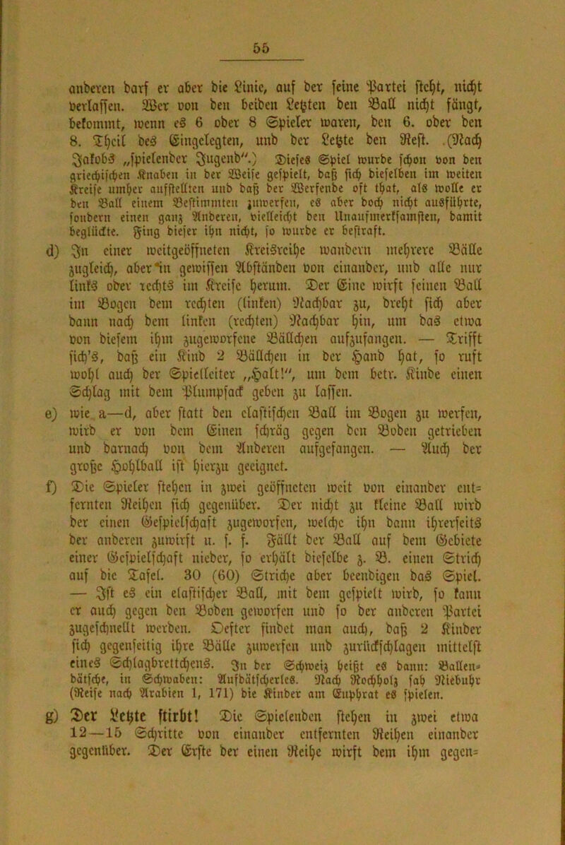 ünbevcn barf cv aber bie Sinic, auf ber feine 'gartet fie^t, ui(f)t toevtaffen. 2Ber »oii ben beiben l'e^ten ben Satt nic^t fängt, befomint, )oenn eä 6 ober 8 Spieler loaren, ben 6. ober ben 8. ‘I^eii be^ (Singelegten, unb ber 2c(jte ben fReft. ,(9iac^ 3iafob3 „fpielenber ^ugenb.) ®iefe8 Spiel tourbe ftbon toon ben flriecbi|(ben Änabeii in bet SBeife gefpielt, baß fiep biefelbeu im toeiten iiteife umber aufflettten unb baß ber SBerfenbe oft tbat, al8 motte et ben 33aff einem 33eftimmten jnmerfen, c8 aber bo^ niept au8fü(itte, fonbetn einen ganj 3(nbeten, oietteitbt ben Unanfmertfamflen, bamit beglüdte. ging biejer ibn niept, fo tontbe et beftraft. d) 3» einer loeitgeöffneten Ärei§reibe luanberu mehrere Sötte jugteid), ober*tn gemtffen ^Ibftänben Don cinanber, unb alle mir Iinl5 ober recf)t3 im Greife be^nin. Ü)er (Sine wirft feinen Satt im Sogen bem rechten ((inten) 9{od)t»ar ju, bre^t fic^ aber bann nad) bem Unten (regten) 'J?ai^bar um baä etwa Don biefem i^m äitgeworfene Sättd^en aufjufangen. — ^trifft fid)’§, baß ein Sinb 2 Sättd)en in ber §anb ()at, fo ruft wol}( auc^ ber ©pietteitcr „§alt!, um bem betr. Jlinbe einen Sd)tag mit bem 'f^tumpfaef geben ju laffen. e) wie a—d, aber ftott ben elaftifd)en Satt im Sogen ju werfen, wirb er oon bem (Sinen fdjräg gegen ben Soben getrieben unb barnac^ Oon bem ^tnberen aufgefangen. — ^ilnd) ber große §ol)lbatt ift (jierju geeignet. f) !Die Spieler ftetjen in jwei geöffneten weit oon einanber eut= fernten fHei^cn fic^ gegenüber. ®er nidjt jn tlcine Satt wirb ber einen @efpielfd)aft jugeworfen, we(d)c i^n bann it)rerfeitä ber anberen juwirft u. f. f. gättt ber Satt auf bem (Sebiete einer (äefpielfc^aft nieber, fo erl)ält biefelbe j. S. einen Strid^ auf bie j£afe(. 30 (60) Striche aber beenbigen baä Spiet. — 3ft cS ein etoftifc^er Satt, mit bem gefpielt wirb, fo fann er au(^ gegen ben Soben geworfen unb fo ber anbereu '^^artei jugefdjncttt werben. Defter finbet man and), ba^ 2 Hinber fid) gegenfeitig i^re Satte juwerfen unb jurücffd)lagen mittelft eines Sd)(agbrettd)enä. gn bet Sebweij beißt es bann: hatten* bätfebe, in ©ebWaben: 2(ufbätfcbetle8. 9tacb Otodbbolj fab 9tiebubt (iReife nach Sltabten 1, 171) bie Äinbet am (Snpbtat e6 fpieten. g) 2)cr i{cl)tc ftirbt! ®ic Spiclenben fielen in jwei etwa 12—15 Sd)ritte Oon einanber entfernten SReiben einanber gegenüber. 2)er (Srfte ber einen fRei^e wirft bem ibui gegeiu