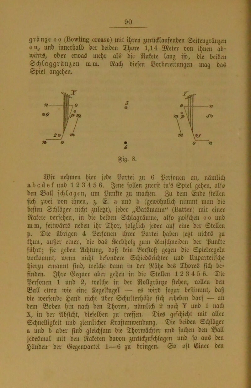 gvänsc oo (Bowling crease) mit i^ren äutiicflaufeuben Scitengränjen on, unb innerhalb ber beiben S^ore 1,14 9)?etcv t»on i^nen ab= märtg, ober ctroaä me^r al§ bic 91atete lang ift, bie beiben Sdilaggranjcn mm. 9?ad) biefen 33orbeveitungcn mag ba§ ©l^icl ange^en. n o • o 8. -n n 2Biv nehmen ^ior jebe ■ijlartei ju 6 'Betfoucn an, närnlid) abedef unb 1 2 3 4 5 6. ^ewe foHen jucvft in’d ©piel gc^cn, alfu ben S3all fd)lagen, um 'liunlte ju moc^en. [teilen fid^ jiDci »on i^neu, (£. a unb b (geivö^nlic^ nimmt man bie bejien ©c^lägev nit^t äulc^t), jeber „33at§mann (Batter) mit einer Stafete uerfe^eu, in bie beiben ©t^lagväume, alfo smifei^en oo unb mm, feitmärtS neben i^v X^or, fotgli^ jeber ouf eine ber ©teilen p. ®ie übrigen 4 ißerfoneu i^rer d^artei ^aben jc^t uid)tä ju t^un, aujjer einer, bie baS Skrbl^ütj jum ^Hnfc^neibcn ber 'fünfte flirrt; fie geben ?lct)tung, ba^ lein ^erfto^ gegen bie ©pielregeln üorfommt, menn ni^t befonbere SdjiebSrid)ter unb Unparteiifc^e ^ierju ernannt finb, melc^e bann in ber be§ X^oreö [ic^ bc= pnben. ©egner aber gc^en in bie ©teilen 1 2 3 4 5 6. Xie 'ißerfonen 1 unb 2, meld)e in ber 9lotlgränäc fte^en, rollen ben SaQ ettoa loie eine ilegelfugel — e§ mirb fogar beftimmt, bap bic merfenbe ^anb nit^t über ©d}ultcrl^bl)e ftd^ erbeben barf — an bem 5öoben b*« nach ben Xboren, nämlicb 2 nach Y unb 1 nad) X, in ber ^bfidbt, biejelben ju treffen. ®ied gef^iebt mit oller ©{bneHigteit unb jiemlitbcr Äraftamoenbung. ®ie beiben ©dblögcr a unb b ober finb gleicbfam bie Xborroädbter unb fueben ben SBall jebcSmal mit ben Slafetcn baoon jurücfjufcblagcn unb fo auö ben ^änben ber Gegenpartei 1—6 ju bringen, ©o oft (£iner ben