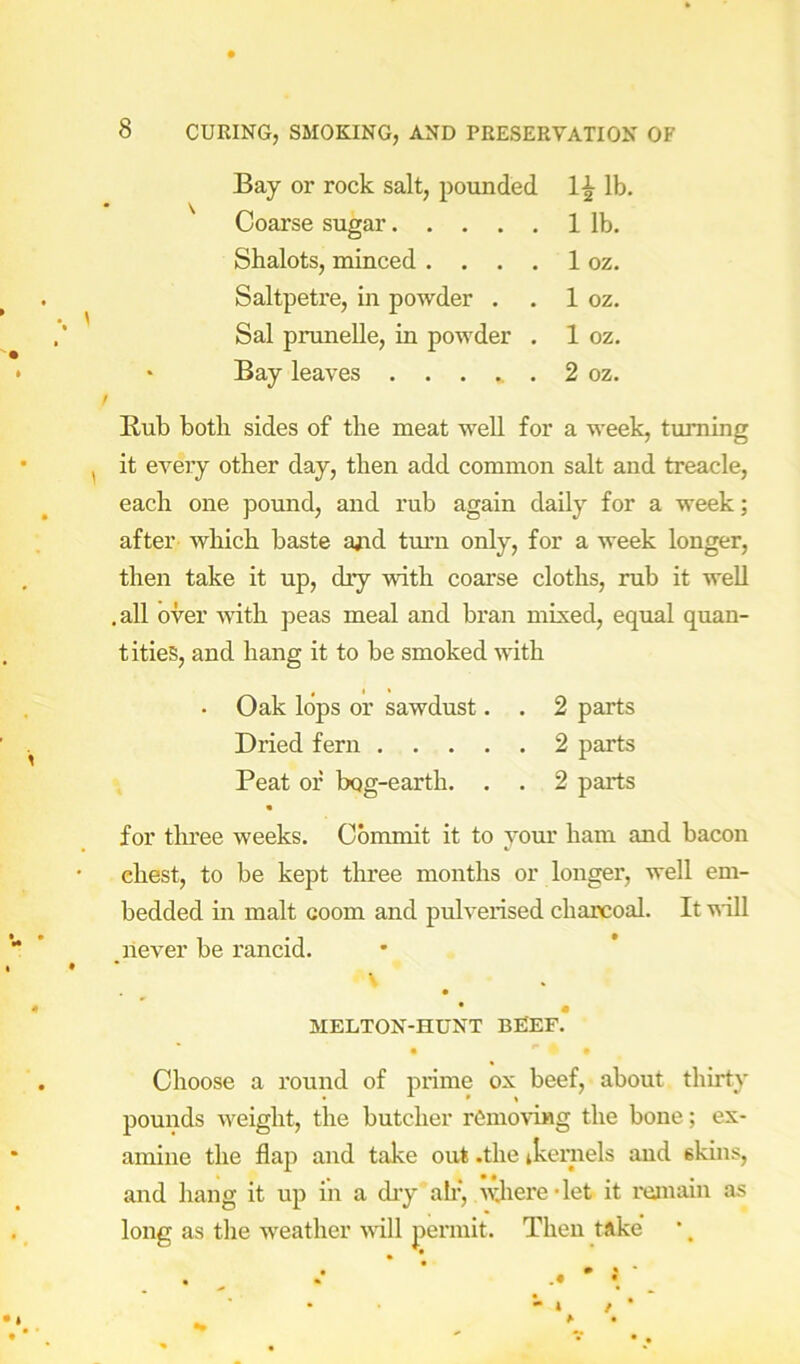 Bay or rock salt, pounded lb. Coarse sugar 1 lb. Shalots, minced . . . . 1 oz. Saltpetre, in powder . . 1 oz. Sal pnmelle, in powder . 1 oz. • Bay leaves . . . ... 2 oz. Hub both sides of the meat well for a week, turning it every other day, then add common salt and treacle, each one pound, and rub again daily for a week; after which baste a^id turn only, for a week longer, then take it up, dry with coarse cloths, rub it weU .all over with peas meal and bran mixed, equal quan- tities, and hang it to be smoked with • Oak lops or sawdust. . 2 parts Dried fern 2 parts Peat of bog-earth. . . 2 parts « for tlu’ee weeks. Commit it to yom’ ham and bacon chest, to be kept three months or longer, well em- bedded in malt coom and pulverised charcoal. It ^ill never be rancid. \ ^ MELTON-HUNT BEEF. • • Choose a round of prime ox beef, about thirty pounds weight, the butcher rCmo^dHg the bone; ex- amine the flap and take out .the ikernels and skins, and hang it up in a dry ah’, xvhere-let it remain as as the weather ^\dll permit. Then take