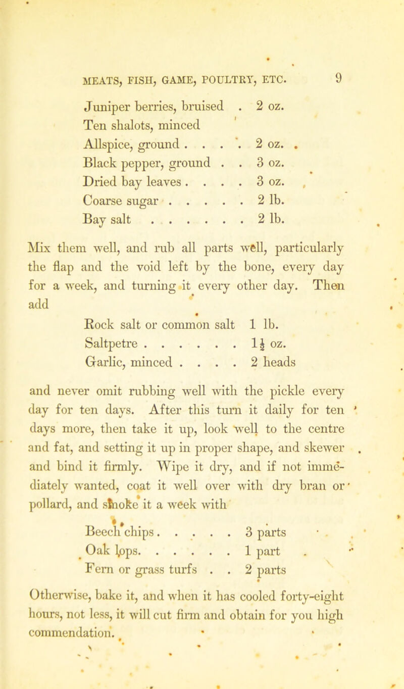 Juniper berries, bruised . 2 oz. Ten shalots, minced Allspice, ground. . . 2 oz. . Black pepper, ground . . 3 oz. Dried bay leaves. . . . 3 oz. Coarse sugar 2 lb. Bay salt 2 lb. Mix them well, and rub all parts well, particularly the flap and the void left by the bone, eveiy day for a week, and turning.it every other day. Then add « Rock salt or common salt 1 lb. Saltpetre IJ oz. Garlic, minced .... 2 heads and never omit rubbing well with the pickle eveiy day for ten days. After this turn it daily for ten ' days more, then take it up, look well to the centre and fat, and setting it up in proper shape, and skewer . and bind it flrmly. Wipe it dry, and if not imme- diately wanted, coat it well over with diy bran or' pollard, and stroke it a week ivith *» . Beech chips 3 parts • . _ Oak Ipps 1 part Fern or grass turfs . . 2 parts • Otherwise, bake it, and when it has cooled forty-eight hours, not less, it will cut Ann and obtain for you high commendation.