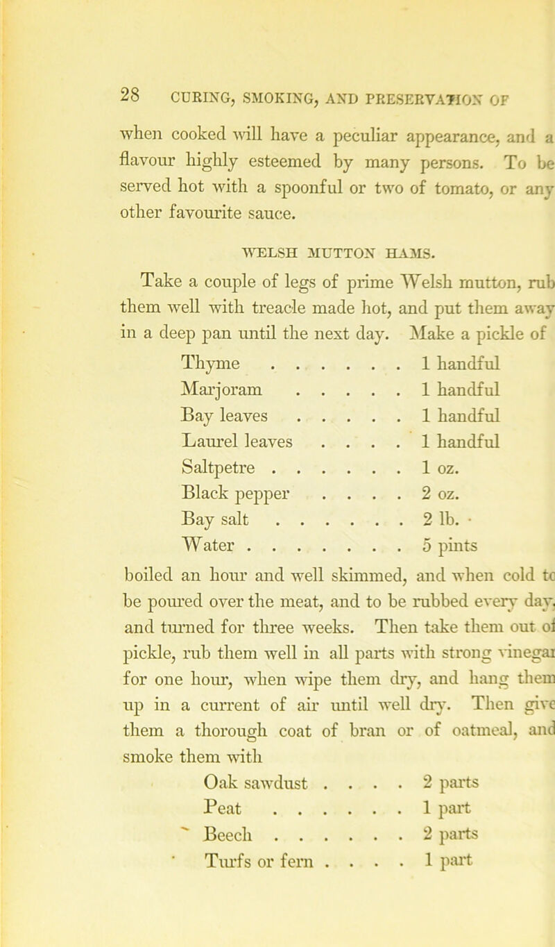 when cooked mil have a peculiar appearance, and a flavour highly esteemed by many persons. To be served hot with a spoonful or two of tomato, or any other favourite sauce. WELSH MUTTON HA3IS. Take a couple of legs of prime Welsh mutton, rub them well with treacle made hot, and put them away in a deep pan until the nest day. jSIake a pickle of Thyme 1 handful Marjoram 1 handful Bay leaves 1 handful Laurel leaves .... 1 handful Saltpetre 1 oz. Black pepper . . . . 2 oz. Bay salt 2 lb. • Water 5 pmts boiled an hour and well skimmed, and when cold tc be pmu’ed over the meat, and to be rubbed every day. and turned for three weeks. Then take them out ol pickle, rub them well in aU parts with strong vinegai for one hour, when wipe them dry, and hang them up in a current of air imtil well dr}’. Then give them a thorough coat of bran or of oatmeal, and smoke them with Oak sawdust .... 2 parts Peat 1 part ' Beech 2 parts Tiu’fs or fern .... 1 pait