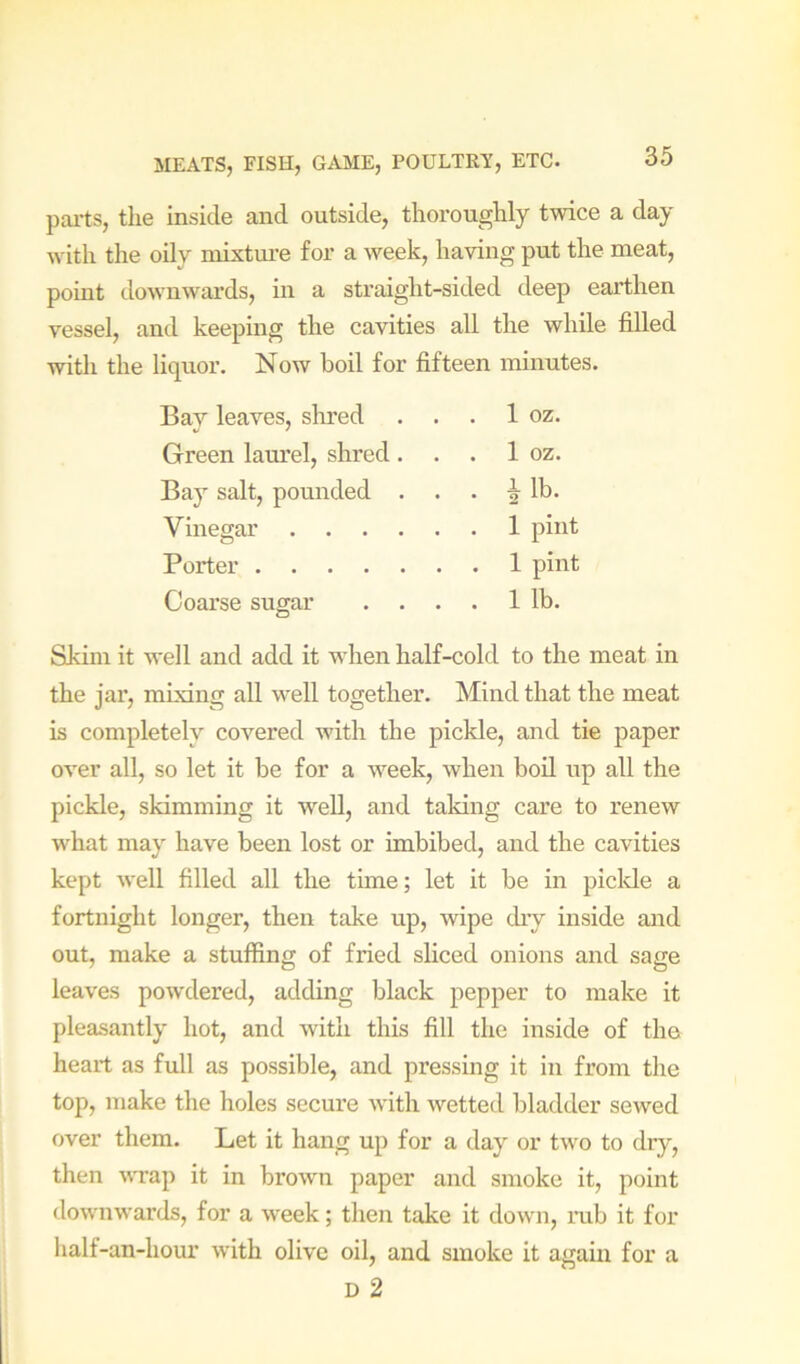 pai-ts, the inside and outside, thoroughly twice a day with the oily mixture for a week, having put the meat, point downwards, in a straight-sided deep earthen vessel, and keeping the cavities all the while filled with the liquor. Now boil for fifteen minutes. Bay leaves, slired . . 1 oz. Green laurel, shred. . . 1 oz. Bay salt, pounded . . . ilb. Vinegar .... . . 1 pint Porter Coarse sugar . . . . 1 lb. Skim it well and add it when half-cold to the meat in the jar, mixing all well together. Mind that the meat is completely covered with the pickle, and tie paper over all, so let it be for a week, when bod. up all the pickle, skimming it well, and taking care to renew what may have been lost or imbibed, and the cavities kept well filled all the time; let it be in piclde a fortnight longer, then take up, wipe dry inside and out, make a stuffing of fried sliced onions and sage leaves powdered, adding black pepper to make it pleasantly hot, and with this fill the inside of the heart as full as possible, and pressing it in from the top, make the holes secure Avith wetted bladder sewed over them. Let it hang up for a day or two to dry, then wTap it in brown paper and smoke it, point downwards, for a week; then take it down, nib it for lialf-an-hour with olive oil, and smoke it again for a D 2