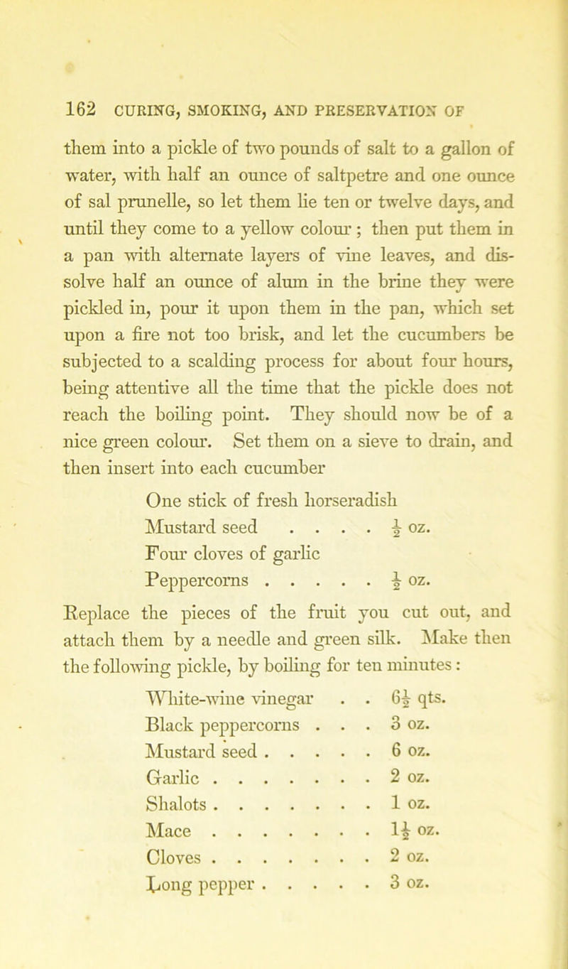 them into a pickle of two pounds of salt to a gallon of water, with half an ounce of saltpetre and one ounce of sal prunelle, so let them lie ten or twelve days, and until they come to a yellow colour ; then put them in a pan with alternate layers of vine leaves, and dis- solve half an oimce of alum in the brine they were pickled in, pour it upon them in the pan, which set upon a fire not too brisk, and let the cucumbers be subjected to a scalding process for about four hours, being attentive all the time that the pickle does not reach the boihng point. They should now be of a nice green colom\ Set them on a sieve to drain, and then insert into each cucumber One stick of fresh horseradish IMustai’d seed . . . . ^ oz. Fom’ cloves of garhc Peppercorns i oz. Replace the pieces of the fruit you cut out, and attach them by a needle and green silk. ^lake then the follomng pickle, by boiling for ten minutes : A^Qiite-wine \dnegar . . qts. Black peppercorns . . . 3 oz. Mustard seed 6 oz. Garlic 2 oz. Shalots 1 oz. Mace oz. Cloves 2 oz. Gong pepper 3 oz.