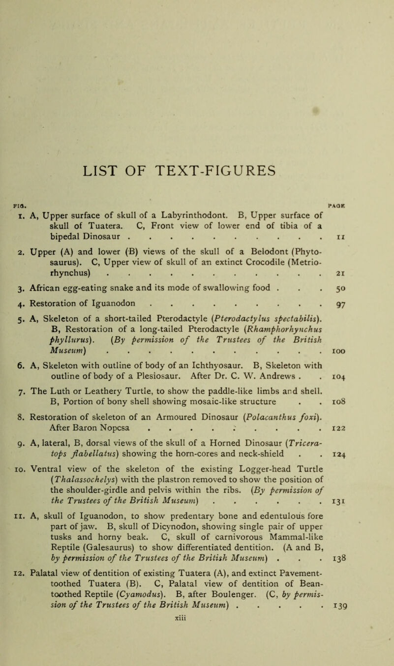 LIST OF TEXT-FIGURES Fia. PAQK 1. A, Upper surface of skull of a Labyrinthodont, B, Upper surface of skull of Tuatera. C, Front view of lower end of tibia of a bipedal Dinosaur . . . ii 2. Upper (A) and lower (B) views of the skull of a Belodont (Phyto- saurus). C, Upper view of skull of an extinct Crocodile (Metrio- rhyncbus) 21 3. African egg-eating snake and its mode of swallowing food ... 50 4. Restoration of Iguanodon 97 5. A, Skeleton of a short-tailed Pterodactyle {Pterodactylus spectabilis). B, Restoration of a long-tailed Pterodactyle (Rhamphorhynchus phyllurus). {By permission of the Trustees of the British Museum) ........... 100 6. A, Skeleton with outline of body of an Ichthyosaur. B, Skeleton with outline of body of a Plesiosaur. After Dr. C. W. Andrews . . 104 7. The Luth or Leathery Turtle, to show the paddle-like limbs and shell. B, Portion of bony shell showing mosaic-like structure . . 108 8. Restoration of skeleton of an Armoured Dinosaur {Polacanthus foxi). After Baron Nopcsa . . . . . . . . .122 9. A, lateral, B, dorsal views of the skull of a Horned Dinosaur {Tricera- tops flabellatus) showing the horn-cores and neck-shield . . 124 10. Ventral view of the skeleton of the existing Logger-head Turtle [Thalassochelys) with the plastron removed to show the position of the shoulder-girdle and pelvis within the ribs. {By permission of the Trustees of the British Museum) 131 11. A, skull of Iguanodon, to show predentary bone and edentulous fore part of jaw. B, skull of Dicynodon, showing single pair of upper tusks and horny beak. C, skull of carnivorous Mammal-like Reptile (Galesaurus) to show differentiated dentition. (A and B, by permission of the Trustees of the British Museum) . . . 138 12. Palatal view of dentition of existing Tuatera (A), and extinct Pavement- toothed Tuatera (B). C, Palatal view of dentition of Bean- toothed Reptile {Cyamodus). B, after Boulenger. (C, by permis- sion of the Trustees of the British Museum) ..... 139