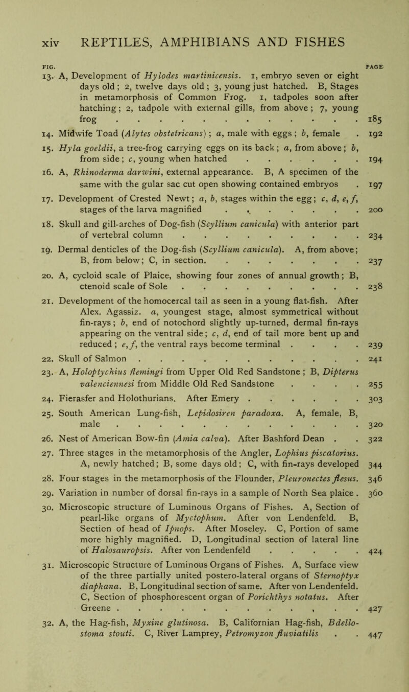 FIG. PAGE 13. A, Development of Hylodes martinicensis. i, embryo seven or eight days old; 2, twelve days old; 3, young just hatched. B, Stages in metamorphosis of Common Frog. i, tadpoles soon after hatching; 2, tadpole with external gills, from above ; 7, young frog 185 14. Midwife Toad {Alytes ohstetricans) ; a, male with eggs ; b, female . 192 15. Hyla goeldii, a tree-frog carrying eggs on its back ; a, from above ; from side ; c, young when hatched ...... 194 16. A, Rhinoderma darwini, external appearance. B, A specimen of the same with the gular sac cut open showing contained embryos . 197 17. Development of Crested Newt; a, b, stages within the egg; c, d, stages of the larva magnified ....... 200 18. Skull and gill-arches of Dog-fish {Scyllium canicula) with anterior part of vertebral column . 234 19. Dermal denticles of the Dog-fish {Scyllium canicula). A, from above; B, from below; C, in section 237 20. A, cycloid scale of Plaice, showing four zones of annual growth; B, ctenoid scale of Sole 238 21. Development of the homocercal tail as seen in a young flat-fish. After Alex. Agassiz, a, youngest stage, almost symmetrical without fin-rays; b, end of notochord slightly up-turned, dermal fin-rays appearing on the ventral side; c, d, end of tail more bent up and reduced ; e,f, the ventral rays become terminal .... 239 22. Skull of Salmon 241 23. A, Holoptychius flemingi from Upper Old Red Sandstone ; B, Dipterus valenciennesi from Middle Old Red Sandstone .... 255 24. Fierasfer and Holothurians. After Emery 303 25. South American Lung-fish, Lepidosiren paradoxa. A, female, B, male ............ 320 26. Nest of American Bow-fin ta/ria). After Bashford Dean . . 322 27. Three stages in the metamorphosis of the Angler, Lophius piscatorius. A, newly hatched; B, some days old; C, with fin-rays developed 344 28. Four stages in the metamorphosis of the Flounder, Pleuronectes flesus. 346 29. Variation in number of dorsal fin-rays in a sample of North Sea plaice . 360 30. Microscopic structure of Luminous Organs of Fishes. A, Section of pearl-like organs of Myctophum. After von Lendenfeld. B, Section of head of Ipnops. After Moseley. C, Portion of same more highly magnified. D, Longitudinal section of lateral line of Halosauropsis. After von Lendenfeld ..... 424 31. Microscopic Structure of Luminous Organs of Fishes. A, Surface view of the three partially united postero-lateral organs of Sternoptyx diaphana. B, Longitudinal section of same. After von Lendenfeld. C, Section of phosphorescent organ of Porichthys notatus. After Greene ............ 427 32. A, the Hag-fish, Myxine glutinosa. B, Californian Hag-fish, Bdello- stoma stouti. C, River Lamprey, Petromyzon Jluviatilis . . 447