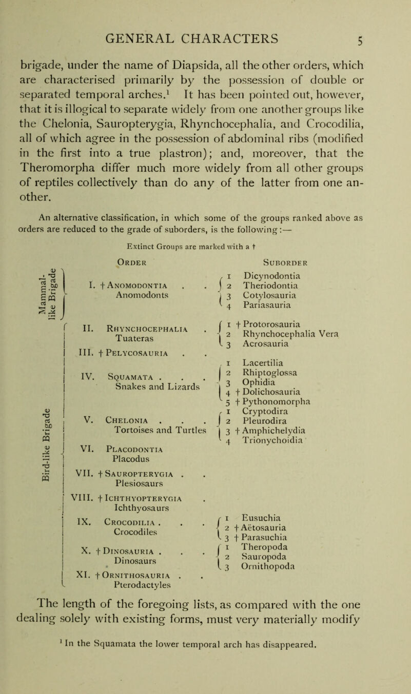brigade, under the name of Diapsida, all the other orders, which are characterised primarily by the possession of double or separated temporal arches.^ It has been pointed out, however, that it is illogical to separate widely from one another groups like the Chelonia, Sauropterygia, Rhynchocephalia, and Crocodilia, all of which agree in the possession of abdominal ribs (modified in the first into a true plastron); and, moreover, that the Theromorpha differ much more widely from all other groups of reptiles collectively than do any of the latter from one an- other. An alternative classification, in which some of the groups ranked above as orders are reduced to the grade of suborders, is the following;— Extinct Groups are marked with a t Order I. t Anomodontia Anoniodonts II. Rhynchocephalia Tuateras III. t Pelycosauria IV. Squamata . Snakes and Lizards V. Chelonia . Tortoises and Turtles VI. Placodontia Placodus VII. f Sauropterygia . Plesiosaurs VIII. t Ichthyopterygia Ichthyosaurs IX. Crocodilia . Crocodiles X. t Dinosauria . Dinosaurs XL t Ornithosauria . Pterodactyles SUP.ORDER , I Dicynodontia j 2 Theriodontia ] 3 Cotylosauria ' 4 Pariasauria r I t Protorosauria - 2 Rhynchocephalia Vera I 3 Acrosauria , I Lacertilia I 2 Rhiptoglossa - 3 Ophidia 4 t Dolichosauria ^ 5 t Pythonomorpha r I Cryptodira J 2 Pleurodira j 3 t Amphichelydia 4 Trionychoidia r I Eusuchia -j 2 f Aetosauria f 3 f Parasuchia I I Theropoda I 2 Sauropoda I 3 Ornithopoda V I -a ^ So c •- I® <u <n W) The length of the foregoing lists, as compared with the one dealing solely with existing forms, must very materially modify * In the Squamata the lower temporal arch has disappeared.