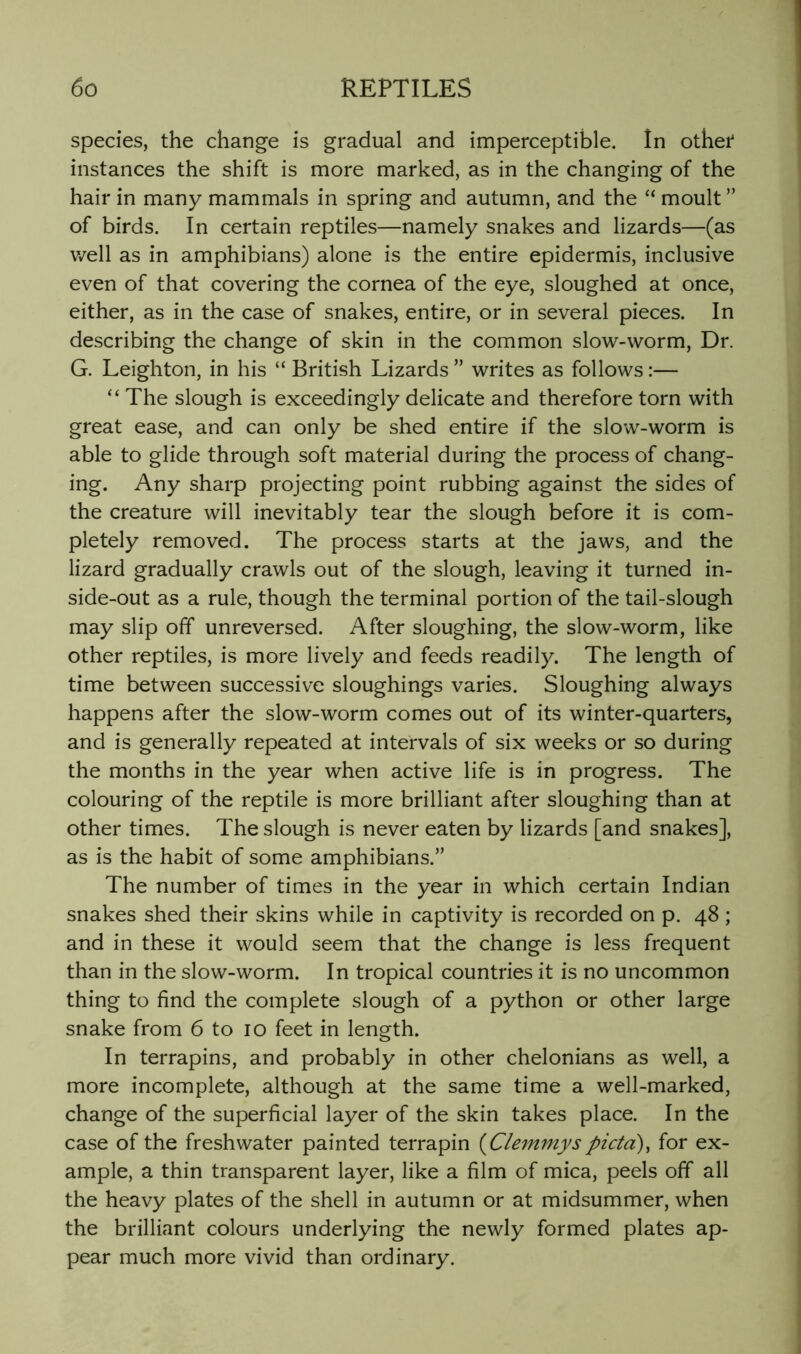 species, the change is gradual and imperceptible. In othet instances the shift is more marked, as in the changing of the hair in many mammals in spring and autumn, and the “ moult ” of birds. In certain reptiles—namely snakes and lizards—(as v/ell as in amphibians) alone is the entire epidermis, inclusive even of that covering the cornea of the eye, sloughed at once, either, as in the case of snakes, entire, or in several pieces. In describing the change of skin in the common slow-worm. Dr. G. Leighton, in his “ British Lizards ” writes as follows:— “ The slough is exceedingly delicate and therefore torn with great ease, and can only be shed entire if the slow-worm is able to glide through soft material during the process of chang- ing. Any sharp projecting point rubbing against the sides of the creature will inevitably tear the slough before it is com- pletely removed. The process starts at the jaws, and the lizard gradually crawls out of the slough, leaving it turned in- side-out as a rule, though the terminal portion of the tail-slough may slip off unreversed. After sloughing, the slow-worm, like other reptiles, is more lively and feeds readily. The length of time between successive sloughings varies. Sloughing always happens after the slow-worm comes out of its winter-quarters, and is generally repeated at intervals of six weeks or so during the months in the year when active life is in progress. The colouring of the reptile is more brilliant after sloughing than at other times. The slough is never eaten by lizards [and snakes], as is the habit of some amphibians.” The number of times in the year in which certain Indian snakes shed their skins while in captivity is recorded on p. 48 ; and in these it would seem that the change is less frequent than in the slow-worm. In tropical countries it is no uncommon thing to find the complete slough of a python or other large snake from 6 to 10 feet in length. In terrapins, and probably in other chelonians as well, a more incomplete, although at the same time a well-marked, change of the superficial layer of the skin takes place. In the case of the freshwater painted terrapin {^Clemmyspictd)^ for ex- ample, a thin transparent layer, like a film of mica, peels off all the heavy plates of the shell in autumn or at midsummer, when the brilliant colours underlying the newly formed plates ap- pear much more vivid than ordinary.