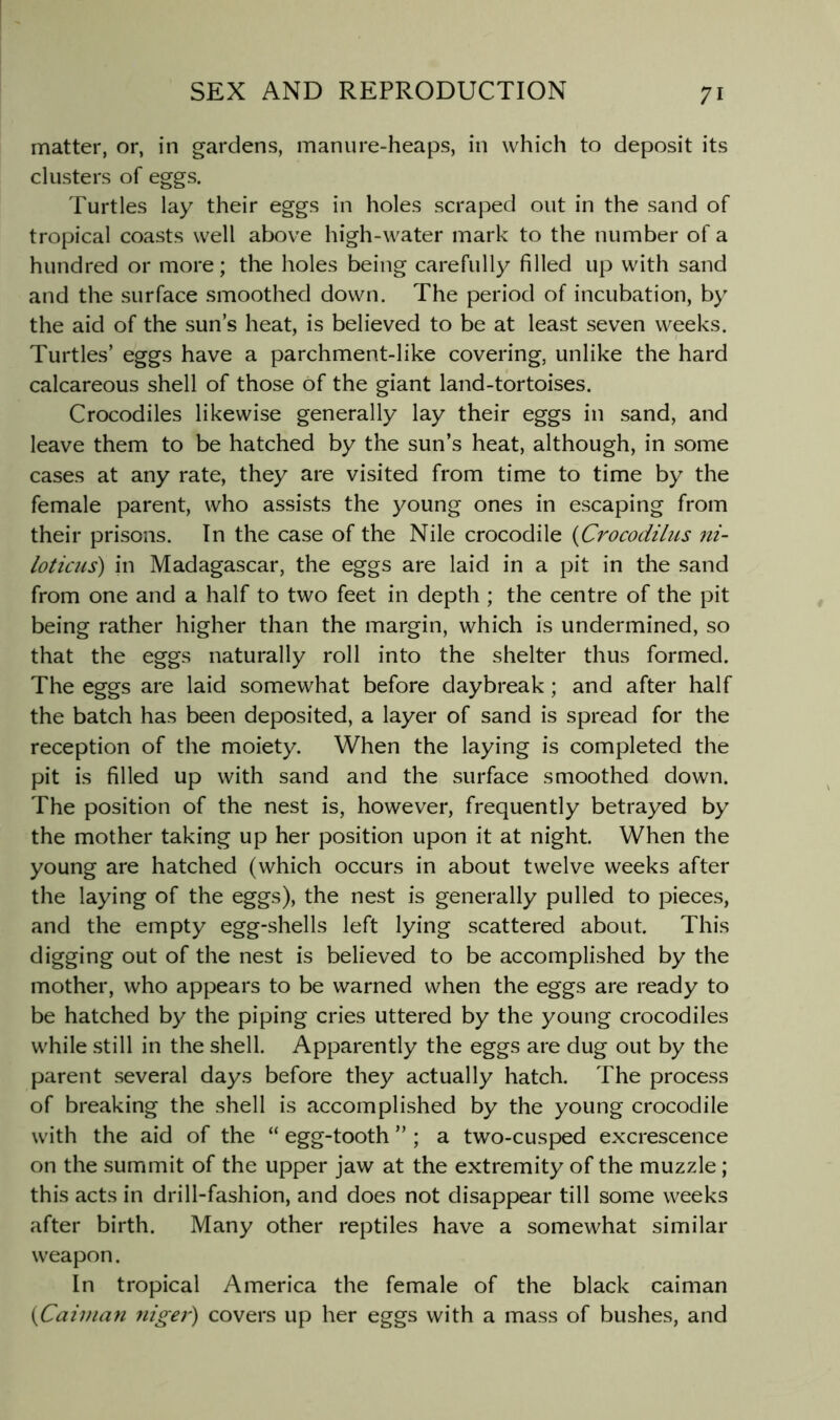matter, or, in gardens, manure-heaps, in which to deposit its clusters of eggs. Turtles lay their eggs in holes scraped out in the sand of tropical coasts well above high-water mark to the number of a hundred or more; the holes being carefully filled up with sand and the surface smoothed down. The period of incubation, by the aid of the sun’s heat, is believed to be at least seven weeks. Turtles’ eggs have a parchment-like covering, unlike the hard calcareous shell of those of the giant land-tortoises. Crocodiles likewise generally lay their eggs in sand, and leave them to be hatched by the sun’s heat, although, in some cases at any rate, they are visited from time to time by the female parent, who assists the young ones in escaping from their prisons. In the case of the Nile crocodile {Crocodiliis ni- loticus) in Madagascar, the eggs are laid in a pit in the sand from one and a half to two feet in depth ; the centre of the pit being rather higher than the margin, which is undermined, so that the eggs naturally roll into the shelter thus formed. The eggs are laid somewhat before daybreak; and after half the batch has been deposited, a layer of sand is spread for the reception of the moiety. When the laying is completed the pit is filled up with sand and the surface smoothed down. The position of the nest is, however, frequently betrayed by the mother taking up her position upon it at night. When the young are hatched (which occurs in about twelve weeks after the laying of the eggs), the nest is generally pulled to pieces, and the empty egg-shells left lying scattered about. This digging out of the nest is believed to be accomplished by the mother, who appears to be warned when the eggs are ready to be hatched by the piping cries uttered by the young crocodiles while still in the shell. Apparently the eggs are dug out by the parent several days before they actually hatch. The process of breaking the shell is accomplished by the young crocodile with the aid of the “ egg-tooth ” ; a two-cusped excrescence on the summit of the upper jaw at the extremity of the muzzle; this acts in drill-fashion, and does not disappear till some weeks after birth. Many other reptiles have a somewhat similar weapon. In tropical America the female of the black caiman {Caiman niger) covers up her eggs with a mass of bushes, and