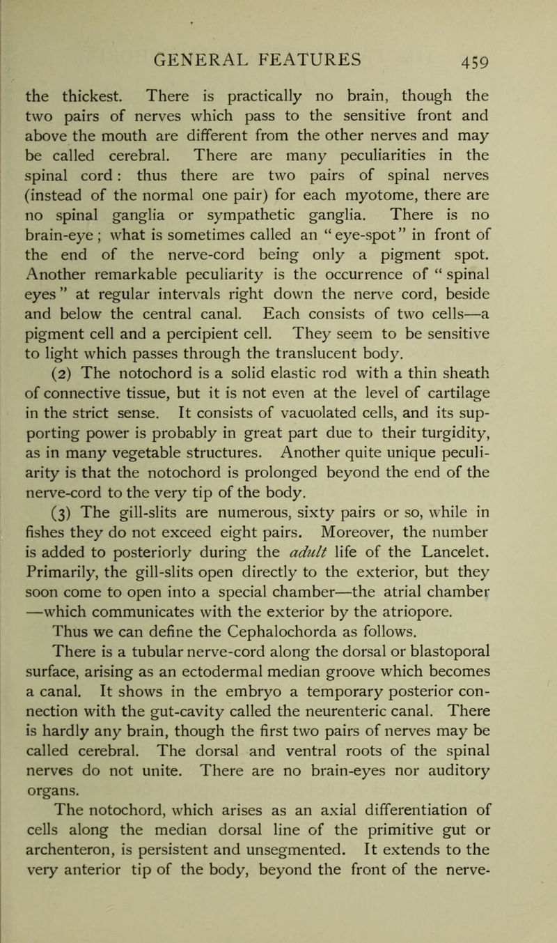 the thickest. There is practically no brain, though the two pairs of nerves which pass to the sensitive front and above the mouth are different from the other nerves and may be called cerebral. There are many peculiarities in the spinal cord: thus there are two pairs of spinal nerves (instead of the normal one pair) for each myotome, there are no spinal ganglia or sympathetic ganglia. There is no brain-eye; what is sometimes called an “eye-spot” in front of the end of the nerve-cord being only a pigment spot. Another remarkable peculiarity is the occurrence of “ spinal eyes ” at regular intervals right down the nerve cord, beside and below the central canal. Each consists of two cells—a pigment cell and a percipient cell. They seem to be sensitive to light which passes through the translucent body. (2) The notochord is a solid elastic rod with a thin sheath of connective tissue, but it is not even at the level of cartilage in the strict sense. It consists of vacuolated cells, and its sup- porting power is probably in great part due to their turgidity, as in many vegetable structures. Another quite unique peculi- arity is that the notochord is prolonged beyond the end of the nerve-cord to the very tip of the body. (3) The gill-slits are numerous, sixty pairs or so, while in ^^fishes they do not exceed eight pairs. Moreover, the number I is added to posteriorly during the adult life of the Lancelet. Primarily, the gill-slits open directly to the exterior, but they soon come to open into a special chamber—the atrial chamber —which communicates with the exterior by the atriopore. Thus we can define the Cephalochorda as follows. There is a tubular nerve-cord along the dorsal or blastoporal surface, arising as an ectodermal median groove which becomes a canal. It shows in the embryo a temporary posterior con- nection with the gut-cavity called the neurenteric canal. There is hardly any brain, though the first two pairs of nerves may be called cerebral. The dorsal and ventral roots of the spinal nerves do not unite. There are no brain-eyes nor auditory organs. The notochord, which arises as an axial differentiation of cells along the median dorsal line of the primitive gut or archenteron, is persistent and unsegmented. It extends to the very anterior tip of the body, beyond the front of the nerve-