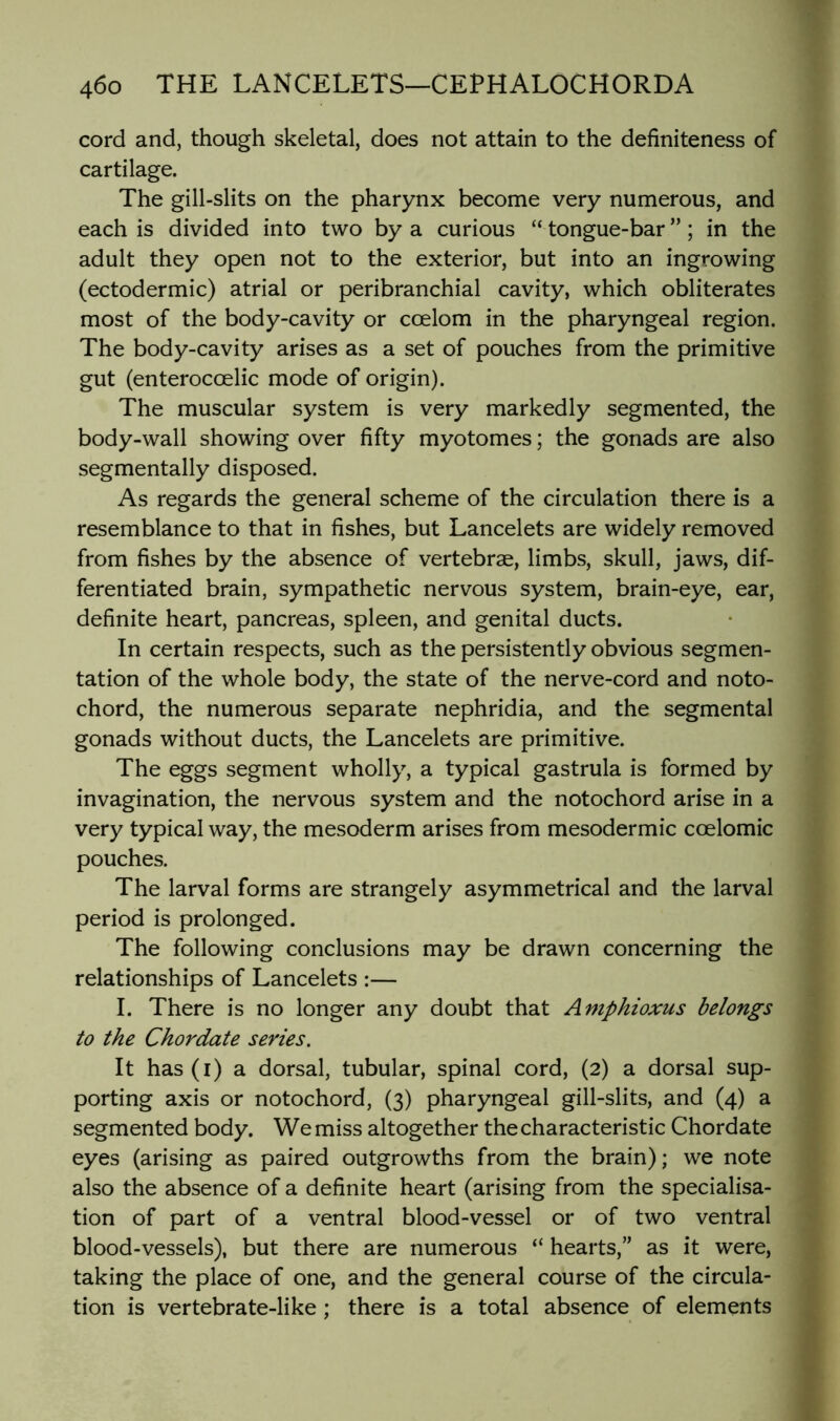 cord and, though skeletal, does not attain to the definiteness of cartilage. The gill-slits on the pharynx become very numerous, and each is divided into two by a curious “tongue-bar”; in the adult they open not to the exterior, but into an ingrowing (ectodermic) atrial or peribranchial cavity, which obliterates most of the body-cavity or coelom in the pharyngeal region. The body-cavity arises as a set of pouches from the primitive gut (enterocoelic mode of origin). The muscular system is very markedly segmented, the body-wall showing over fifty myotomes; the gonads are also segmentally disposed. As regards the general scheme of the circulation there is a resemblance to that in fishes, but Lancelets are widely removed from fishes by the absence of vertebrae, limbs, skull, jaws, dif- ferentiated brain, sympathetic nervous system, brain-eye, ear, definite heart, pancreas, spleen, and genital ducts. In certain respects, such as the persistently obvious segmen- tation of the whole body, the state of the nerve-cord and noto- chord, the numerous separate nephridia, and the segmental gonads without ducts, the Lancelets are primitive. The eggs segment wholly, a typical gastrula is formed by invagination, the nervous system and the notochord arise in a very typical way, the mesoderm arises from mesodermic coelomic pouches. The larval forms are strangely asymmetrical and the larval period is prolonged. The following conclusions may be drawn concerning the relationships of Lancelets :— I. There is no longer any doubt that Amphioxus belongs to the Chordate series. It has (i) a dorsal, tubular, spinal cord, (2) a dorsal sup- porting axis or notochord, (3) pharyngeal gill-slits, and (4) a segmented body. We miss altogether the characteristic Chordate eyes (arising as paired outgrowths from the brain); we note also the absence of a definite heart (arising from the specialisa- tion of part of a ventral blood-vessel or of two ventral blood-vessels), but there are numerous “ hearts,” as it were, taking the place of one, and the general course of the circula- tion is vertebrate-like ; there is a total absence of elements