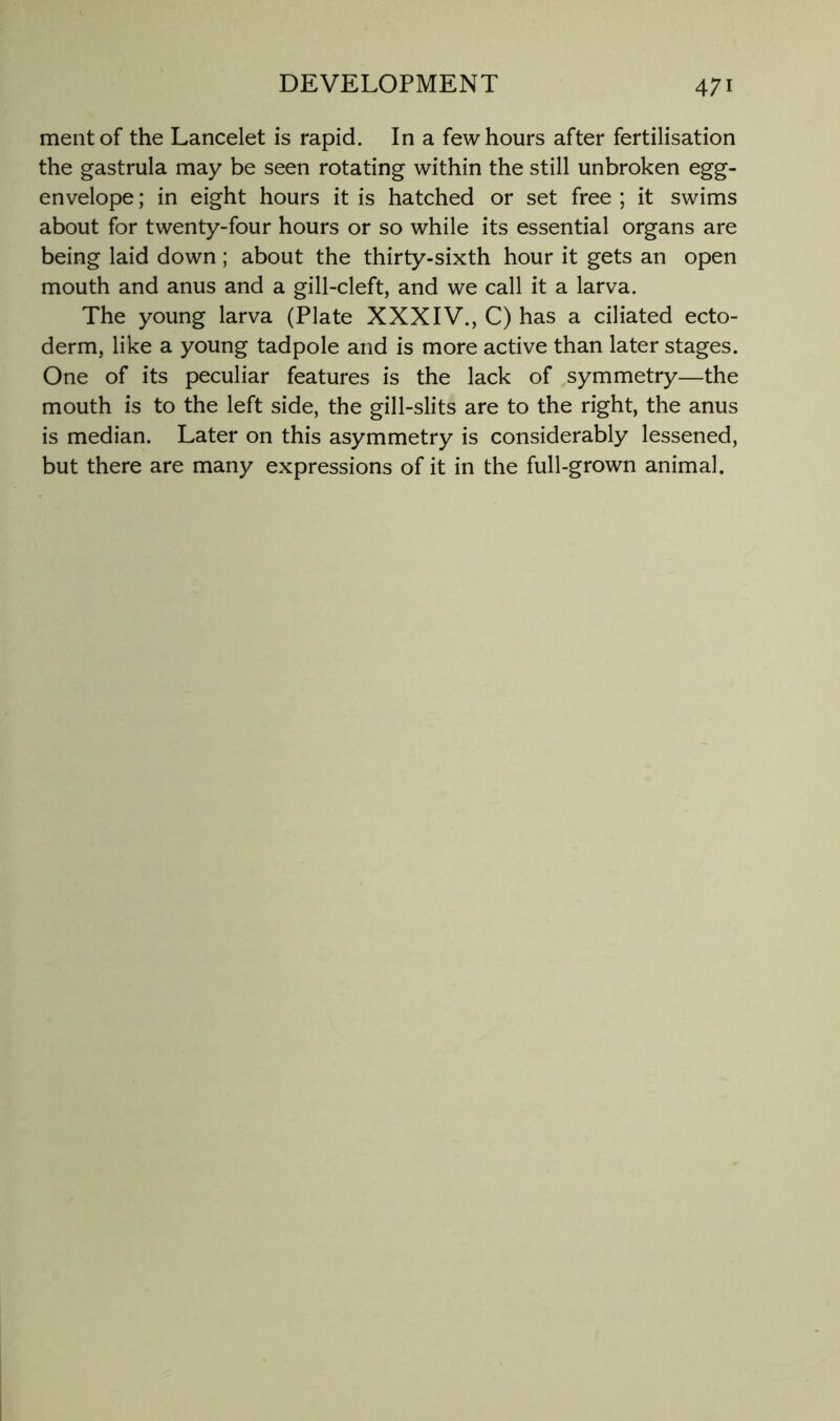 mentof the Lancelet is rapid. In a few hours after fertilisation the gastrula may be seen rotating within the still unbroken egg- envelope ; in eight hours it is hatched or set free ; it swims about for twenty-four hours or so while its essential organs are being laid down; about the thirty-sixth hour it gets an open mouth and anus and a gill-cleft, and we call it a larva. The young larva (Plate XXXIV., C) has a ciliated ecto- derm, like a young tadpole and is more active than later stages. One of its peculiar features is the lack of symmetry—the mouth is to the left side, the gill-slits are to the right, the anus is median. Later on this asymmetry is considerably lessened, but there are many expressions of it in the full-grown animal.