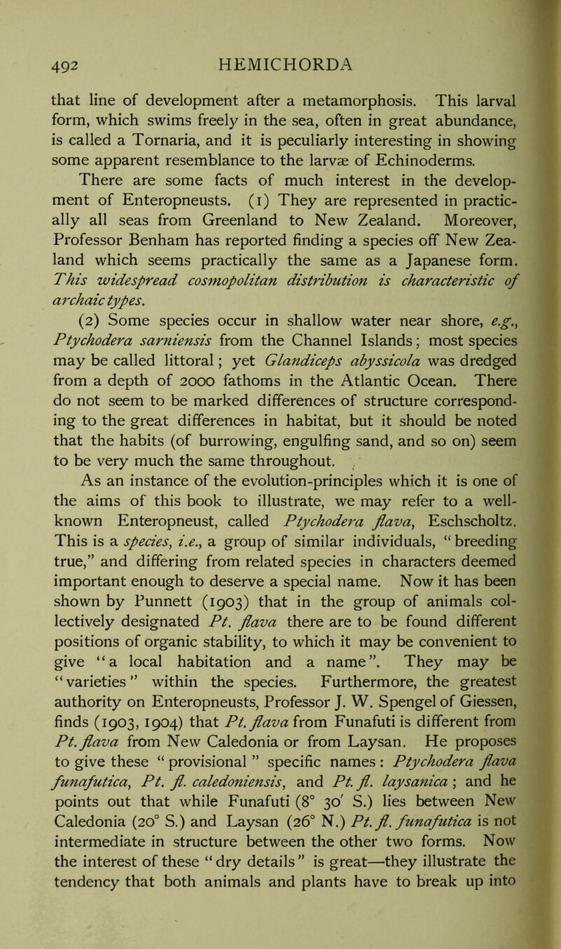 that line of development after a metamorphosis. This larval form, which swims freely in the sea, often in great abundance, is called a Tornaria, and it is peculiarly interesting in showing some apparent resemblance to the larvae of Echinoderms. There are some facts of much interest in the develop- ment of Enteropneusts. (i) They are represented in practic- ally all seas from Greenland to New Zealand. Moreover, Professor Benham has reported finding a species off New Zea- land which seems practically the same as a Japanese form. This widespread cosmopolitan distribution is characteristic of archaic types. (2) Some species occur in shallow water near shore, Ptychodera sarniensis from the Channel Islands; most species may be called littoral; yet Glandiceps abyssicola was dredged from a depth of 2000 fathoms in the Atlantic Ocean. There do not seem to be marked differences of structure correspond- ing to the great differences in habitat, but it should be noted that the habits (of burrowing, engulfing sand, and so on) seem to be very much the same throughout. ' As an instance of the evolution-principles which it is one of the aims of this book to illustrate, we may refer to a well- known Enteropneust, called Ptychodera flava, Eschscholtz. This is a species, i.e., a group of similar individuals, “ breeding true,” and differing from related species in characters deemed important enough to deserve a special name. Now it has been shown by Punnett (1903) that in the group of animals col- lectively designated Pt. flava there are to be found different positions of organic stability, to which it may be convenient to give “a local habitation and a name”. They may be “varieties” within the species. Furthermore, the greatest authority on Enteropneusts, Professor J. W. Spengel of Giessen, finds (1903, 1904) that Pt. flava from Funafuti is different from Pt. flava from New Caledonia or from Laysan. He proposes to give these “ provisional ” specific names : Ptychodera flava funafutica, Pt. fl. caledoniensis, and Pt. fl. laysanica; and he points out that while Funafuti (8° 30' S.) lies between New Caledonia (20° S.) and Laysan (26° N.) Pt. fl. funafutica is not intermediate in structure between the other two forms. Now the interest of these “ dry details ” is great—they illustrate the tendency that both animals and plants have to break up into