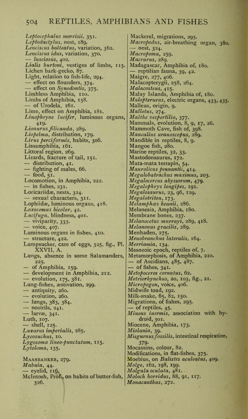 Leptocephalus tnorvisii, 351. Leptodactyhis, nest, i8g. Leuciscus balteatus, variation, 362. Leuciscus idus, variation, 370. — lusciosus, 402. Lialis hurtoni, vestiges of limbs, 115. Lichen bark-gecko, 87. Light, relation to fish-life, 294. — effect on flounders, 374. — effect on Synodoniis, 375. Limbless Amphibia, no. Limbs of Amphibia, 158. — of Urodela, 161. Lime, effect on Amphibia, 181. Linophryne lucifer, luminous organs, 419. Lionurus Jilicauda, 289. Liopelma, distribution, 179. Lirus perciformis, habits, 306. Lissamphibia, 161. Littoral region, 269. Lizards, fracture of tail, 151. — distribution, 41. — fighting of males, 66. — food, 51. Locomotion, in Amphibia, 222. — in fishes, 231. Loricariidae, nests, 324. — sexual characters, 311. Lophiidae, luminous organs, 418. Loxocemns bicolor, 42. Luciftiga, blindness, 401. — viviparity, 333. — voice, 407. Luminous organs in fishes, 410. — structure, 422. Lumpsucker, care of eggs, 325, fig., PI. XXVII, A. Lungs, absence in some Salamanders, 225. — of Amphibia, 159. — development in Amphibia, 212. — evolution, 175, 381. Lung-fishes, aestivation, 299. — antiquity, 260. — evolution, 260. — lungs, 383, 384. — nostrils, 241. — larvae, 341. Luth, 107. — shell, 125. Luvarus imperialis, 285. Lycosuchus, 10. Lygosoma lineo-punctatum, 115. Lytoloma, 135. Maasbanker, 279. Mabuia, 44. — eyelid, 116. McIntosh, Prof., on habits of butter-fish, 326. Mackerel, migrations, 295. Macropodus, air-breathing organ, 380. — nest, 324. Macropoma, 259. Macrurus, 289. Madagascar, Amphibia of, 180. — reptilian fauna, 39, 42. Maigre, 277, 406. Malacopterygii, 258, 264. Malacosteus, 415. Malay Islands, Amphibia of, i8o. Malopteruvus, electric organs, 433, 435. Malleus, origin, 9. Mallotus, 274. Malthe vespertilio, 377. Mammals, evolution, 8, 9, 17, 26. Mammoth Cave, fish of, 398. Mancalius uranoscopus, 289. Mandible in reptiles, 8, 9. Mangoe fish, 280. Marine reptiles, 32, 33. Mastodonsaurus, 172. Mata-mata terrapin, 54. Maurolicus pennantii, 414. Megalobatrachus maximus, 203. Megalocercus abyssorum, 479. Megalophrys longipes, 191. Megalosaurus, 23, 96, 129. Megalotriton, 173. Melamphces beanii, 286, Melanesia, Amphibia, 180. Membrane bones, 237. Melanocetus murrayi, 289, 418. Melanoniis gracilis, 289. Menhaden, 275. Menobranchus lateralis, 164. Merriamia, 134. Mesozoic epoch, reptiles of, 7. Metamorphosis, of Amphibia, 210. — of Ascidians, 485, 487. — of fishes, 341. Metopoceros cornutus, 62. Metriorhynchus, 20, 103, fig., 21. Micropogon, voice, 406. Midwife toad, 192. Milk-snake, 65, 82, 150. Migrations, of fishes, 295. — of reptiles, 45. Minous inermis, association with hy- droid, 301. Miocene, Amphibia, 173. Miolania, 39. Misgurnusfossilis, intestinal respiration, 379- Mocassins, colour, 82. Modifications, in flat-fishes, 375. Moebius, on Balistes aculeatus, 409. Molge, 162, 198, 199. Molgula oculata, 481. Moloch horridus, 88, 91, 117. Monacanthus, 272.