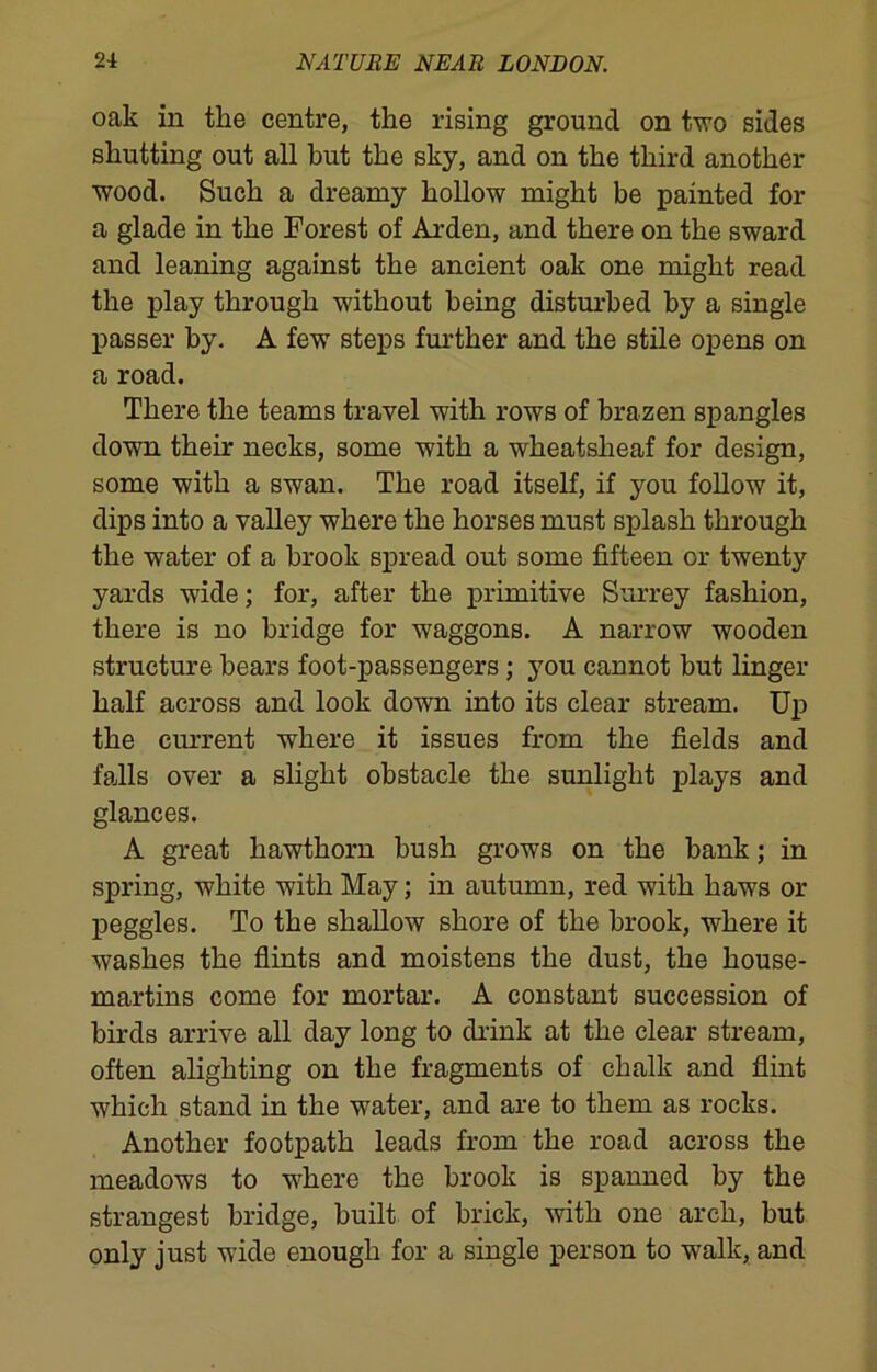 oak in the centre, the rising ground on Wo sides shutting out all but the sky, and on the third another wood. Such a dreamy hollow might be painted for a glade in the Forest of Arden, and there on the sward and leaning against the ancient oak one might read the play through without being disturbed by a single passer by. A few steps further and the stile opens on a road. There the teams travel with rows of brazen spangles down their necks, some with a wheatslieaf for design, some with a swan. The road itself, if you follow it, dips into a valley where the horses must splash through the water of a brook spread out some fifteen or twenty yards wide; for, after the primitive Surrey fashion, there is no bridge for waggons. A narrow wooden structure bears foot-passengers; you cannot but linger half across and look down into its clear stream. Up the current where it issues from the fields and falls over a slight obstacle the sunlight plays and glances. A great hawthorn bush grows on the bank; in spring, white with May; in autumn, red with haws or peggles. To the shallow shore of the brook, where it washes the flints and moistens the dust, the house- martins come for mortar. A constant succession of birds arrive all day long to chink at the clear stream, often alighting on the fragments of chalk and flint which stand in the water, and are to them as rocks. Another footpath leads from the road across the meadows to where the brook is spanned by the strangest bridge, built of brick, with one arch, but only just wide enough for a single person to walk, and