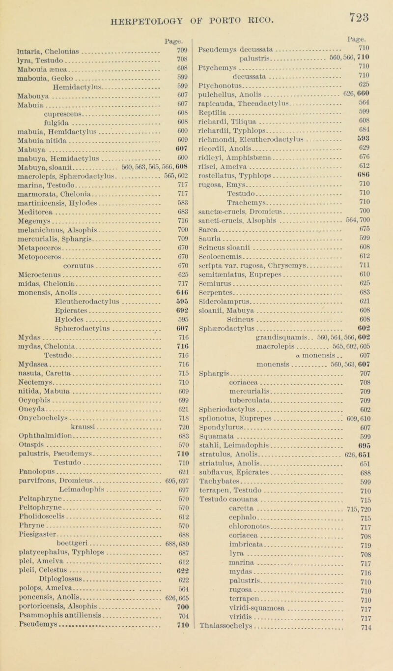 Pago. lutaria, Chelonias 709 lyra, Testudo 708 Mabouia senea 608 mabouia, Gecko 599 Hemidactylns 599 Mabouya 607 Mabuia 607 cuprescens 608 fulgida 608 mabuia, Hemidactylns 600 Mabuia nitida 609 Mabuya 607 mabuya, Hemidactylus 600 Mabuya, sloauii 560,563,565,566,608 macrolepis, Sphserodactylus 565,602 marina, Testudo 717 marmorata, Chelonia 717 martinicensis, Hylodes 583 Meditorea 683 Megemys 716 melanichnus, Alsophis 700 mercurialis, Spbargis 709 Metapoceros 670 Metopoceros 670 cornutus 670 Microcteuus 625 midas, Chelonia 717 monensis, Anolis 646 Eleutherodactylus 595 Epicrates 692 Hylodes 595 Sphserodactylus 607 Mydas '.. 716 mydas, Chelonia 716 Testudo 716 Mydasea 716 nasuta, Caretta 715 Nectemys 710 nitida, Mabuia 609 Ocyophis 699 One y da 621 Onychochelys 718 kraussi 720 Ophthalmidion 683 Otaspis 570 palustris, Pseudemys 710 Testudo 710 Panolopus 621 parvifrons, Dromieus 695,697 Leimadophis 697 Peltaphryne 570 Peltophryne 570 Pholidoscelis 612 Phryne 570 Piesigaster 688 boettgeri 688,689 platycephalus, Typhlops 687 plei, Ameiva 612 pleii, Celestus 622 Diploglossus 622 polops, Ameiva 564 poncensis, Anolis 626,665 portoricensis, Alsophis 700 Psammophis antillensis 704 Pseudemys 710 Page. Pseudemys decussata 710 palustris 560,566, 710 Ptychemys 710 decussata 710 Ptychonotus 625 pulchellus, Anolis 626, 660 rapicauda, Thecadactylus 564 Keptilia 599 richardi, Tiliqua 608 richardii, Typhlops 684 richmondi, Eleutherodactylus 593 ricordii, Anolis 629 ridleyi, Amphisbsena 676 riisei, Ameiva 612 rostellatus, Typhlops 686 rugosa, Ernys 1 710 Testudo 710 Trachemys 710 sanctse-crucis, Dromieus 700 sancti-crucis, Alsophis 564,700 Sarea 675 Sauria 599 Scincus sloanii 608 Scolocnemis 612 scripta var. rugosa, Chrysemys 711 semitseniatus, Euprepes 610 Semiurus 625 Serpentes 683 Siderolamprus 621 sloanii, Mabuya 608 Scincus 608 Sphserodactylus 602 grandisquamis.. 560,564,566, 602 macrolepis 565,602,605 a monensis .. 607 monensis 560,563,607 Sphargis 707 coriacea 708 mercurialis 709 tuberculata 709 Spheriodactylus 602 spilonotus, Euprepes ! 609,610 Spondylurus 607 Squamata 599 stahli, Leimadophis 695 stratulus, Anolis 626,651 striatulus, Anolis 651 subflavus, Epicrates , 688 Tachybates 599 terrapen, Testudo 710 Testudo caouana 715 caretta 715,720 cephalo 715 chloronotos 717 coriacea 708 imbricata 719 lyra 70S marina 747 mydas 745 palustris 740 rugosa 740 terrapen 740 viridi-squamosa 747 viridis 717 Thalassochelys 744
