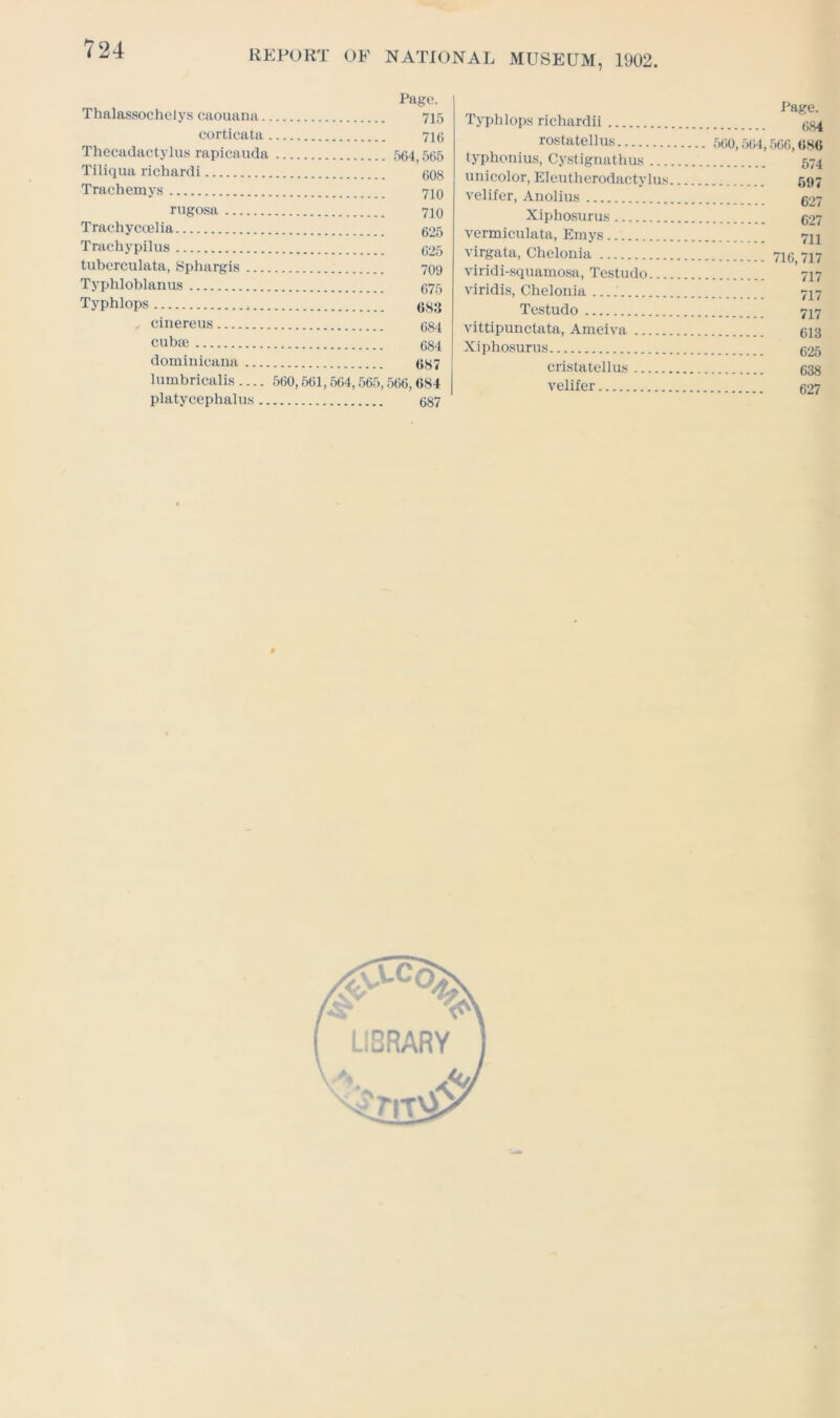 REPORT OF NATIONAL MUSEUM, 1902. Page. Thalassochelys caouana 715 corticata 716 Thecadactylus rapicauda 564,565 Tiliqua richardi 608 Trachemys 716 rugosa 710 Trachycoelia 625 Trachypilus 625 tuberculata, Sphargis 709 Typhloblanus 675 Typhlops , 683 cinereus 684 cubse 684 dominicana 687 lumbricalis .... 560, 561,564,565,566,684 platycephalus 687 Page. Typhlops richardii ^84 rostatellus 560,564,566,686 typhonius, Cystignathus 574 unicolor, Eleuthcrodactylus 597 velifer, Anolius 627 Xiphosurus 627 vermiculata, Emys 711 virgata, Chelonia 716 717 viridi-squamosa, Testudo viridis, Chelonia ....' 747 Testudo 717 vittipunctata, Ameiva 613 Xiphosurus 625 cristatellus 638 velifer 627 #