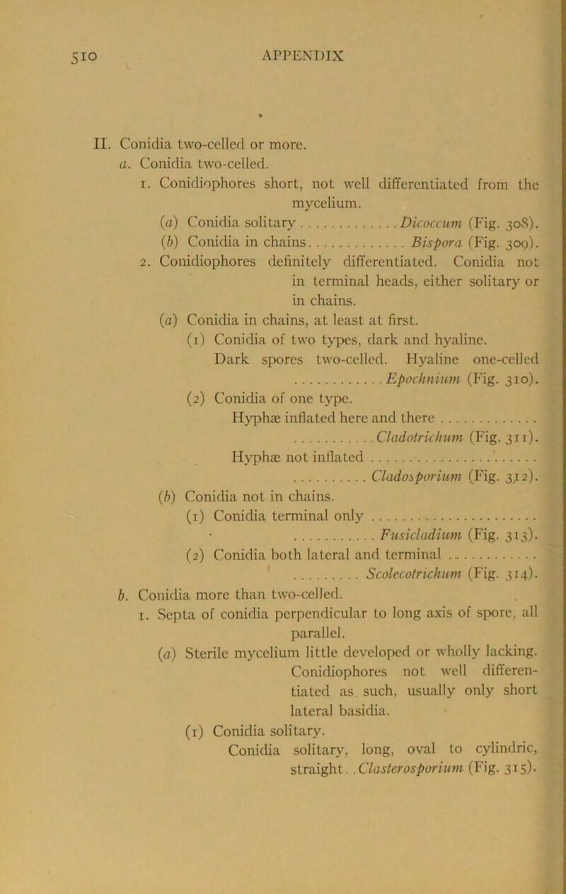 II. Conidia two-cclled or more. a. Conidia two-celled. 1. Conidiophores short, not well differentiated from the mycelium. (a) Conidia solitary Dicoccum (Fig. 308). {b) Conidia in chains Bis para (Fig. 300). 2. Conidiophores definitely differentiated. Conidia not in terminal heads, either solitary or in chains. (o) Conidia in chains, at least at first. (1) Conidia of two types, dark and hyaline. Dark spores two-celled. Hyaline one-cellcd Epochnium (Fig. 310). (2) Conidia of one type. Hyphae inllated here and there Cladotriclium (Fig. 311). Hyphae not inllated ' Cladosporium (Fig. 3,12). (f>) Conidia not in chains. (1) Conidia terminal only Fitskliidium (Fig. 313). (2) Conidia both lateral and terminal ' Scolecolrichum (Fig. 314). b. Conidia more than two-celled. I. Septa of conidia perpendicular to long axis of spore, all parallel. (fl) Sterile mycelium little developed or wholly lacking. Conidiophores not well differen- tiated as. such, usually only short lateral basidia. (1) Conidia solitary. Conidia solitary, long, oval to cylindric, straight. .Clasterosparium (Fig. 315).