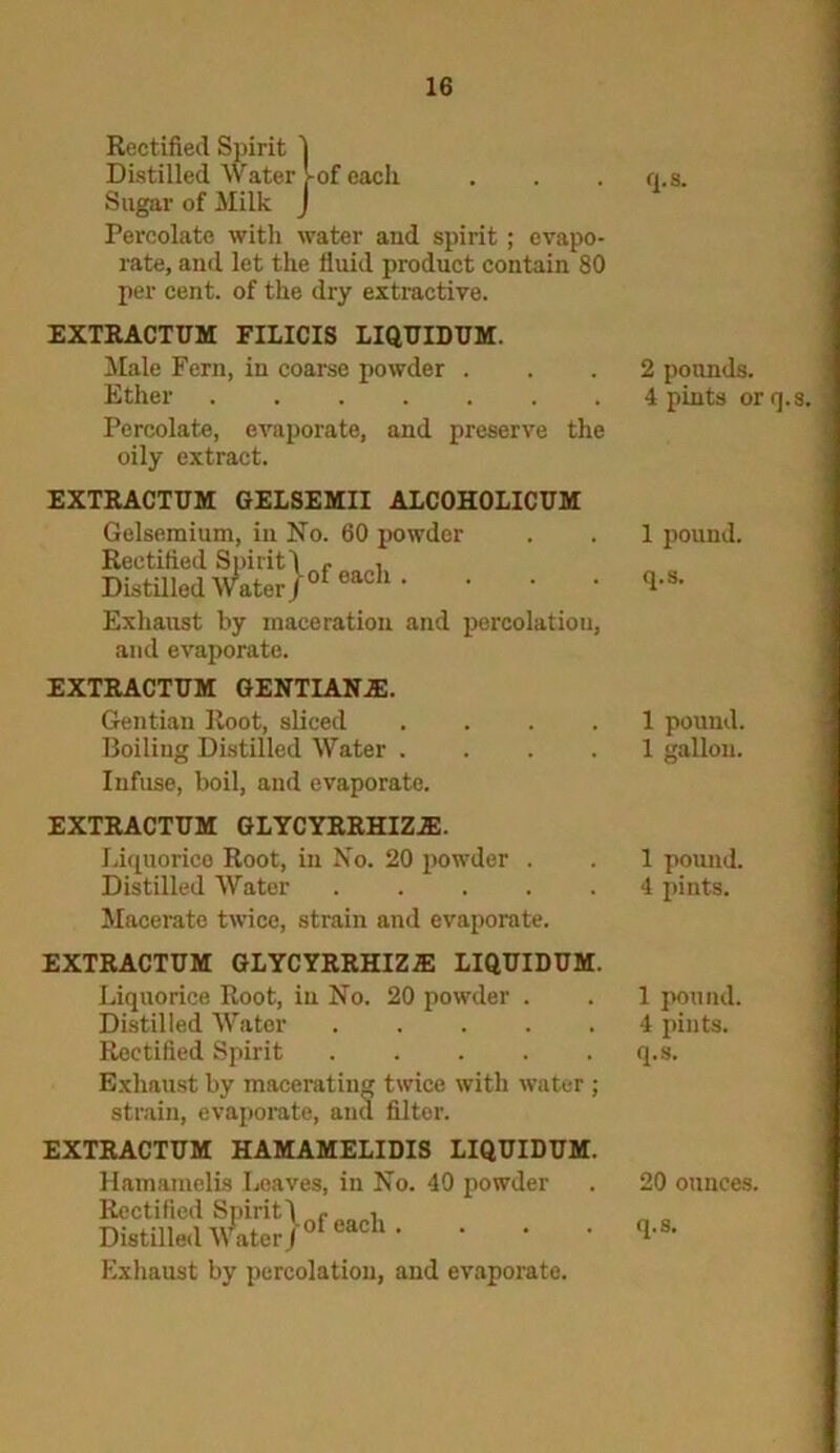 Rectified Spirit i Distilled Water J-of each Sugar of Milk J Percolate with water and spirit; evapo- rate, and let the fluid product contain 80 per cent, of the dry extractive. EXTRACTUM FILICIS LIQUIDUM. Male Fern, in coarse powder . Ether Percolate, evaporate, and preserve the oily extract. EXTRACTUM GELSEMII ALCOHOLICUM Gelsemium, iu No. 60 powder Rectified Spirit-! , Distilled Water jofeach- * Exhaust by maceration and percolatiou, and evaporate. EXTRACTUM GENTIANJE. Gentian Root, sliced Boiling Distilled Water . Infuse, boil, and evaporate. EXTRACTUM GLYCYRRHIZJE. Liquorice Root, in No. 20 powder . Distilled Water .... Macerate twice, strain and evaporate. EXTRACTUM GLYCYRRHIZffi LIQUIDUM. Liquorice Root, in No. 20 powder . Distilled Water Rectified Spirit Exhaust by macerating twice with water ; strain, evaporate, and filter. EXTRACTUM HAMAMELIDIS LIQUIDUM. Hamamelis Loaves, in No. 40 powder Exhaust by percolatiou, and evaporate. q.s. 2 pounds. 4 pints or q.s. 1 pound, q.s. 1 pound. 1 gallon. 1 pound. 4 pints. 1 pound. 4 pints, q.s. 20 ounces,