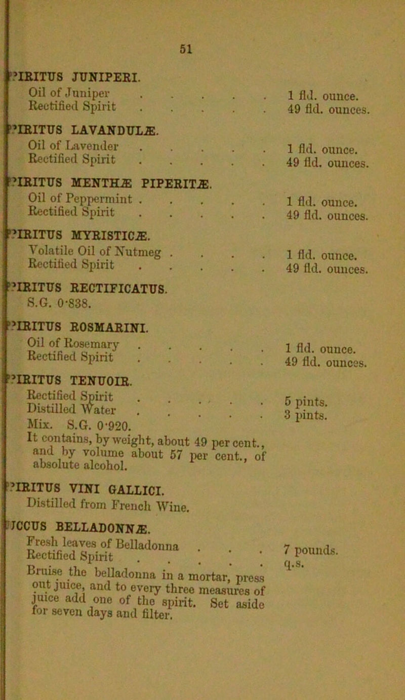 '.’IRITTJS JUNIPERI. Oil of Juniper Rectified Spirit ’’IRITUS LAVANDULA. Oil of Lavender Rectified Spirit 1 fid. ounce. 49 fid. ounces. 1 fid. ounce. 49 lid. ounces. ;?IRITUS MENTHA: PIPERITA. Oil of Peppermint . Rectified Spirit ’HRITUS MYRISTICA. Volatile Oil of Nutmeg . Rectified Spirit :,IRITUS RECTIFICATUS. S.G. 0-838. 1 fid. ounce. 49 fid. ounces. 1 fid. ounce. 49 fid. ounces. :>IRITUS ROSMARINI. Oil of Rosemary .... Rectified Spirit .... I’MRITUS TENUOIR. Rectified Spirit Distilled Water .... Mix. S.G. 0-920. It contains, by weight, about 49 percent., and by volume about 57 per cent., of absolute alcohol. 1 fid. ounce. 49 fid. ounces. 5 pints. 3 pints. ’IRITUS VINI GALLICI. Distilled from French Wine. JCCUS BELLADONNA. Fresh leaves of Belladonna Rectified Spirit Bruise the belladonna in a mortar, prc out juice, and to every three measures juice add one of the spirit. Set asi for seven days and filter. 7 pounds,