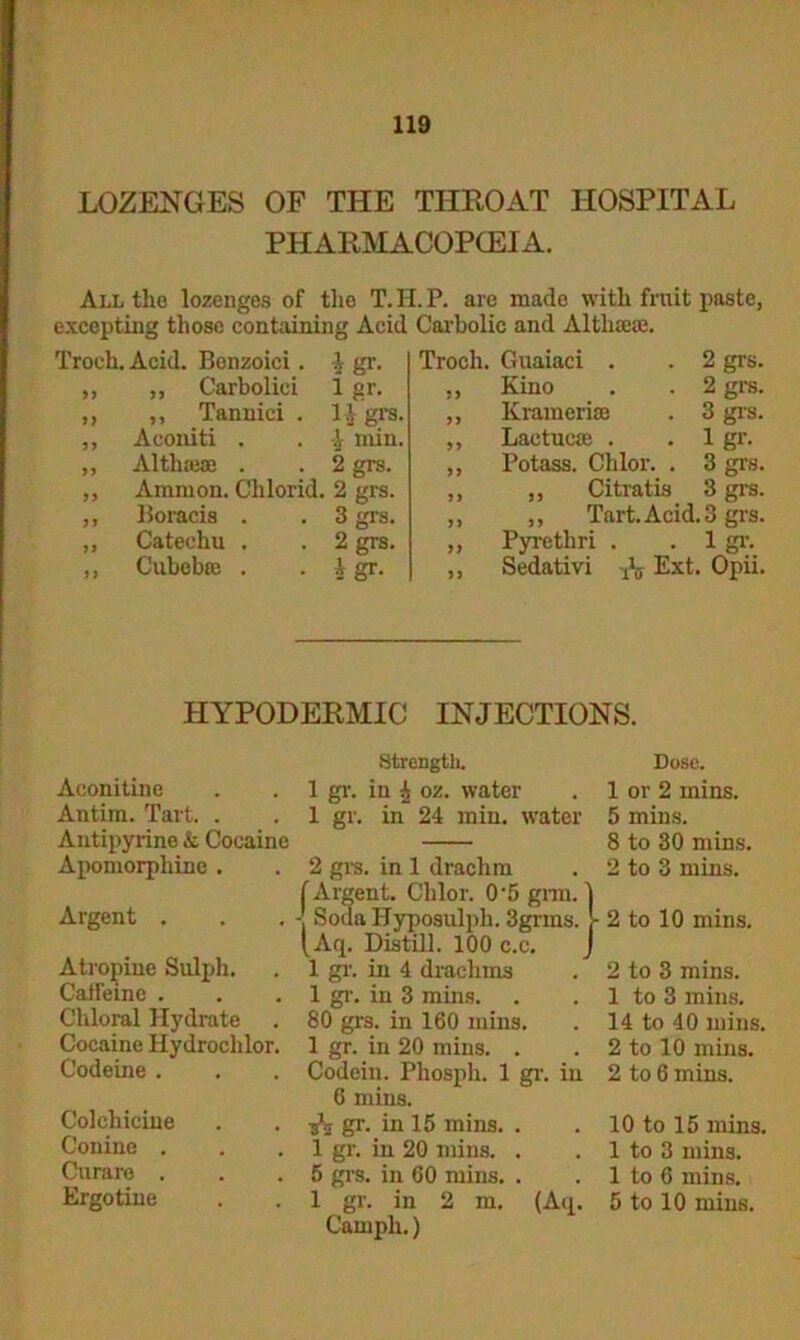 LOZENGES OF THE THROAT HOSPITAL PHARMACOPOEIA. All the lozenges of the T. H. P. are made with fruit paste, excepting those containing Acid Carbolic and Althaeas. Troch. Acid. Benzoici. A gr. Troch. Guaiaci . . 2 grs. ff „ Carboliei 1 gr. ff Kino . . 2 grs. f) ,, Tannici . H grs. ff Krameriaa . 3 grs. ff Aconiti . -.V min. ff Laetucas . . 1 gr. >> Althasae . 2 grs. ff Potass. Chlor. . 3 grs. ff Ammon. Chlorid. 2 grs. ff ,, Citratis 3 grs. ff Boracis . 3 grs. ff ,, Tart. Acid. 3 grs. ff Catechu . 2 grs. ff Pyrethri . . 1 gr. >1 Cubebte . •I gr- ff Sedativi ^ Ext. Opii. HYPODERMIC INJECTIONS. Aconitine Antim. Tart. . Antipyrine & Cocaine Apomorphinc . Argent . Atropine Sulph. Caffeine . Chloral Hydrate Cocaine Hydrochlor. Codeine . Colchicine Conine . Curare . Ergotine Strength. 1 gr. in A oz. water 1 gr. in 24 min. water 2 grs. in 1 drachm (Argent. Chlor. 0'5 gnu. j | Soda Hyposulph. 3grms. - fAq. Distill. 100 c.c. J 1 gr. in 4 drachms 1 gr. in 3 mins. 80 grs. in 160 mins. 1 gr. in 20 mins. . Codein. Phosph. 1 gr. in 6 mins. gr. in 15 mins. . 1 gr. in 20 mins. . 5 grs. in 60 mins. . 1 gr. in 2 m. (Aq. Cainpli.) Dose. 1 or 2 mins. 5 mins. 8 to 30 mins, 2 to 3 mins. 2 to 10 mins. 2 to 3 mins. 1 to 3 mins. 14 to 40 mins. 2 to 10 mins. 2 to 6 mins. 10 to 15 mins. 1 to 3 mins. 1 to 6 mins. 5 to 10 mins.