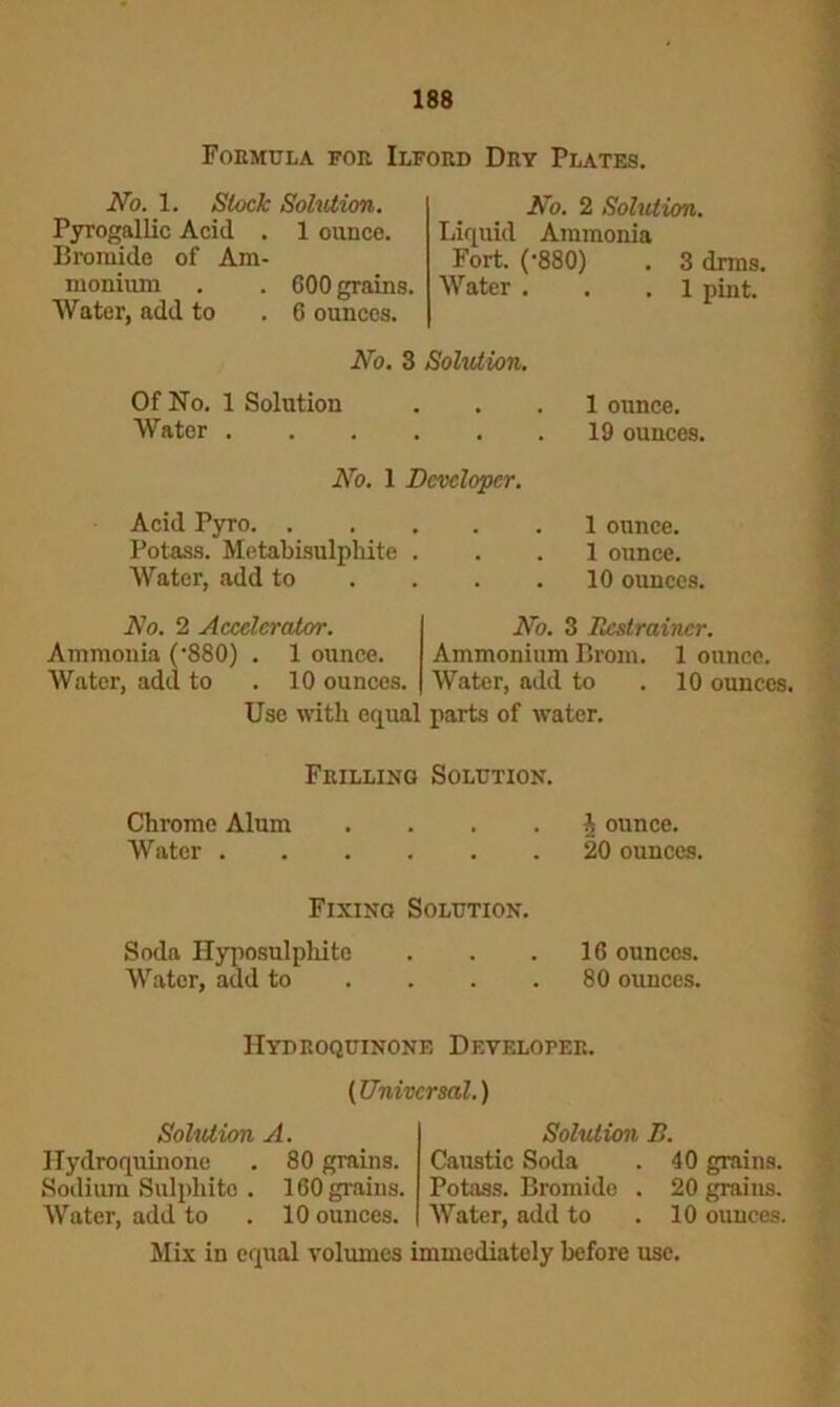 Formula for Ilford Dry Plates. No. 1. Stock Solution. Pyrogallic Acid . 1 ounce. Bromide of Am- monium . . 600 grains. Water, add to . 6 ounces. No. 2 Solution. Liquid Ammonia Fort. ('880) . 3 drms. Water . . .1 pint. No. 3 Solution. Of No. 1 Solution ... 1 ounce. Water . . . . . .19 ounces. No. 1 Developer. Acid Pyro Potass. Metabisulphite . Water, add to 1 ounce. 1 ounce. 10 ounces. No. 2 Accelerator. Ammonia (‘880) . 1 ounce. Water, add to .10 ounces. Use with equal parts of water. No. 3 Rcstraincr. Ammonium Brom. 1 ounce. Water, add to .10 ounces. Frilling Solution. Chrome Alum . ... % ounce. Water 20 ounces. Fixing Solution. Soda Hyposulphite . . .16 ounces. Water, add to . . . .80 ounces. Hydroquinone Developer. (Universal.) Solution A. Hydroquinone . 80 grains. Sodium Sulphite . 160 grains. Water, add to .10 ounces. Solution B. Caustic Soda . 40 grains. Potass. Bromide . 20 grains. Water, add to . 10 ounces. Mix in equal volumes immediately before use.