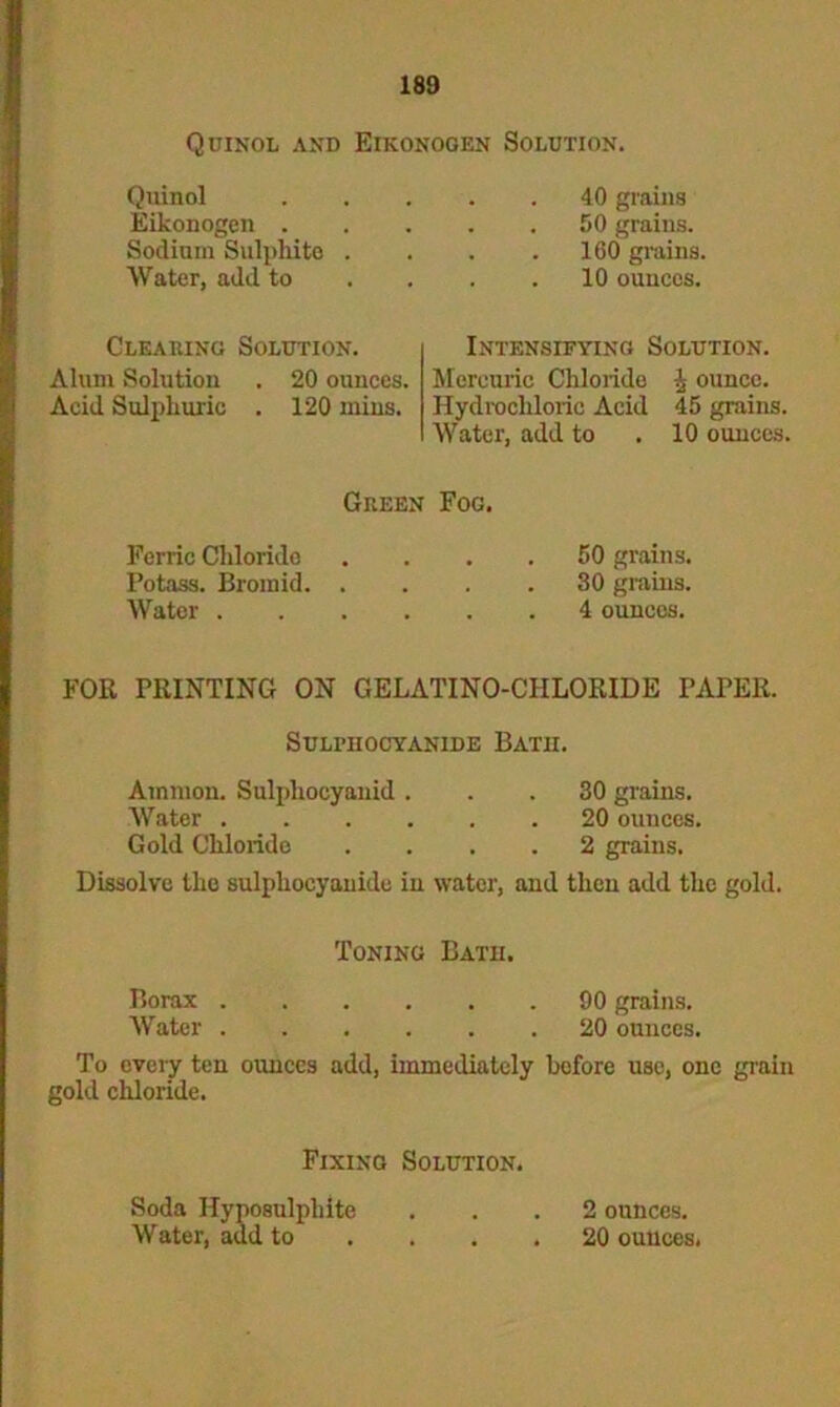 Quinol and Eikonogen Solution. Quinol Eikonogen . Sodium Sulphite . Water, add to Clearing Solution. Alum Solution . 20 ounces. Acid Sulphuric . 120 mins. Green Ferric Chloride Potass. Bromid. . Water .... . . 40 grains . . 50 grains. . . 160 grains. 10 ounces. Intensifying Solution. Mercuric Chloride J ounce. Hydrochloric Acid 45 grains. Water, add to .10 ounces, Fog. . . 50 grains. . . 30 grains. . . 4 ouncos. FOR PRINTING ON GELATINO-CIILORIDE PAPER. Sulthocyanide Batii. Ammon. Sulphocyauid ... 30 grains. Water 20 ounces. Gold Chloride .... 2 grains. Dissolve the sulphocyanide in water, and then add the gold. Toning Batii. Borax 90 grains. Water 20 ounces. To every ten ounces add, immediately before use, one grain gold chloride. Fixing Solution. Soda Hyposulphite ... 2 ounces. Water, add to .... 20 ounces.