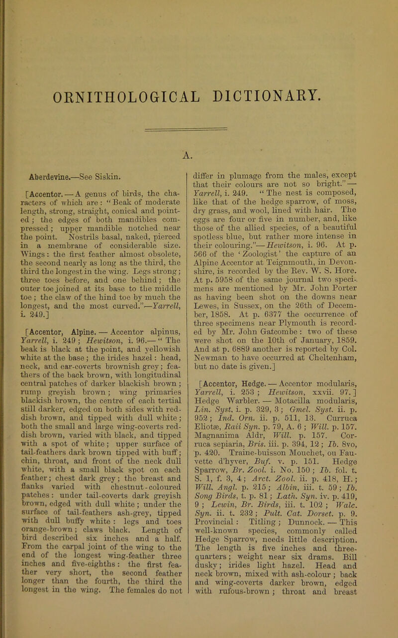 ORNITHOLOGICAL DICTIONARY A. Aberdevine.—See Sisldn. [Accentor. — A genus of birds, the cha- racters of which are : “ Beak of moderate length, strong, straight, conical and point- ed ; the edges of both mandibles com- pressed ; uppor mandible notched near the point. Nostrils basal, naked, pierced in a membrane of considerable size. Wings: the first feather almost obsolete, the second nearly as long as the thii-d, the third the longest in the wing. Legs strong; three toes before, and one behind; the outer toe joined at its base to tbe middle toe ; the claw of the hind toe by much the longest, and the most cui-ved.”—YaiTcZi, L 249.] [Accentor, Alpine. — Accentor alpinus, Yarrell, i. 249 ; Hewitson, i. 96.— “ The beak is black at the point, and yellowish white at the base ; the irides hazel: head, neck, and ear-coverts brownish grey; fea- thers of the back brown, with longitudinal central patches of darker blackish brown ; rump greyish browm; wing primaries blackish brown, the centre of each tertial still darker, edged on both sides with red- dish brown, and tipped with dull white; both the small and large wing-coverts red- dish browTQ, vailed with black, and tipped with a spot of white; upper surface of tail-feathers dark bi’own tipped with buff; chin, throat, and front of the neck dull white, with a small black spot on each feather; chest dark grey; the breast and flanks varied with chestnut - coloured patches: under tail-coverts dark gi-eyish brown, edged with dull white; under the surface of tail-feathers ash-grey, tipped with duU huffy white : legs and toes orange-brown; claws black. Length of bird described six inches and a half. From the carpal joint of the wing to the end of the longest wing-feather three inches and five-eighths; the first fea- ther very short, the second feather longer than the fourth, the third the longest in the wing. The females do not differ in plumage from the males, except that theii’ colours are not so bright.” — Yarrell, i. 249. “ The nest is composed, like that of the hedge sparrow, of moss, dry grass, and wool, lined with haii’. The eggs are four or five in number, and, like those of the allied species, of a beautiful spotless blue, but rather more intense in their colouring.”—Heioitson, i. 96. At p. 566 of the ‘ Zoologist ’ the capture of an Alpine Accentor at Teignmouth, in Devon- shire, is recorded by the Rev. W. S. Hore. At p. 5958 of the same journal two sped-, mens are mentioned by Mr. John Porter as having been shot on the dowms near Lewes, in Sussex, on the 26th of Decem- ber, 1858. At p. 6377 the occurrence of three specimens near Plymouth is record- ed by Mr. John Gatcombe : two of these were shot on the 10th of Januaiy, 1859. And at p. 6889 another is reported by Col. Newman to have occurred at Cheltenham, but no date is given.] [Accentor, Hedge. — Accentor moduloiis, Yarrell, i. 253 ; Heioitson, xxvii. 97. ] Hedge Warbler. — Motacilla modularis, Lin. Syst. i. p. 329, 3; Gmel. Syst. ii. p. 952; Ind. Orn. ii. p. 511, 13. Curruca EUotce, Raii Syn. p. 79, A. 6 ; Will. p. 157. Magnanima Aldr, Will. p. 157. Cor- iTica sepiaiia, Bris. iii. p. 394, 12; Ib. 8vo, p. 420. Traine-buisson Mouchet, ou Fau- vette d’hyver, Buf. v. p. 151. Hedge Sparrow, Br. Zool. i. No. 150; Ib. fol. t. S. 1, f. 3, 4; Arct. Zool. ii. p. 418, H. ; Will. Angl. p. 215; Albin, iii. t. 59; Ib. Song Birds, t. p. 81; Lath. Syn. iv. p. 419, 9 ; Lewin, Br. Birds, iii. t. 102 ; Wale. Syn. ii. t. 232; Pult. Cat. Dorset, p. 9. Provincial : Titling ; Dunnock. — This well-known species, commonly called Hedge Sparrow, needs little description. The length is five inches and three- quai-ters; weight near six drams. Bill dusky; irides light hazel. Head and neck brown, mixed with ash-colour ; back and wing-coverts daidcer brown, edged with rufous-brown; throat and breast