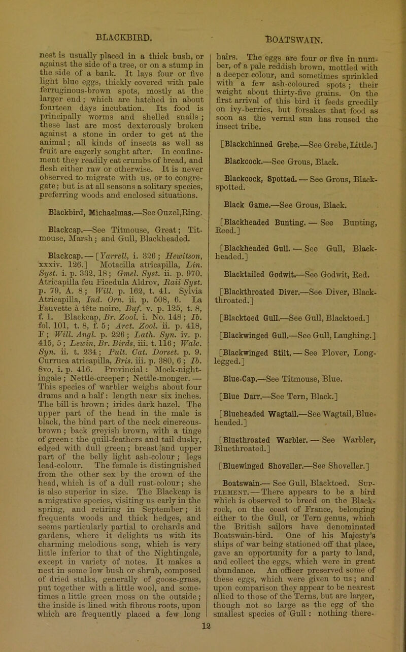 boatswain. neat is usually placed in a thick bush, or against the side of a tree, or on a stump in the side of a bank. It lays four or five light blue eggs, thickly covered ^dth pale ferruginous-brown spots, mostly at tlie larger end; which rn-e hatched in about fourteen days incubation. Its food is principally worms and shelled snails ; these last are most dexterously broken against a stone in order to get at the animal; aU kinds of insects as well as fruit are eagerly sought after. In confine- ment they readily eat crumbs of bread, and flesh either raw or otherwise. It is never observed to migrate -with us, or to congre- gate ; but is at all seasons a solitary species, preferring woods and enclosed situations. Blackbird, Michaelmas.—See Ouzel,Eing. Blackcap.—See Titmouse, Great; Tit- mouse, Marsh; and Gull, Blackheaded. Blackcap.— [Yarrcll, i. 32C ; Hewitson, xxxiv. 126.] Motacilla atricapEla, Lin. Syst. i. p. 332, 18; Gmel. Syst. ii. p. 970. AtricapEla feu FicediEa Aldrov, Raii Syst. p. 79, A. 8; Will. p. 162, t. 41. SyMa AtricapEla, Ind. Orii. E. p. 508, 6. La Fauvette a tete noire, Buf. v. p. 125, t. 8, f. 1. Blackcap, Br. Zool. i. No. 148; 16. fol. 101, t. 8, f. 5; Arct. Zool. u. p. 418, F; Will. Angl. p. 226; Lath. Syn. iv. p. 415, 5; Lewin, Br. Birds, in. 1.116; Wale. Sy7i. E. t. 234; Bull. Cat. Dorset, p. 9. Curruca atricapiEa, Bris. Ei. p. 380, 6 ; Ib. 8vo, i. p. 416. Provincial: Mock-night- ingale ; Nettle-creeper; Nettle-monger. — This species of warbler weighs about four drams and a half: length near six inches. The bEl is brown ; irides dark hazel. The upper part of the head in the male is black, the hind part of the neck cinereous- brown ; back grej-ish brown, with a tinge of green: the quill-feathers and taE dusl^, edged with dull green; breast [and upper part of the beEy Ught ash-colour; legs lead-colour. The female is distinguished from the other sex by the crown of tlie head, which is of a dull rust-colour; she is also superior in size. The Blackcap is a migrarive species, visiting us eaidy in tlie spring, and retiring in September; it frequents woods and thick hedges, and seems particularlj'- partial to orchards and gardens, where it dehghts us with its charming melodious song, which is very Ettle inferior to that of the Nightingale, except in variety of notes. It makes a nest in some low bush or shrub, composed of diied stalks, generaEy of goose-grass, put together with a Ettle wool, and some- times a little green moss on the outside; the inside is lined with fibrous roots, upon which ai’e frequently placed a few long hairs. The eggs are four or five in num- ber, of a pale reddish brown, mottled with a deeper colour, and sometimes sprinkled with a few ash-coloured spots; their weight about thirty-five grains. On the first arrival of this bEd it feeds greedEy on ivy-berries, but forsakes that food as soon as the vernal sun has roused the insect tiibe. [Blackchinned Grebe.—See Grebe, Little.] Blackcock.—See Grous, Black. Blackcock, Spotted. — See Grous, Block- spotted. Black Game.—See Grous, Black. [Blackheaded Bunting. — See Bunting, Eced.] [Blackheaded GuE. — See GuE, Black- headed.] BlacktaEed Godwit.—See Godwit, Eed. [Blackthroated Diver.—See Diver, Black- throated.] [Blacktoed GuE.—See GuE, Blacktoed.] [Blackwinged GuE.—See GuE, Laughing.] [Blackwinged StEt. — See Plover, Long- legged.] Blue-Cap.—See Titmouse, Blue. [Blue Darr.—See Tern, Black.] [Blueheaded WagtaE.—See WagtaE, Blue- headed.] [Bluethroated Warbler. — See Warbler, Bluethroated.] [Bluewinged ShoveEer.—See ShoveEer.] Boatswain-— See GuE, Blacktoed. Sup- plement.— There appears to be a bird which is obseiwed to breed on the Black- rock, on the coast of France, belonging either to the GuE, or Tern genus, which the British saEors have denominated Boatswain-bu’d. One of his Majesty’s ships of war being stationed off that place, gave an opportmEty for a party to land, and collect the eggs, which were in great abundance. An officer prcseiw^ed some of these eggs, w'hich were given to us; and upon comparison they appear to be nearest aEied to those of the Tems, but are larger, though not so large as the egg of the smaEest species of GuE : nothing there-