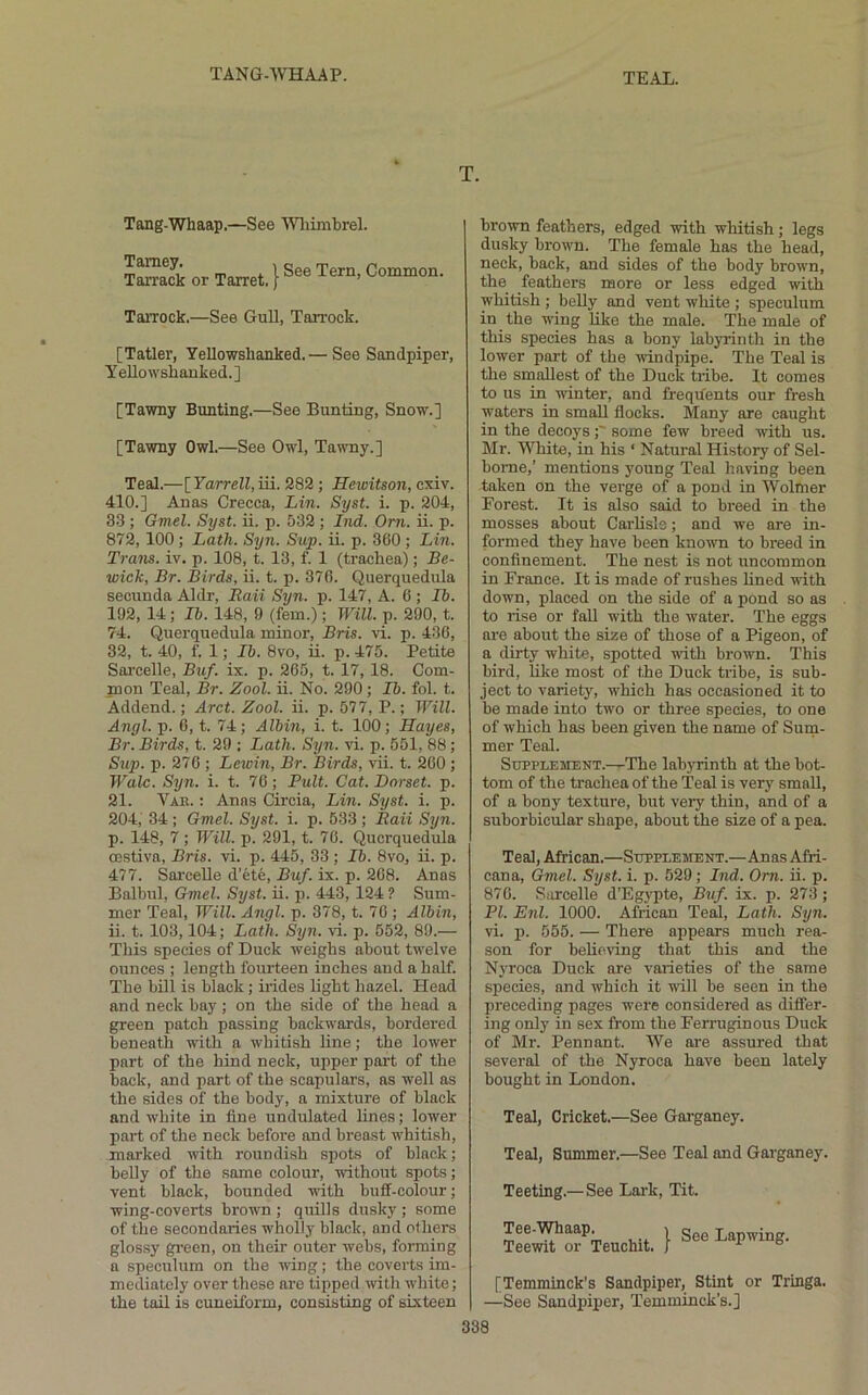 TANG-WHAAP. TEAL. T. Tang-Whaap.—See ‘Wliimbrel. tS or Tarret.} Common. TaiTOck.—See Gull, Tarrock. [Tatler, Yellowshanked.— See Sandpiper, YeUowshanked.] [Tawny Bunting.—See Bunting, Snow.] [Tawny Owl.—See Owl, Tawny.] Teal.—[ Farrell, iii. 282; Hewitson, cxiv. 410.] Anas Crecca, Lin. Syst. i. p. 204, 33 ; Gmel. Syst. ii. p. 532 ; Ind. Om. ii. p. 872,100; Lath. Syn. Sup. ii. p. 360 ; Lin. Trans, iv. p. 108, t. 13, f. 1 (trachea); Be- wick, Br. Birds, ii. t. p. 376. Querquedula secunda Aldr, Raii Syn. p. 147, A. 6 ; Ib. 102, 14; Ib. 148, 9 (fern.); Will. p. 290, t. 74. Quei’quedula minor, Bris. vi. p. 436, 32, t. 40, f. 1; Ib. 8vo, ii. p. 475. Petite Sai’celle, Buf. ix. p. 265, t. 17, 18. Com- inon Teal, Br. Zool. ii. No. 290; Ib. fol. t. Addend.; Arct. Zool. ii. p. 577, P.; Will. Angl. p. 6, t. 74; Albin, i. t. 100; Hayes, Br. Birds, t. 29 ; Lath. Syn. vi. p. 651, 88; Sup. p. 276 ; Lewin, Br. Birds, vii. t. 260 ; Wale. Syn. i. t. 76 ; Bull. Cat. Dorset, p. 21. Vae. : Anas Circia, Lin. Syst. i. p. 204, 34 ; Gmel. Syst. i. p. 533 ; Raii Syn. p. 148, 7 ; Will. p. 291, t. 76. Querquedula oestiva, Bris. vi. p. 445, 33 ; Ib. 8vo, ii. p. 477. Sai’ceUe d’ete, Buf. ix. p. 268. Anas Balbul, Gmel. Syst. ii. p. 443, 124 ? Sum- mer Teal, Will. Angl. p. 378, t. 76 ; Albin, ii. t. 103,104; Lath. Syn. vi. p. 552, 89.— This species of Duck weighs about twelve ounces ; length fourteen inches and a half. The bill is black; iiides light hazel. Head and neck bay; on the side of the head a green patch passing backwards, bordered beneath with a whitish line; the lower part of the hind neck, upper part of the back, and part of the scapulars, as well as the sides of the body, a mixture of black and white in fine undulated lines; lower part of the neck before and breast whitish, marked with roundish spots of black; belly of the same colour, without spots; vent black, bounded with buff-colour; wing-coverts brown ; quills dusky ; some of the secondaries wholly black, and others glossy green, on their outer webs, forming a speculum on the wing; the coverts im- mediately over these are tipped with white; the tail is cuneiform, consisting of sixteen brown feathers, edged with whitish; legs dusky brown. The female has the head, neck, back, and sides of the body brown, the feathers more or less edged with whitish ; belly and vent white ; speculum in the wing like the male. The male of this species has a bony labyrinth in the lower part of the windpipe. The Teal is the smallest of the Duck tribe. It comes to us in winter, and freqrfents our fresh waters in small flocks. Many are caught in the decoys;' some few breed with us. Mr. White, in his ‘ Natural History of Sel- bome,’ mentions young Teal having been taken on the verge of a pond in Wolmer Forest. It is also said to breed in the mosses about Carlisle; and we are in- formed they have been knowm to breed in confinement. The nest is not uncommon in France. It is made of rushes hned with down, placed on the side of a pond so as to rise or fall with the water. The eggs are about the size of those of a Pigeon, of a dirty white, spotted with brown. This bird, like most of the Duck tribe, is sub- ject to variety, which has occasioned it to be made into two or three species, to one of which has been given the name of Sum- mer Teal. Supplement.—The labjuinth at the bot- tom of the trachea of the Teal is very small, of a bony texture, but very thin, and of a suborbicular shape, about the size of a pea. Teal, African.—Supplement.—Anas Afri- can a, Gmel. Syst. i. p. 529; Ind. Orn. ii. p. 876. Surcelle d’Egypte, Buf. ix. p. 273; PI. Enl. 1000. African Teal, Lath. Syn. vi. p. 555. — There appears much rea- son for behe\ing that this and the Nyroca Duck are varieties of the same species, and which it will be seen in the preceding pages were considered as differ- ing only in sex from the Ferruginous Duck of Mr. Pennant. We are assured that several of the Nyroca have been lately bought in London. Teal, Cricket.—See Garganey. Teal, Summer.—See Teal and Garganey. Teeting.—See Lark, Tit. Tee-Whaap. Teewit or Teuchit. See Lapwing. [Temminck’s Sandpiper, Stint or Tringa. —See Sandpiper, Temminck’s.]