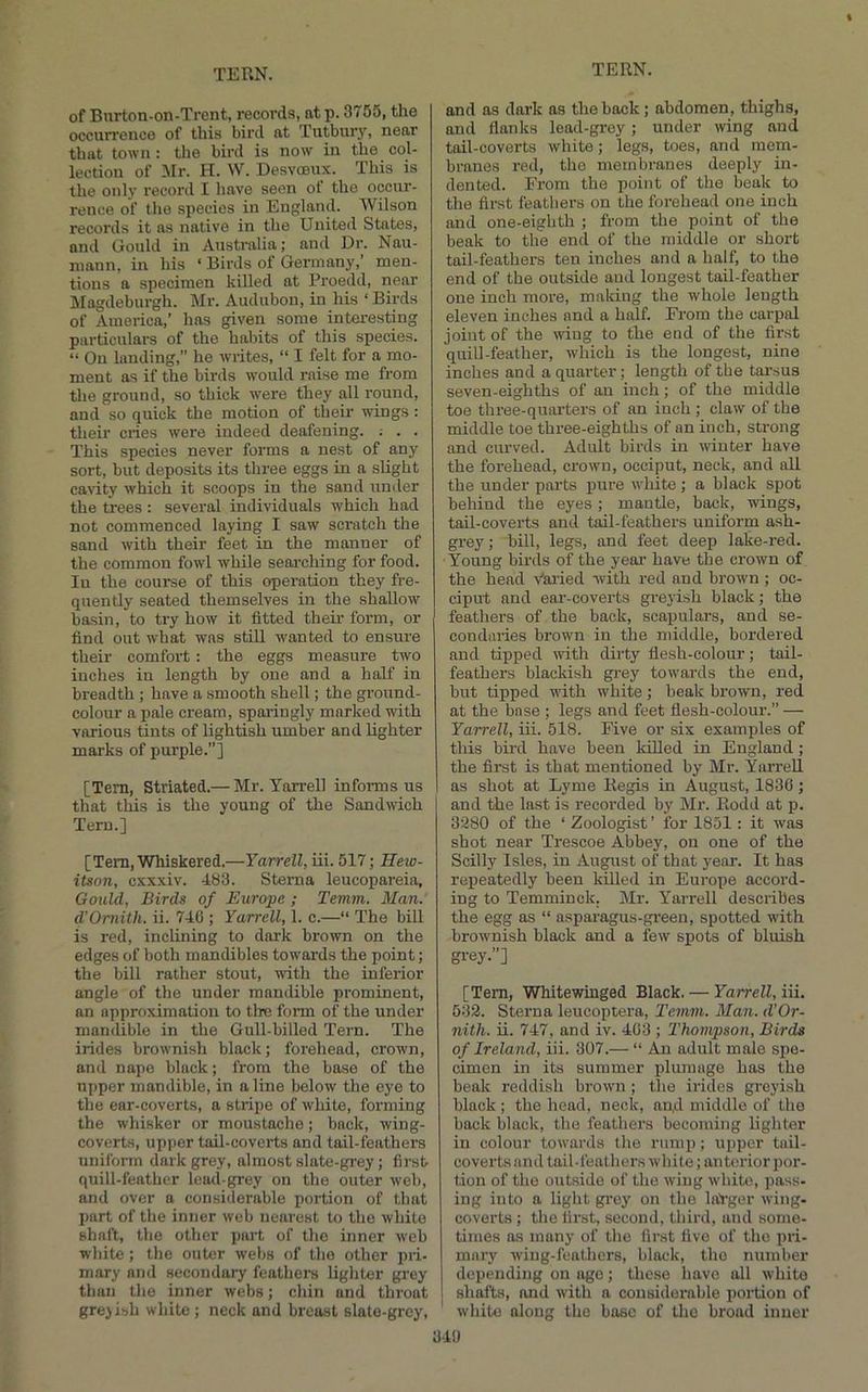 of Burton-on-Trent, records, at p. 3755, the occurrence of this bird at Tutbur3', near that town: the bird is now in the col- lection of Mr. H. W. Desvoeux. This is the only record I have seen ot the occur- rence of the species in England. Wilson records it as native in the United States, and Gould in Austi-alia; and Dr. Nau- nmnn, in his ‘ Birds of Germany,’ men- tions a specimen killed at Proedd, near Magdeburgh. Mr. Audubon, in his ‘ Birds of America,’ has given some interesting particulars of the habits of this species. “ On landing,” he writes, “ I felt for a mo- ment as if the birds would raise me from the ground, so thick were they all round, and so quick the motion of their wings : their cries were indeed deafening. ; . . This species never forms a nest of any sort, but deposits its three eggs in a slight cavity which it scoops in the sand under the trees : several individuals which had not commenced laying I saw scratch the sand with their feet in the manner of the common fowl while seai’ching for food. In the course of this operation they fre- quently seated themselves in the shallow basin, to try how it fitted their form, or find out what was still wanted to ensure their comfort: the eggs measure two inches in length by one and a half in breadth ; have a smooth shell; the ground- colour a pale cream, sparingly marked with various tints of lightish umber and lighter marks of purple.”] [Tern, Striated.— Mr. Yarrell informs us that this is the young of the Sandwich Tern.] [Tern, Whiskered.—Yarrell, iii. 517; Hew- itson, cxxxiv. 483. Sterna leucopareia, GouM, Birds of Europe ; Temm. Man. d’Ornith. ii. 740 ; Yarrell, 1. c.—“ The bill is red, inclining to dark brown on the edges of both mandibles towards the point; the bill rather stout, with the inferior angle of the under mandible prominent, an approximation to the form of the under mandible in the Gull-billed Tern. The irides brownish black; forehead, crown, and nape black; from the base of the upper mandible, in a line below the eye to the ear-coverts, a stripe of white, forming the whisker or moustache; back, wing- coverts, upper tail-coverts and tail-feathers uniform dark grey, almost slate-grey; first quill-feather lead-grey on the outer web, and over a considerable portion of that part of the inner web nearest to the white shaft, the other part of the inner web white; the outer webs of the other pri- mary and secondary feathers lighter grey than the inner webs; chin and throat greyish white ; neck and breast slate-grey. and as dark as the back; abdomen, thighs, and flanks lead-grey; under wing and tail-coverts white; legs, toes, and mem- branes red, the membranes deeply in- dented. From the point of the beak to the first feathers on the forehead one inch and one-eighth ; from the point of the beak to the end of the middle or short tail-feathers ten inches and a half, to the end of the outside and longest tail-feather one inch more, making the whole length eleven inches and a half. From the carpal joint of the wing to the end of the first quill-feather, which is the longest, nine inches and a quarter; length of the tai’sus seven-eighths of an inch; of the middle toe three-quarters of an inch ; claw of the middle toe three-eighths of an inch, strong and curved. Adult birds in winter have the forehead, crown, occiput, neck, and all the under parts pure wdiite ; a black spot behind the eyes; mantle, back, wings, tail-coverts and tail-feathers uniform ash- grey; bill, legs, and feet deep lake-red. Young birds of the yeai’ have the crown of the head Varied with red and brown; oc- ciput and eai'-coverts gi-eyish black; the feathers of the back, scapulars, and se- condiuies brown in the middle, bordered and tipped with dirty flesh-colour; tail- feathers blackish gi-ey towards the end, but tipped with white; beak brown, red at the base ; legs and feet flesh-colour.” — Yarrell, iii. 518. Five or six examples of this bird have been killed in England; the first is that mentioned by Mr. Yarrell as shot at Lyme Regis in August, 1836; and the last is recorded by Mr. Rodd at p. 3280 of the ‘ Zoologist ’ for 1851: it was shot near Trescoe Abbey, on one of the Scilly Isles, in August of that year. It has repeatedly been killed in Europe accord- ing to Temminck. Mr. Yarrell describes the egg as “ asparagus-green, spotted with brownish black and a few spots of bluish gi-ey.”] [Tern, Whitewinged Black. — Yarrell, iii. 532. Sterna leucopiera, Temm. Man. d’Or- nith. ii. 747, and iv. 403 ; Thompson, Birds of Ireland, iii. 307.— “ An adult male spe- cimen in its summer plumage has the beak reddish brown; the irides grej’ish black; the head, neck, an,d middle of the back black, the feathers becoming lighter in colour towards the rtimi); upper tail- coverts and tail-feathers white; anterior por- tion of the outside of the wing white, pass- ing into a light grey on the laVger wing- coverts; the first, second, third, and some- times as many of the first five of the pri- mary wing-feathers, black, the number depending on ago; these have all white shafts, and with a considerable portion of white along the base of the broad inner