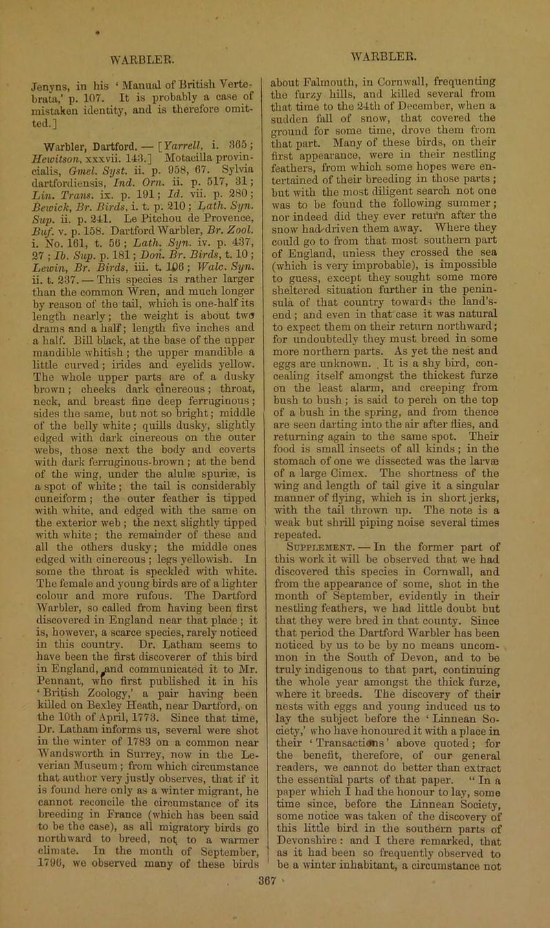 Jenyns, in his ‘ Manuiil of British Verte- brata,’ p. 107. It is probably a case of mistaken identity, and is therefore omit- ted.] Warbler, Dartford. — [Yarrell, i. 805; Hewitson, xxxvii. 148.] Motacilla provin- cialis, Gmel. Syst. ii. p. 958, 07. Sylvia dartfordieusis, Ind. Orn. ii. p. 517, 31; Lin. Tram. ix. p. 191; Id. vii. p. 280 ; Bewick, Br. Birds, i. t. p. 210 ; Lath. Syn. Sap. ii. p. 241. Le Pitchou de Provence, Buf. V. p. 158. Dartford Warbler, Br. Zool. i. No. 101, t. 50 ; Lath. Syn. iv. p. 437, 27 ; 16. Sap. p. 181; Don. Br. Birds, 1.10; Lewin, Br. Birds, iii. t. 100; Wale. Syn. ii. t. 237. — This species is rather larger than the common Wren, and much longer by reason of the tail, which is one-half its length nearly; the weight is about two drams and a half; length five inches and a half. BiU black, at the base of the upper mandible whitish; the upper mandible a little curved; hides and eyelids yellow. The whole upper parts are of a dusky brown; cheeks dark cinereous; throat, neck, and breast fine deep ferruginous; sides the same, but not so bright; middle of the belly white; quills dusky, sUghtly edged with dark cinereous on the outer wel)s, those next the body and coverts with dark ferruginous-brown ; at the bend of the wing, under the alulse spurise, is a spot of white; the tail is considerably cuneiform; the outer feather is tipped with white, and edged with the same on the exterior web ; the next slightly tipped w'ith white; the remainder of these and all the others dusky; the middle ones edged with cinereous ; legs yelloTOsh. In some the throat is speckled mth white. The female and young birds are of a lighter colour and more rufous. The Dartford Wai’bler, so called from having been first discovered in England near that place ; it is, however, a scarce species, rarely noticed in this country. Dr. Latham seems to have been the first discoverer of this bird in England, ^nd communicated it to Mr. Pennant, wno first published it in his ‘ British Zoology,’ a pair haring been killed on Bexley Heath, near Dartford, on the 10th of April, 1773. Since that time. Dr. Latham informs us, several were shot in the winter of 1783 on a common near Wandsworth in SuiTey, now in the Le- verian Museum; from which circumstance that author very justly observes, that if it is found here only as a winter migrant, he cannot reconcile the circumstance of its breeding in France (which has been said to be the ca.se), as all migratory birds go northward to breed, not, to a warmer climate. In the month of September, 1790, we observed many of these birds about Falmouth, in Cornwall, frequenting the furzy hills, and killed several from that time to the 24th of December, when a sudden fall of snow, that covered the ground for some time, drove them from that part. Many of these birds, on their first appearance, were in their nestling feathers, from which some hopes were en- tertained of their breeding in those parts ; but trith the most diligent search not one was to he found the following summer; nor indeed did they ever retui'n after the snow had^driven them away. Where they could go to from that most southern part of England, unless they crossed the sea (which is vety improbable), is impossible to guess, except they sought some more sheltered situation further in the penin- sula of that country towards the land’s- end ; and even in that case it was natural to expect them on their return northward; for undoubtedly they must breed in some more northern parts. As yet the nest and eggs are nnknown. , It is a shy bird, con- cealing itself amongst the thickest furze on the least alarm, and creeping from bush to bush ; is said to perch on the top of a bush in the spring, and from thence are seen dai'ting into the air after flies, and returning again to the same spot. Their food is small insects of all kinds; in the stomach of one we dissected was the larvas of a large Cimex. The shortness of the wing and length of tail give it a singular manner of flying, which is in short jerks, with the tail thrown up. The note is a weak but shiiR piping noise several times repeated. SuppiJSHEtJT. — In the former part of this work it Tvill be observed that we had discovered this species in Comwall, and from the appearance of some, shot in the month of September, evidently in their nestling feathers, we had little doubt but that they were bred in that county. Since that period the Dartford Warbler has been noticed by us to be by no means uncom- mon in the South of Devon, and to be truly indigenous to that part, continuing the whole year amongst the thick furze, where it breeds. The discovery of their nests with eggs and young induced us to lay the subject before the ‘ Linnean So- ciety,’ who have honoured it with a place in their ‘ TransactiiJns’ above quoted; for the benefit, therefore, of our general readers, we cannot do better than extract the essential parts of that paper. “ In a paper which I had the honour to lay, some time since, before the Linnean Society, some notice was taken of the discovery of this little bird in the southern parts of Devonshire: and I there remai-ked, that as it had been so frequently observed to be a winter inhabitant, a circumstance not
