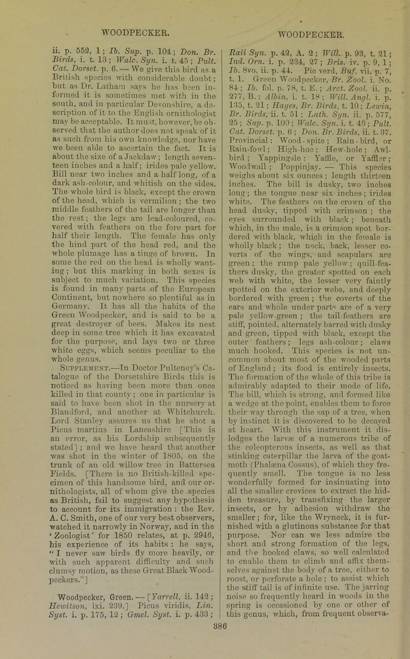 ii. p. 552, 1; Ih. Sup. p. 104; Don. Br. Birds, i. t. 13; Wale. Stpi. i. t. 45 ; PuU. Cat. Dorset, p. 6. — We give this bird ns a British species with considerable doubt; blit as Dr. Lnthara says he hns been in- formed it is sometimes met with in the south, and in particular Devonshire, a de- scription of it to the English ornithologist may be acceptable. It must,however, be ob- served that the author does not speak of it as such from his own knowledge, nor have we been able to ascertain the fact. It is about the size of a .Jackdaw; length seven- teen inches and a half; irides pale yellow. Bill near two inches and a halflong, of a dark ash-colour, and whitish on the sides. The whole bird is black, except the crown of the head, which is vermilion ; the two middle feathers of the tail are longer than the rest; the legs are lead-coloured, co- vered with feathers on the fore part for half their length. The female has only the hind part of the head red, and the whole plumage has a tinge of brown. In some the red on the head is wholly want- ing ; but this marking in both sexes is subject to much variation. This species is found in many parts of the European Continent, but nowhere so plentiful as in Germany. It has all the habits of the Green AVoodpecker, and is said to be a great destroyer of bees. Makes its nest deep in some tree which it has excavated for the purpose, and lays two or three white eggs, which seems peculiar to the whole genus. Supplement.—In Doctor Pulteney’s Ca- talogue of the Dorsetshire Birds this is noticed as having been more than once killed in that county ; one in particular is said to have been shot in the nursery at Blandford, and another at AA'hitchureh. Lord Stanley assures us that he shot a Picus martins in Lancashire [This is an error, as his Lordship subsequently stated] ; and we have heard that another was shot in the winter of 1805, on the trunk of an old willow tree in Battersea Fields. [There is no British-killed spe- cimen of this handsome bird, and our or- nithologists, all of whom give the species as British, fail to suggest any hypothesis to account for its immigration : the Rev. A. C. Smith, one of our very best observers, watched it narrowly in Norway, and in the ‘ Zoologist ’ for 1850 relates, at p. 2946, his experience of its habits : he says, “ I never saw birds fly more heavily, or with sucli apparent difficulty and such clumsy motion, as these Great Black AVood- peckers.] AAToodpecker, Green.— [Yarrell, ii. 142; Hewitson, Ixi. 230.] Picus viridis, Lin. Syst. i. p. 175, 12 ; Gmel. Syst. i. p. 433; Raii Syn. p. 42, A. 2 ; Will., p. 93, t. 21; Ind. Orn. i. p. 234, 27; Bris. iv. p. 9, 1; 76. 8vo. ii. p. 44. Pic verd, Buf. vii. p. 7, t. 1. Green AVoodpecker, Br. Zool. i. No. 84 ; Ih. fol. p. 78, t. E.; Arct. Zool. ii. p. 277, B.: Albin, i. t. 18 ; Will. Angl. i. p. 135, t. 21; Hayes, Br. Birds, t. 10; Lewin, Br. Birds, ii. t. 51; Lath. Syn. ii. p. 577, 25 ; Sup. p. 100 ; Wale. Syn. i. t. 40 ; Pult. Cat. Dorset, p. 0 ; Don. Br. Birds, ii. t. 37. Provincial: AA^ood-spite; Rain-bird, or Rain-fowl; High-hoe ; Hew-hole ; Awl- bird ; Yappingiile : Yaffle, or Yaffler; AAhiodwall ; Poppinjay. — This species weighs about six ounces ; length thirteen inches. The bill is dusky, two inches long; the tongue near six inches; irides white. The feathers on the crown of the head dusky, tipped with crimson ; the eyes surrounded with black ; beneath which, in the male, is a crimson spot bor- dered with black, which in the female is wholly black; the neck, back, lesser co- verts of the wings, and scapulars are green; the rump pale yellow; quill-fea- thers dusky, the greater spotted on each web with white, the lesser very faintly spotted on the exterior webs, and deeply bordered with green ; the coverts of the ears and whole under parts are of a very pale j'ellow-green ; the tail-feathers are stiff, pointed, alternately barred with dusky and green, tipped with black, except the outer feathers; legs ash-colour; claws much hooked. This species is not un- common about most of the wooded parts of England ; its food is entirely insects. The formalion of the whole of this tribe is admirably adapted to their mode of life. The bill, which is strong, and formed like a wedge at the point, enables them to force their way through the sap of a tree, when by instinct it is discovered to be decayed at heart. AATth this instrument it dis- lodges the larvre of a numerous tribe of the coleopterous insects, as well as that stinking caterpillar the larva of the goat- moth (Phalajna Cossus), of which they fre- quently smell. The tongue is no less wonderfully formed for insinuating into all the smaller crevices to extract the hid- den treasure, by transfixing the larger insects, or by adhesion withdraw the smaller; for, like the AVryneck, it is fur- nished with a glutinous substance for that purpose. Nor can we less admire the short and strong formation of the legs, and the hooked claws, so well calculated to enable them to climb and affix them- selves against the body of a tree, either to roost, or perforate a hole ; to assist which the stiff tail is of infinite use. The jarring noise so frequentl3f heard in woods in the spring is occasioned bj' one or other of this genus, which, from frequent observa-
