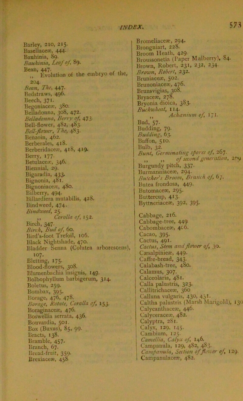 Barley, 2 to, 215. Basellace®, 444. Bauhinia, 89. Bauhinia, Lea) o), 89. Bean, 447. „ Evolution of the embryo of the, 204. Bean, The, 447. Bedstraws, 496. Beech, 371. Begoniace®, 380. Belladonna, 308, 472. Belladonna, Berry of, 473 Bell-flower, 482, 483. Bell-flower, The, 483. Benzoin, 462. Berberales, 418. Berberidace®, 418, 419. Berry, 177 Betulacea, 346. Biennial, 29. Bigaradia, 433. Bignonia, 481. Bignoniaceae, 480. Bilberry, 494. Bitlardiera mutabilis, 428. Bindweed, 474. Bindweed, 25. ,, Corolla of, 152. Birch, 347' Birch, Bud of, 60. Bird’s-foot Trefoil, 106. Black Nightshade, 470. Bladder Senna (Colutea arborescens), 107. B letting, 175. Blood-flowers, 308. Blumenbachia insignis, 149. Bolbophyllum barbigerum, 314. Boletus, 259. Bombax, 395. Borage, 476, 478. Borage, Bo tale. Corolla of, 153. Boraginace®, 476. Boswellia serrata, 436. Bouvardia, 501. Box (Buxus), 85, 99. . Bracts, 138. Bramble, 457. Branch, 67. Bread-fruit, 359. Brexiacew, 458 Bromeliacese, 294. Brongniart, 228. Broom Heath, 429. Broussonetia (Paper Mulberry), 84, Brown, Robert, 231, 232, 234. Brown, Robert, 232. Bruniacese, 502. Brunoniacese, 476. | Brunsvigias, 308. Bryacete, 278. Bryonia dioica, 383. Buckwheat, 114. ,, Achanium of, 171. Bud, 57- Budding, 79. Budding, 63. Buff on, 510. Bulb, 32. Bunt, Germinating spores of, 207. ,, ,, of second generation, 2ny Burgundy pitch, 337. Burmanniacete, 294. Butcher's Broom, Branch of, 67. Butea frondosa, 449. j Butomace®, 295. I Buttercup, 413. | Byttneriace®, 392, 395. Cabbage, 216. Cabbage-tree, 449 Cabombace®, 4c 6. Cacao, 395. Cactus, 491. ! Cactus, Stem and flcnoer of, 30. C®salpinie®, 449. : Caffre-bread, 343. j Calabash-tree, 480. Calamus, 307. Calceolaria, 481. Calla palustris, 323. Callitrichace®, 360 Calluna vulgaris, 430, 451. Caltha palustris (Marsh Marigold), 130 Calycanthace®, 446- Calycerace®, 482. Calyptra, 281. Calyx, 129, 145. j Cambium, 125. Camellia, Calyx of, 146. Campanula, 129, 482, 483. Campanula, Section of flower o), 129. Campanulace®, 482.