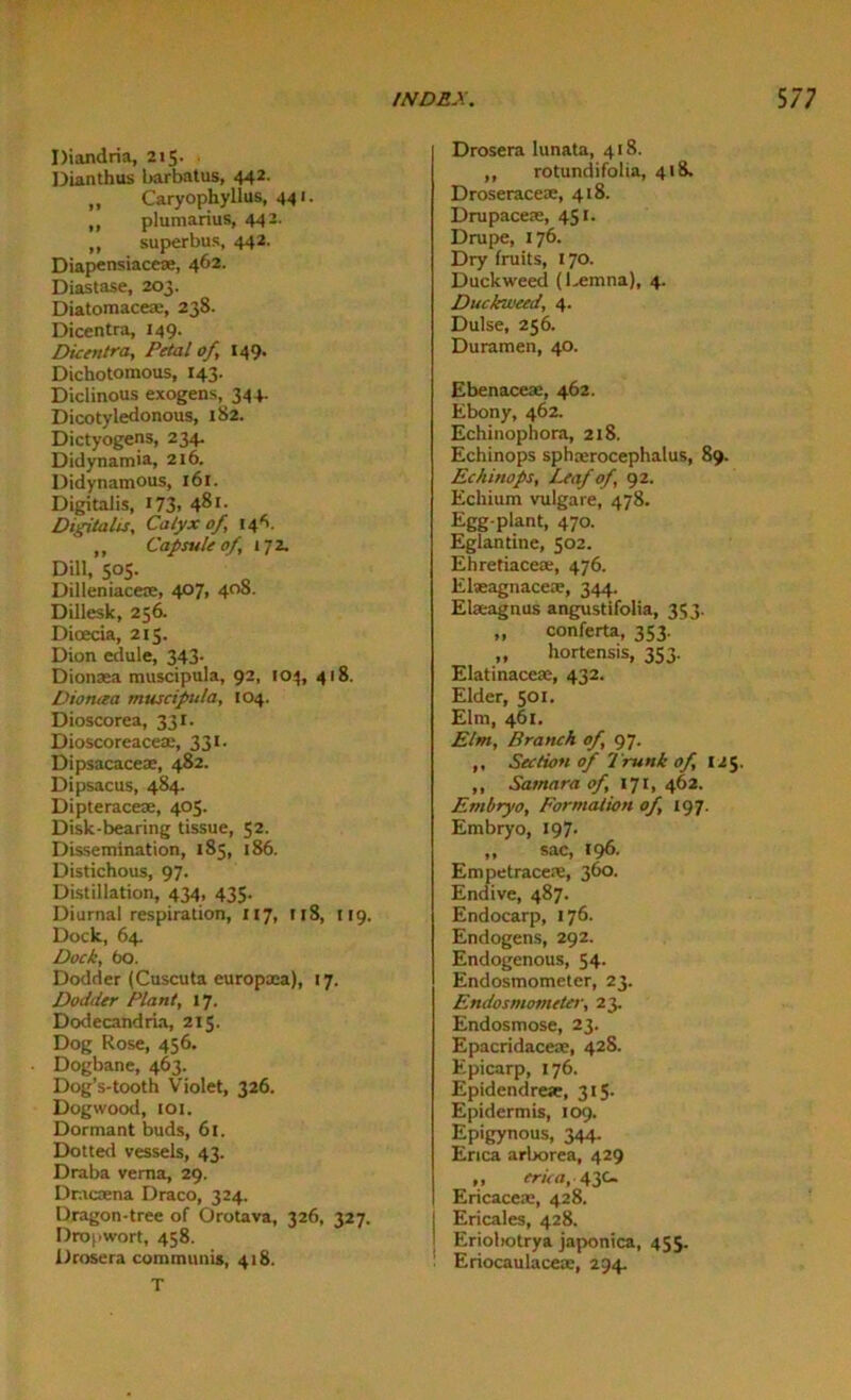 Diandria, 215. Dianthus barbatus, 442. „ Caryophyllus, 441. ,, plumarius, 442. ,, superbus, 442. Diapensiaceoe, 462. Diastase, 203. Diatomaceae, 238. Dicentra, 149- Dicentra, Petal of, 149. Dichotomous, 143. Diclinous exogens, 344. Dicotyledonous, 182. Dictyogens, 234. Didynamia, 216. Didynamous, 161. Digitalis, 173. 481. Digitalis, Calyx of, 146. „ Capsule of, 172. Dill, 505. Dilleniacece, 407* 4°S- Dillesk, 256. Dicecia, 215. Dion edule, 343- Dionaea muscipula, 92, 104, 418. Dioruea muscipula, 104. Dioscorea, 331. Dioscoreacea:, 331. Dipsacaceae, 482. Dipsacus, 484. Dipteraceae, 405. Disk-bearing tissue, 52. Dissemination, 185, 186. Distichous, 97. Distillation, 434, 435. Diurnal respiration, 117, n8, 119. Dock, 64 Dock, bo. Dodder (Cuscuta europoea), 17. Dodder Plant, 17. Dodecandria, 215. Dog Rose, 456. Dogbane, 463. Dog’s-tooth Violet, 326. Dogwood, toi. Dormant buds, 61. Dotted vessels, 43. Draba vema, 29. Dracaena Draco, 324. Dragon-tree of Orotava, 326, 327. Dropwort, 458. Drosera communis, 418. T Drosera lunata, 418. ,, rotundifolia, 418. Droseraceae, 418. Drupaceae, 451. Drupe, 176. Dry fruits, 170. Duckweed (Lemna), 4. Duckweed, 4. Dulse, 256. Duramen, 40. Ebenaceae, 462. Ebony, 462. Echinophora, 218. Echinops sphaerocephalus, 89. Echinops, Leaf of, 92. Echium vulgare, 478. Egg-plant, 470. Eglantine, 502. Ehretiaceae, 476. Elaeagnacese, 344. Elaeagnus angustifolia, 353. „ conferta, 353. ,, hortensis, 353. Elatinaceae, 432. Elder, 501. Elm, 461. Elm, Branch of, 97. ,, Section of Trunk of, 125. ,, Samara of, 171,462. Embryo, Formation of, 197. Embryo, 197- „ sac, 196. Empetracere, 360. Endive, 487. Endocarp, 176. Endogens, 292. Endogenous, 54. Endosmometer, 23. Endosmomeler, 23. Endosmose, 23. Epacridaceae, 428. Epicarp, 176. Epidendrese, 315- Epidermis, 109. Epigynous, 344. Erica arborea, 429 ,, erica, 43c. Ericaceae, 428. Ericales, 428. Eriobotrya japonica, 455. • Eriocaulacese, 294.