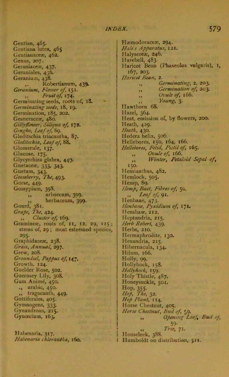 Gentian, 465. Gcntiana lutea, 465 Gentianaceae, 462. Genus, 207. Geraniacere, 437. Geraniales, 436. Geranium, 438. ,, Kobertianum, 439. Geranium, Flower of, 151. „ Fruit of 174. Germinating seeds, roots of, iS. * Germinating seeds, 18, 19. Germination, 185, 202. Gesneraceae, 480. Gillyflower, Siliqua of 172, Gmgho, Leaf of, 89. Gleditschia triacantha, 87. Gleditschia, Leaf of 88. Glonierule, 137. Glucose, 175. Glycyrrhiza glabra, 449. Gnetaceae, 333, 343. Gnetum, 343. Gooseberry, The, 493. Gorse, 449. Gossypium, 398. ,, arboreum, 399- ,, herbaceum, 399. Gourd, 381. Grape, The, 424. ,, Cluster of 169. Gramineae, roots of, 11, 12, 29, 115; stems of, 29 ; most esteemed species, 295- Graphidaceae, 238. Grass, Annual, 297. Grew, 208. Groundsel, Pappus of 147. Growth, 124. Guelder Rose, 502. Guernsey Lily, 308. Gum Anime, 450. ,, arabic, 450. ,, tragacanth, 449. Guttiferales, 405. Gymnogens, 333. Gynandrous, 215. Gynoecium, 163. Habenaria, 317. Habenaria chlorantha, 16c. Haemodoraceae, 294, Hales Apparatus, 121. Halysereae, 246. Harebell, 483. Haricot Bean (Phaseolus vulgaris), !, 167, 203. Haricot Bean, 2. ,, Germinating, 2, 203. ,, Germination of 203. „ Ovule of 166. „ Young, 3. Hawthorn 68. Hazel, 364. Heat, emission of, by flowers, 200. Heath, 429. Heath, 430. Hedera helix, 506. Hellebores, 150, 164, 166. Hellebores, Fetid, Pistil of 165. ,, Ovule of 166. ,, Winter, Petaloid Sepal of, 150. Hemianthus, 482. Hemlock, 505. Hemp, 89. Hemp, Bast, Fibres of 50. „ Leaf of 91. Henbane, 473. Henbane, Pyxidium of 171. Henshaw, 212. Heptandria, 215. Herb Robert, 439. Herbs, 210. Hermaphrodite, 130. Hexandria, 215. Hibernacula, 134. Hilum, 166. Holly, 99. Hollyhock, 158. Hollyhock, 159. Holy Thistle, 4S7. Honeysuckle, 501. Hop, 355- Hop, The, 32. Hop Plant, 114. Horse Chestnut, 405. j Horse Chestnut, Buiil of, 10- ,, Opening Leaf Bud oj, I 59- ft Tree, 7:. I Houseleek, 388. 1 Humboldt on distribution, 511.